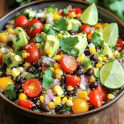 The base of this salad is quinoa. Here’s what you need: - 1 cup quinoa, rinsed and drained - 2 cups vegetable broth or water - 1 can (15 oz) black beans, rinsed and drained - 1 cup corn kernels (fresh or frozen) - 1 red bell pepper, diced - 1 cup cherry tomatoes, halved - 1 avocado, diced - 1/4 cup red onion, finely chopped - 1/4 cup fresh cilantro, chopped These ingredients create a colorful and tasty salad. Quinoa adds protein and fiber. Black beans boost protein too. Corn brings sweetness, while bell peppers offer crunch. You can add fun toppings to make your salad shine. Here are some ideas: - Crumbled feta cheese - Tortilla strips for crunch - Extra cilantro leaves for freshness - Lime wedges for a zesty kick These toppings add more flavor and texture. You can mix and match depending on what you like. The dressing ties everything together. For this salad, I recommend: - Juice of 2 limes - 3 tablespoons olive oil - 1 teaspoon cumin - 1 teaspoon chili powder - Salt and pepper to taste Mix these ingredients well. The lime juice gives a bright flavor. Olive oil adds richness. Cumin and chili powder bring warmth. Just combine everything and pour it over the salad. Toss it gently to coat. For the full recipe, check out the instructions above. To cook quinoa, start with one cup of rinsed quinoa. Add it to a medium saucepan with two cups of vegetable broth or water. Bring this mix to a boil over medium-high heat. Once boiling, lower the heat and cover the pot. Let it simmer for about 15 minutes. The quinoa should be fluffy when done, and all the liquid will be absorbed. After cooking, remove it from heat and let it sit covered for 5 more minutes. Finally, fluff the quinoa with a fork and let it cool. In a large mixing bowl, combine the black beans, corn, diced red bell pepper, halved cherry tomatoes, diced avocado, chopped red onion, and cilantro. These ingredients bring color and flavor to our salad. Make sure to rinse and drain the black beans before adding them. If you use frozen corn, thaw it first. This mix gives a great crunch and a fresh taste. To make the dressing, whisk together the juice of two limes, three tablespoons of olive oil, one teaspoon of cumin, one teaspoon of chili powder, salt, and pepper in a small bowl. This dressing adds zest and ties all the flavors together. Pour the dressing over the salad ingredients in the mixing bowl. Then, add the cooled quinoa to the salad mix. Gently toss everything together until well combined. Taste and adjust the seasoning if needed. Cover the salad and refrigerate for at least 30 minutes. This time lets the flavors blend together beautifully. For the full recipe, check out the detailed instructions above! To make your Southwest Quinoa Salad pop, start with the quinoa. Rinse it well to remove any bitter taste. Use vegetable broth instead of water. This adds extra flavor. Toasting the quinoa in a pan for a few minutes gives it a nice nutty taste. When mixing your salad, try adding a bit more lime juice. A splash of lime brightens the whole dish. Fresh herbs like cilantro add a burst of freshness. If you like heat, add diced jalapeños for a spicy kick. You can also include roasted corn for a sweet, smoky flavor. One common mistake is overcooking the quinoa. This makes it mushy. Cook it just until it's fluffy and the liquid is absorbed. Another mistake is not letting the salad chill. The flavors need time to blend. If you skip refrigeration, your salad may taste flat. Don't forget to taste and adjust seasoning. A little salt can make a big difference. Also, avoid using canned beans without rinsing. This can make your salad too salty and slimy. Serve your salad cold or at room temperature. This keeps the flavors fresh. Use a large bowl to showcase the colors and textures. Garnish with extra cilantro and lime wedges for a nice touch. If you want crunch, sprinkle some tortilla strips on top. You can also add feta cheese for a creamy contrast. For a fun twist, serve it in lettuce cups. This makes for a great party dish or a light meal. For the full recipe, check out the details provided earlier. {{image_2}} This salad is already vegetarian and vegan-friendly. You can enjoy it without meat. The black beans and quinoa add protein. If you want a creamier taste, add a dollop of vegan yogurt or cashew cream. These options keep it fresh and plant-based. You can also add nuts for extra crunch. Good news! Quinoa is naturally gluten-free. Make sure the vegetable broth is gluten-free too. This salad is safe for those avoiding gluten. You can swap black beans with chickpeas if you want. They add a nice twist while keeping it gluten-free. Want to mix it up? You can change the veggies. Try using diced cucumbers or zucchini for a fresh taste. Swap out corn for roasted sweet potatoes for a sweet touch. You can even add fruits like mango for a tropical vibe. Herbs like parsley or basil can also give new flavors. For a spicy kick, toss in jalapeños or hot sauce. The full recipe gives you a great base to start with. To keep your Southwest quinoa salad fresh, place it in an airtight container. Make sure to store it in the fridge. It will stay good for about 3 to 5 days. If you notice any signs of spoilage, like off smells or colors, throw it away. You can freeze quinoa salad, but some ingredients may change texture. To freeze, use a freezer-safe container. Pack the salad tightly to remove air. It can last up to 2 months in the freezer. When you're ready to eat, thaw it in the fridge overnight. Southwest quinoa salad has a short shelf life. Always check for freshness. If it smells bad or looks off, do not eat it. To ensure safety, keep it refrigerated and eat it within a week. Proper storage helps maintain its taste and nutrients. For more details on making this salad, check the Full Recipe. Southwest Quinoa Salad is a tasty dish packed with nutrients. It combines fluffy quinoa, black beans, corn, and fresh veggies. You get a burst of flavor from lime juice, cumin, and chili powder. This salad is colorful and full of health benefits, making it a great choice for any meal. It’s not just filling; it’s also refreshing and light. You can enjoy it as a main dish or as a side. Yes, you can meal prep this salad easily. It stores well in the fridge for up to three days. Just make sure to keep the dressing separate until you're ready to eat. This way, the salad stays fresh and crunchy. You can also make a larger batch for the week. Portion it out in containers for quick and easy lunches. To make the salad spicy, add diced jalapeños or a splash of hot sauce. You can also increase the chili powder in the dressing. If you prefer a milder taste, skip the jalapeños and reduce the chili powder. Another option is to add more avocado or sour cream to balance the heat. Adjusting these ingredients helps you tailor the flavor to your liking. This article covered the key parts of making a great Southwest Quinoa Salad. We explored main ingredients and tasty dressings. I shared steps for cooking quinoa and mixing the salad. Tips helped avoid common mistakes and suggested fun variations. You can easily store or freeze leftovers for later. Southwest Quinoa Salad is not only healthy but also fun to make. Enjoy customizing it to fit your taste and needs. Now, get cooking and enjoy this vibrant dish!
