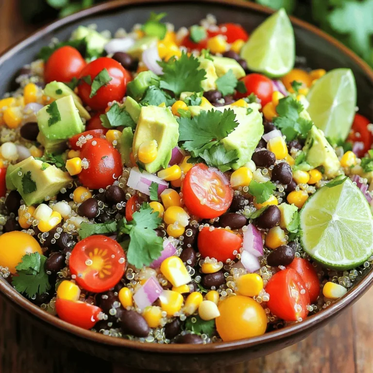 The base of this salad is quinoa. Here’s what you need: - 1 cup quinoa, rinsed and drained - 2 cups vegetable broth or water - 1 can (15 oz) black beans, rinsed and drained - 1 cup corn kernels (fresh or frozen) - 1 red bell pepper, diced - 1 cup cherry tomatoes, halved - 1 avocado, diced - 1/4 cup red onion, finely chopped - 1/4 cup fresh cilantro, chopped These ingredients create a colorful and tasty salad. Quinoa adds protein and fiber. Black beans boost protein too. Corn brings sweetness, while bell peppers offer crunch. You can add fun toppings to make your salad shine. Here are some ideas: - Crumbled feta cheese - Tortilla strips for crunch - Extra cilantro leaves for freshness - Lime wedges for a zesty kick These toppings add more flavor and texture. You can mix and match depending on what you like. The dressing ties everything together. For this salad, I recommend: - Juice of 2 limes - 3 tablespoons olive oil - 1 teaspoon cumin - 1 teaspoon chili powder - Salt and pepper to taste Mix these ingredients well. The lime juice gives a bright flavor. Olive oil adds richness. Cumin and chili powder bring warmth. Just combine everything and pour it over the salad. Toss it gently to coat. For the full recipe, check out the instructions above. To cook quinoa, start with one cup of rinsed quinoa. Add it to a medium saucepan with two cups of vegetable broth or water. Bring this mix to a boil over medium-high heat. Once boiling, lower the heat and cover the pot. Let it simmer for about 15 minutes. The quinoa should be fluffy when done, and all the liquid will be absorbed. After cooking, remove it from heat and let it sit covered for 5 more minutes. Finally, fluff the quinoa with a fork and let it cool. In a large mixing bowl, combine the black beans, corn, diced red bell pepper, halved cherry tomatoes, diced avocado, chopped red onion, and cilantro. These ingredients bring color and flavor to our salad. Make sure to rinse and drain the black beans before adding them. If you use frozen corn, thaw it first. This mix gives a great crunch and a fresh taste. To make the dressing, whisk together the juice of two limes, three tablespoons of olive oil, one teaspoon of cumin, one teaspoon of chili powder, salt, and pepper in a small bowl. This dressing adds zest and ties all the flavors together. Pour the dressing over the salad ingredients in the mixing bowl. Then, add the cooled quinoa to the salad mix. Gently toss everything together until well combined. Taste and adjust the seasoning if needed. Cover the salad and refrigerate for at least 30 minutes. This time lets the flavors blend together beautifully. For the full recipe, check out the detailed instructions above! To make your Southwest Quinoa Salad pop, start with the quinoa. Rinse it well to remove any bitter taste. Use vegetable broth instead of water. This adds extra flavor. Toasting the quinoa in a pan for a few minutes gives it a nice nutty taste. When mixing your salad, try adding a bit more lime juice. A splash of lime brightens the whole dish. Fresh herbs like cilantro add a burst of freshness. If you like heat, add diced jalapeños for a spicy kick. You can also include roasted corn for a sweet, smoky flavor. One common mistake is overcooking the quinoa. This makes it mushy. Cook it just until it's fluffy and the liquid is absorbed. Another mistake is not letting the salad chill. The flavors need time to blend. If you skip refrigeration, your salad may taste flat. Don't forget to taste and adjust seasoning. A little salt can make a big difference. Also, avoid using canned beans without rinsing. This can make your salad too salty and slimy. Serve your salad cold or at room temperature. This keeps the flavors fresh. Use a large bowl to showcase the colors and textures. Garnish with extra cilantro and lime wedges for a nice touch. If you want crunch, sprinkle some tortilla strips on top. You can also add feta cheese for a creamy contrast. For a fun twist, serve it in lettuce cups. This makes for a great party dish or a light meal. For the full recipe, check out the details provided earlier. {{image_2}} This salad is already vegetarian and vegan-friendly. You can enjoy it without meat. The black beans and quinoa add protein. If you want a creamier taste, add a dollop of vegan yogurt or cashew cream. These options keep it fresh and plant-based. You can also add nuts for extra crunch. Good news! Quinoa is naturally gluten-free. Make sure the vegetable broth is gluten-free too. This salad is safe for those avoiding gluten. You can swap black beans with chickpeas if you want. They add a nice twist while keeping it gluten-free. Want to mix it up? You can change the veggies. Try using diced cucumbers or zucchini for a fresh taste. Swap out corn for roasted sweet potatoes for a sweet touch. You can even add fruits like mango for a tropical vibe. Herbs like parsley or basil can also give new flavors. For a spicy kick, toss in jalapeños or hot sauce. The full recipe gives you a great base to start with. To keep your Southwest quinoa salad fresh, place it in an airtight container. Make sure to store it in the fridge. It will stay good for about 3 to 5 days. If you notice any signs of spoilage, like off smells or colors, throw it away. You can freeze quinoa salad, but some ingredients may change texture. To freeze, use a freezer-safe container. Pack the salad tightly to remove air. It can last up to 2 months in the freezer. When you're ready to eat, thaw it in the fridge overnight. Southwest quinoa salad has a short shelf life. Always check for freshness. If it smells bad or looks off, do not eat it. To ensure safety, keep it refrigerated and eat it within a week. Proper storage helps maintain its taste and nutrients. For more details on making this salad, check the Full Recipe. Southwest Quinoa Salad is a tasty dish packed with nutrients. It combines fluffy quinoa, black beans, corn, and fresh veggies. You get a burst of flavor from lime juice, cumin, and chili powder. This salad is colorful and full of health benefits, making it a great choice for any meal. It’s not just filling; it’s also refreshing and light. You can enjoy it as a main dish or as a side. Yes, you can meal prep this salad easily. It stores well in the fridge for up to three days. Just make sure to keep the dressing separate until you're ready to eat. This way, the salad stays fresh and crunchy. You can also make a larger batch for the week. Portion it out in containers for quick and easy lunches. To make the salad spicy, add diced jalapeños or a splash of hot sauce. You can also increase the chili powder in the dressing. If you prefer a milder taste, skip the jalapeños and reduce the chili powder. Another option is to add more avocado or sour cream to balance the heat. Adjusting these ingredients helps you tailor the flavor to your liking. This article covered the key parts of making a great Southwest Quinoa Salad. We explored main ingredients and tasty dressings. I shared steps for cooking quinoa and mixing the salad. Tips helped avoid common mistakes and suggested fun variations. You can easily store or freeze leftovers for later. Southwest Quinoa Salad is not only healthy but also fun to make. Enjoy customizing it to fit your taste and needs. Now, get cooking and enjoy this vibrant dish!