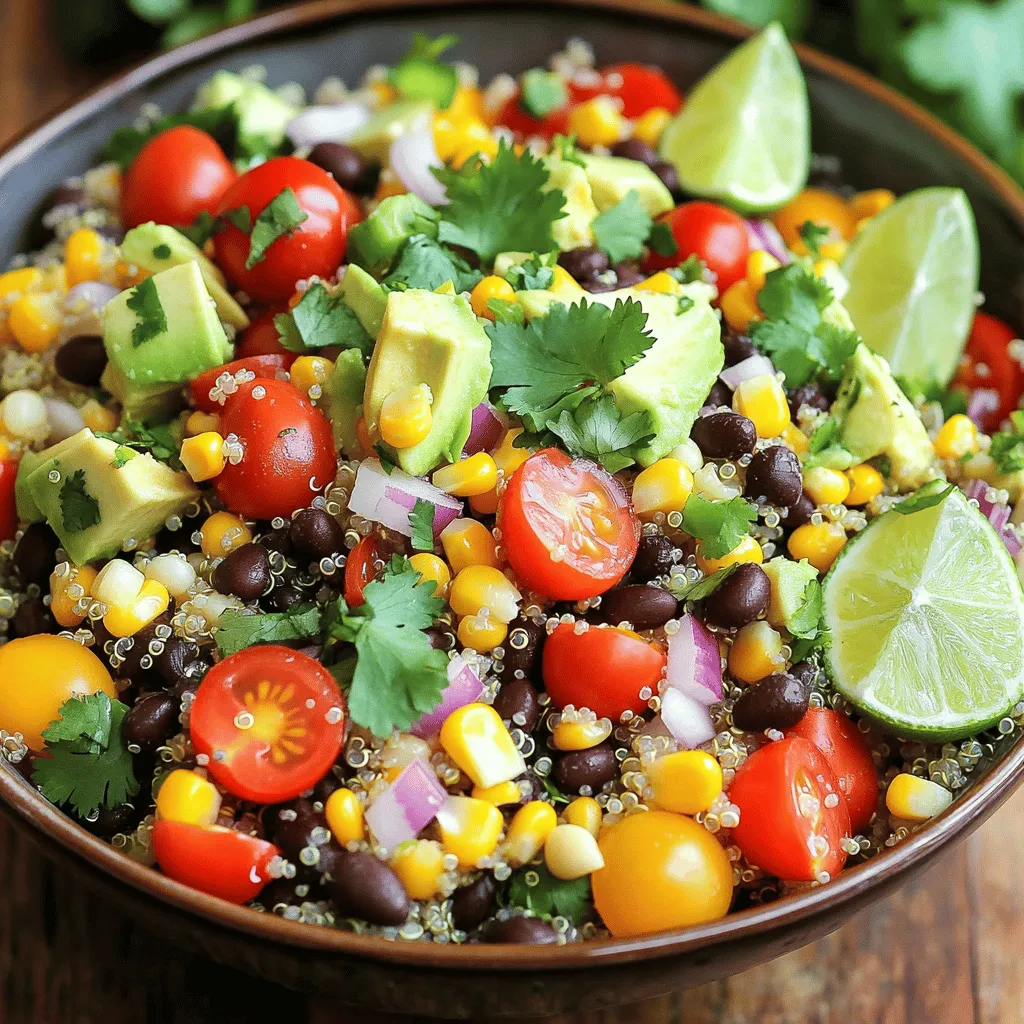 The base of this salad is quinoa. Here’s what you need: - 1 cup quinoa, rinsed and drained - 2 cups vegetable broth or water - 1 can (15 oz) black beans, rinsed and drained - 1 cup corn kernels (fresh or frozen) - 1 red bell pepper, diced - 1 cup cherry tomatoes, halved - 1 avocado, diced - 1/4 cup red onion, finely chopped - 1/4 cup fresh cilantro, chopped These ingredients create a colorful and tasty salad. Quinoa adds protein and fiber. Black beans boost protein too. Corn brings sweetness, while bell peppers offer crunch. You can add fun toppings to make your salad shine. Here are some ideas: - Crumbled feta cheese - Tortilla strips for crunch - Extra cilantro leaves for freshness - Lime wedges for a zesty kick These toppings add more flavor and texture. You can mix and match depending on what you like. The dressing ties everything together. For this salad, I recommend: - Juice of 2 limes - 3 tablespoons olive oil - 1 teaspoon cumin - 1 teaspoon chili powder - Salt and pepper to taste Mix these ingredients well. The lime juice gives a bright flavor. Olive oil adds richness. Cumin and chili powder bring warmth. Just combine everything and pour it over the salad. Toss it gently to coat. For the full recipe, check out the instructions above. To cook quinoa, start with one cup of rinsed quinoa. Add it to a medium saucepan with two cups of vegetable broth or water. Bring this mix to a boil over medium-high heat. Once boiling, lower the heat and cover the pot. Let it simmer for about 15 minutes. The quinoa should be fluffy when done, and all the liquid will be absorbed. After cooking, remove it from heat and let it sit covered for 5 more minutes. Finally, fluff the quinoa with a fork and let it cool. In a large mixing bowl, combine the black beans, corn, diced red bell pepper, halved cherry tomatoes, diced avocado, chopped red onion, and cilantro. These ingredients bring color and flavor to our salad. Make sure to rinse and drain the black beans before adding them. If you use frozen corn, thaw it first. This mix gives a great crunch and a fresh taste. To make the dressing, whisk together the juice of two limes, three tablespoons of olive oil, one teaspoon of cumin, one teaspoon of chili powder, salt, and pepper in a small bowl. This dressing adds zest and ties all the flavors together. Pour the dressing over the salad ingredients in the mixing bowl. Then, add the cooled quinoa to the salad mix. Gently toss everything together until well combined. Taste and adjust the seasoning if needed. Cover the salad and refrigerate for at least 30 minutes. This time lets the flavors blend together beautifully. For the full recipe, check out the detailed instructions above! To make your Southwest Quinoa Salad pop, start with the quinoa. Rinse it well to remove any bitter taste. Use vegetable broth instead of water. This adds extra flavor. Toasting the quinoa in a pan for a few minutes gives it a nice nutty taste. When mixing your salad, try adding a bit more lime juice. A splash of lime brightens the whole dish. Fresh herbs like cilantro add a burst of freshness. If you like heat, add diced jalapeños for a spicy kick. You can also include roasted corn for a sweet, smoky flavor. One common mistake is overcooking the quinoa. This makes it mushy. Cook it just until it's fluffy and the liquid is absorbed. Another mistake is not letting the salad chill. The flavors need time to blend. If you skip refrigeration, your salad may taste flat. Don't forget to taste and adjust seasoning. A little salt can make a big difference. Also, avoid using canned beans without rinsing. This can make your salad too salty and slimy. Serve your salad cold or at room temperature. This keeps the flavors fresh. Use a large bowl to showcase the colors and textures. Garnish with extra cilantro and lime wedges for a nice touch. If you want crunch, sprinkle some tortilla strips on top. You can also add feta cheese for a creamy contrast. For a fun twist, serve it in lettuce cups. This makes for a great party dish or a light meal. For the full recipe, check out the details provided earlier. {{image_2}} This salad is already vegetarian and vegan-friendly. You can enjoy it without meat. The black beans and quinoa add protein. If you want a creamier taste, add a dollop of vegan yogurt or cashew cream. These options keep it fresh and plant-based. You can also add nuts for extra crunch. Good news! Quinoa is naturally gluten-free. Make sure the vegetable broth is gluten-free too. This salad is safe for those avoiding gluten. You can swap black beans with chickpeas if you want. They add a nice twist while keeping it gluten-free. Want to mix it up? You can change the veggies. Try using diced cucumbers or zucchini for a fresh taste. Swap out corn for roasted sweet potatoes for a sweet touch. You can even add fruits like mango for a tropical vibe. Herbs like parsley or basil can also give new flavors. For a spicy kick, toss in jalapeños or hot sauce. The full recipe gives you a great base to start with. To keep your Southwest quinoa salad fresh, place it in an airtight container. Make sure to store it in the fridge. It will stay good for about 3 to 5 days. If you notice any signs of spoilage, like off smells or colors, throw it away. You can freeze quinoa salad, but some ingredients may change texture. To freeze, use a freezer-safe container. Pack the salad tightly to remove air. It can last up to 2 months in the freezer. When you're ready to eat, thaw it in the fridge overnight. Southwest quinoa salad has a short shelf life. Always check for freshness. If it smells bad or looks off, do not eat it. To ensure safety, keep it refrigerated and eat it within a week. Proper storage helps maintain its taste and nutrients. For more details on making this salad, check the Full Recipe. Southwest Quinoa Salad is a tasty dish packed with nutrients. It combines fluffy quinoa, black beans, corn, and fresh veggies. You get a burst of flavor from lime juice, cumin, and chili powder. This salad is colorful and full of health benefits, making it a great choice for any meal. It’s not just filling; it’s also refreshing and light. You can enjoy it as a main dish or as a side. Yes, you can meal prep this salad easily. It stores well in the fridge for up to three days. Just make sure to keep the dressing separate until you're ready to eat. This way, the salad stays fresh and crunchy. You can also make a larger batch for the week. Portion it out in containers for quick and easy lunches. To make the salad spicy, add diced jalapeños or a splash of hot sauce. You can also increase the chili powder in the dressing. If you prefer a milder taste, skip the jalapeños and reduce the chili powder. Another option is to add more avocado or sour cream to balance the heat. Adjusting these ingredients helps you tailor the flavor to your liking. This article covered the key parts of making a great Southwest Quinoa Salad. We explored main ingredients and tasty dressings. I shared steps for cooking quinoa and mixing the salad. Tips helped avoid common mistakes and suggested fun variations. You can easily store or freeze leftovers for later. Southwest Quinoa Salad is not only healthy but also fun to make. Enjoy customizing it to fit your taste and needs. Now, get cooking and enjoy this vibrant dish!