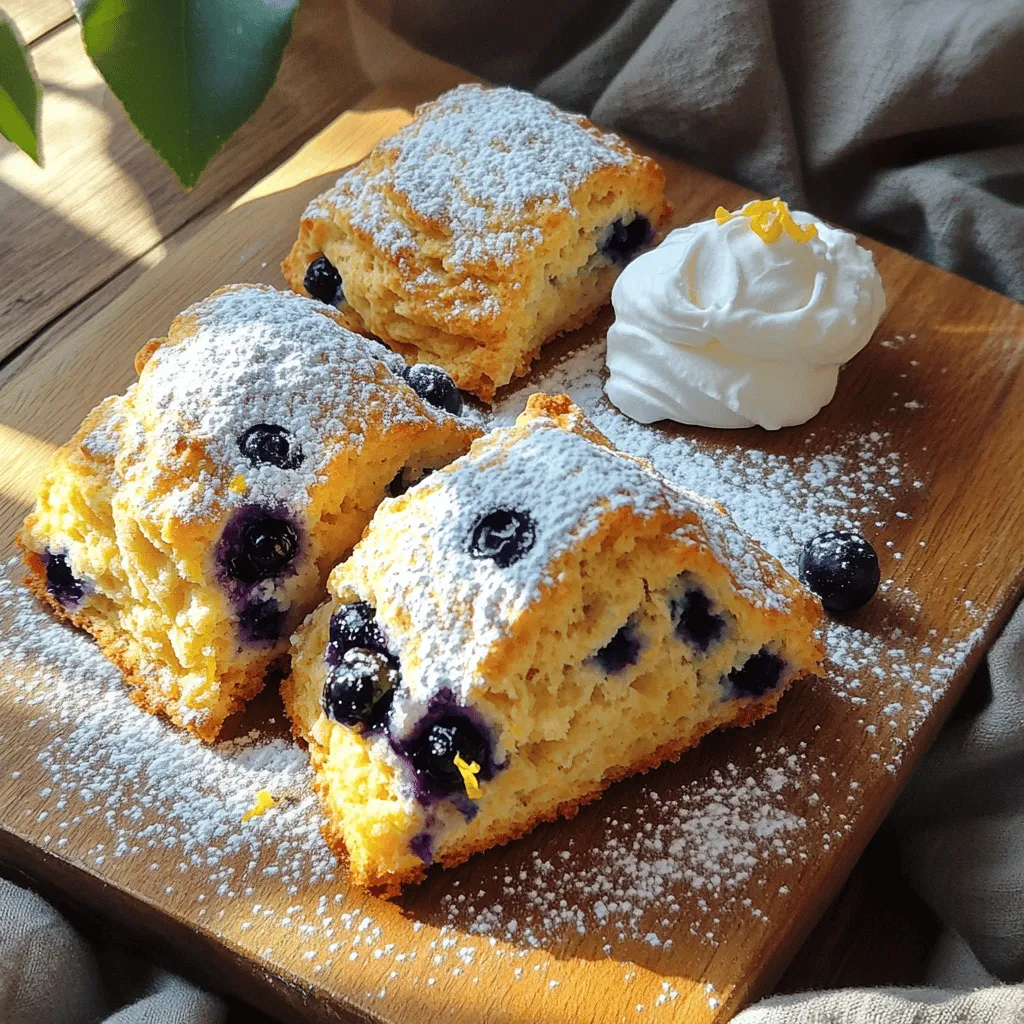 To make these delightful scones, gather the following ingredients: - 2 cups all-purpose flour - 1/4 cup granulated sugar - 1 tablespoon baking powder - 1/2 teaspoon salt - 1/2 cup unsalted butter, cold and cubed - 1/2 cup fresh blueberries (or frozen, if unavailable) - Zest of 1 lemon - 1/2 teaspoon vanilla extract - 1/2 cup heavy cream (plus extra for brushing) - 1 large egg - 1 tablespoon lemon juice These ingredients create a perfect balance of flavors. The lemon zest and blueberries bring freshness, while the butter adds richness. The heavy cream helps keep the scones moist. You can play with flavors by adding optional ingredients. Here are a few ideas: - Lemon zest for extra brightness - A sprinkle of cinnamon for warmth - Chopped nuts for crunch, like walnuts or pecans - A dash of almond extract for a nutty twist These additions can elevate your scones and make each batch unique. Feel free to mix and match to suit your taste. If you don’t have an ingredient on hand, don't worry! Here are some substitutions: - Use whole wheat flour instead of all-purpose flour for a nutty flavor. - Replace unsalted butter with coconut oil for a dairy-free option. - Swap fresh blueberries for dried cranberries for a different fruit experience. - Use plant-based milk instead of heavy cream for a lighter scone. These substitutions keep your scones delicious while catering to dietary needs. Enjoy experimenting with different flavors and textures! For the complete recipe, check the Full Recipe. Start by setting your oven to 400°F (200°C). This step is key for a nice rise. While the oven heats, grab a baking sheet and line it with parchment paper. This will stop the scones from sticking. It also makes clean-up easier. In a big bowl, mix the dry ingredients first. Combine 2 cups of all-purpose flour, 1/4 cup of granulated sugar, 1 tablespoon of baking powder, and 1/2 teaspoon of salt. Use a whisk to blend them well. This will help the baking powder distribute evenly. Next, you will add the wet ingredients. In a separate bowl, whisk together 1/2 cup of heavy cream, 1 large egg, 1 tablespoon of lemon juice, and 1/2 teaspoon of vanilla extract. Make sure to mix them until smooth. Then, set this bowl aside while you work on the dough. Now, let’s combine everything. Add 1/2 cup of cold, cubed butter to the dry mix. Use a pastry cutter or your fingers to blend the butter into the flour mixture. You want it to look like coarse crumbs. After that, gently fold in 1/2 cup of fresh blueberries and the zest of 1 lemon. Be careful not to crush the berries. Pour in the wet mixture and stir gently. It’s okay if there are lumps; don’t overmix. Transfer the dough to a lightly floured surface. Pat it into a circle that is about 1 inch thick. Use a knife to cut the dough into 8 wedges. Place them on your baking sheet, leaving about 2 inches between each one. Brush the tops with a bit of extra cream for a golden finish. Bake for 15 to 20 minutes or until they turn lightly golden brown. To get the best scones, keep these tips in mind: - Use cold butter to create flakiness. - Don’t overwork the dough; this keeps them tender. - For a tasty twist, try adding herbs or spices. This is a simple and fun recipe to follow! For the complete list of instructions, check out the Full Recipe. To make your scones fluffy, start with cold ingredients. Cold butter helps create steam as the scones bake. This steam creates light layers in the scone. Use a pastry cutter or your fingertips to mix the butter into the flour. You want the mixture to look like coarse crumbs. Another key is to avoid overmixing the dough. Mix gently until just combined. A few lumps are okay! This keeps the scones light. Finally, bake your scones right after mixing. The baking powder needs to activate quickly for the best rise. A common mistake is using warm butter. Warm butter leads to dense scones. Always use cold butter. Another mistake is overworking the dough. This can make your scones tough. Remember, mix just until combined. Lastly, don’t skip the lemon zest. It adds a bright flavor that pairs well with blueberries. Without it, your scones may taste flat. To get that perfect golden brown, brush the tops with cream before baking. This helps the tops brown nicely. Bake the scones in a preheated oven at 400°F (200°C). This high heat creates a good rise and a nice crust. Keep an eye on them as they bake. They should take about 15-20 minutes. When they are lightly golden, they are done. For more details, check the Full Recipe. {{image_2}} To make gluten-free lemon blueberry scones, swap the all-purpose flour for a gluten-free blend. Look for a blend that includes xanthan gum. This helps mimic the texture of regular flour. The taste remains bright and fresh. Your scones will still rise well and have that lovely crumb. For a vegan version, replace the butter with coconut oil or vegan butter. Use plant-based milk instead of heavy cream. You can try almond, soy, or oat milk. Swap the egg for a flax egg by mixing one tablespoon of ground flaxseed with three tablespoons of water. This gives you a nice binding agent. The scones will still be soft and flavorful. You can mix up the flavors to keep things fun. Try adding lavender with lemon for a calming twist. Blueberry orange is another great pair. Just replace half the blueberries with fresh orange zest. Each variation keeps the same basic steps from the Full Recipe. This way, you can enjoy new tastes while keeping the joy of lemon blueberry scones alive. After baking your lemon blueberry scones, you may have some left. To keep them fresh, store them in an airtight container. This helps to prevent them from drying out. Place parchment paper between layers if stacking. This keeps them from sticking together. They will stay fresh for about two days at room temperature. For longer storage, consider freezing. To enjoy your leftover scones, reheating is key. Preheat your oven to 350°F (175°C). Place the scones on a baking sheet. Heat them for about 5 to 10 minutes. This restores their warmth and crispness. If you prefer, you can use a microwave. Heat them for about 15 to 20 seconds. However, they may not be as crispy this way. Freezing is a great option for longer storage. To freeze scones, let them cool completely first. Wrap each scone tightly in plastic wrap. Then, place them in a freezer-safe bag. Make sure to remove as much air as possible. They can last up to three months in the freezer. When ready to enjoy, just thaw them overnight in the fridge. You can reheat them in the oven for best results. This way, you’ll have fresh-tasting scones anytime! Yes, you can use frozen blueberries. They’re convenient and still taste great. Just make sure to mix them gently into the dough. This helps keep them intact. If you use frozen berries, do not thaw them first. This keeps your scones from turning blue. To keep your scones moist, avoid overmixing the dough. Mix just until combined. Also, using cold butter helps. It creates steam while baking. This steam makes your scones light and fluffy. Lastly, brush the tops with cream before baking. This adds a nice sheen and keeps them moist. You can enjoy Lemon Blueberry Scones with many tasty sides. Try serving them warm with whipped cream. A dusting of powdered sugar adds sweetness. You can also pair them with lemon curd for extra zest. A cup of tea or coffee makes a lovely drink to enjoy with your scones. For the full recipe and more tips, check out the Full Recipe section. You learned how to make delicious lemon blueberry scones from scratch. We covered essential ingredients, tasty variations, and useful tips. Remember to follow the steps closely for the best results. With practice, your scones will turn out fluffy and flavorful. Store extras properly to enjoy them later. These tips and tricks will help you master this recipe. Enjoy baking and sharing these treats with others!