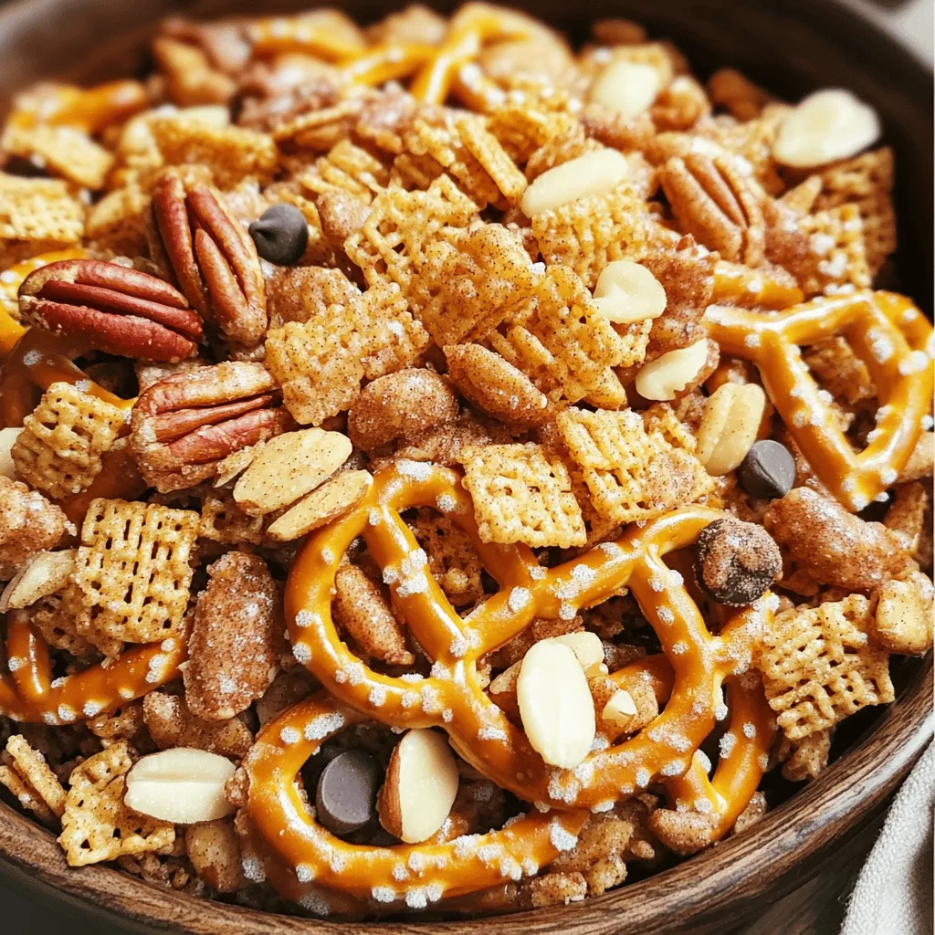 - 2 cups mini pretzels - 2 cups rice cereal squares - 1 cup cinnamon cereal (like Cinnamon Toast Crunch) - 1/2 cup pecans, chopped - 1/2 cup almonds, sliced - 1/4 cup unsalted butter, melted - 1/2 cup granulated sugar - 1 tablespoon ground cinnamon - 1/4 teaspoon salt - 1/2 cup mini chocolate chips (optional) Choosing the right type of pretzels: For this mix, mini pretzels work best. Their small size makes them easy to eat. They add a nice crunch and saltiness that balances the sweetness of the cinnamon sugar. Alternative cereals to use: If you want to switch things up, try different cereals. You can use cornflakes or puffed rice. These will give you a different texture but still taste great. Suggestions for nut substitutes: Allergies? No problem! You can skip nuts or swap them for seeds. Sunflower seeds or pumpkin seeds are good choices. They add crunch and flavor without the nut allergy risk. This mix is fun to make and even more fun to eat. For the full recipe, check below! First, you need to preheat the oven to 350°F (175°C). This step is key. It ensures your snack mix bakes evenly. While the oven heats up, grab a large mixing bowl. In the bowl, mix together your mini pretzels, rice cereal squares, cinnamon cereal, chopped pecans, and sliced almonds. Stir the dry ingredients gently. You want everything to blend well without breaking the pretzels. Now, let’s create the cinnamon sugar coating. In another bowl, mix the melted butter, granulated sugar, ground cinnamon, and salt. Stir until it’s well blended. Pour this sweet mixture over your pretzel and cereal mix. Use a spatula to gently coat every piece. This step is important for the flavor. Next, spread the coated mix onto a parchment-lined baking sheet. Make sure it’s in a single layer. Bake it in your preheated oven for 10-12 minutes. Stir halfway through. This helps it toast evenly. Keep a close eye on it to avoid burning. Cooling is vital for the right texture. Once it's out of the oven, let it sit on the baking sheet. Allow it to cool completely. As it cools, the mix will become crisp. After it cools, if you like, stir in mini chocolate chips for a sweet touch. To store your snack mix, place it in an airtight container. This keeps it fresh for longer. Enjoy your crunchy delight with friends or family! To achieve the ideal crunch in your snack mix, keep these points in mind: - Baking Temperature: Always use a steady oven at 350°F. This helps the mix dry and crisp perfectly. - Stirring: Stir halfway through baking. This ensures even toasting and prevents burning. Adjusting sweetness can make a big difference. Here’s how: - Sugar Levels: Start with the recipe's sugar amount. You can always add more later. - Taste Test: Before baking, taste the mixture. This helps you find your perfect sweetness level. Overbaking is a common error. Here’s how to avoid it: - Watch the Time: Bake for only 10-12 minutes. Check it often to prevent darkening. - Smell Test: If you smell burning, take it out right away. Ingredient proportions also matter. Be careful with these: - Too Many Nuts: Adding too many nuts can make the mix heavy. Stick to the amounts listed. - Too Much Butter: Extra butter can make it greasy. Follow the recipe closely for best results. Want to make your snack mix even better? Here are some ideas: - Additional Flavors: Try adding a pinch of nutmeg or a dash of vanilla extract. These flavors can give a nice twist. - Toppings or Mix-Ins: Consider adding dried fruits, like cranberries or raisins. They can add a sweet and chewy contrast to the crunch. With these tips, your Cinnamon Sugar Pretzel Snack Mix will be a hit. Enjoy your delicious creation! {{image_2}} You can change your Cinnamon Sugar Pretzel Snack Mix for any season. Adding dried fruits makes it chewier and sweeter. Try raisins, cranberries, or apricots. They add a pop of color too. You can also toss in holiday-themed spices. Nutmeg gives a warm flavor, perfect for winter. A pinch of allspice adds a nice bite for fall. These small changes keep your mix exciting and fun. Sometimes, people need special diets. If you want a gluten-free mix, use gluten-free pretzels and cereals. Many brands offer these tasty options now. For nut-free snacks, simply swap out the nuts for seeds. Sunflower seeds or pumpkin seeds work well. They add crunch without the worry of allergies. These adjustments make your snack mix safe and enjoyable for everyone. Get creative with flavors! You can mix sweet and savory for a unique taste. Try adding cheese crackers or pretzel crisps. They will balance the sweetness of the cinnamon sugar. If you like a little heat, add some chili powder or cayenne pepper. A hint of spice can make your snack mix exciting. These flavor twists can surprise your taste buds and keep things interesting. For the full recipe, check out the Full Recipe section. To keep your Cinnamon Sugar Pretzel Snack Mix fresh, store it in an airtight container. This helps prevent air and moisture from getting in. I like using glass jars or plastic bins with tight lids. They work great! You can also use resealable plastic bags if you want to save space. Make sure to squeeze out all the air before sealing. When stored properly, your snack mix can last about two weeks. If you notice any off smells or a change in texture, it might be time to toss it. Signs of spoilage include a soft texture or loss of crunch. If it gets too soft, it won't be as tasty. If your snack mix loses its crunch, you can easily fix it. Reheat it in the oven at 350°F (175°C) for about five minutes. This brings back the crispiness. You can also use a microwave. Just place a small amount on a plate and heat it for 15-20 seconds. The oven method works better for keeping that great crunch! For the full recipe, check out the detailed instructions above. You can easily make this snack mix vegan. First, swap the unsalted butter for coconut oil or a vegan butter. Both options work well and still give that rich taste. For the chocolate chips, look for dairy-free options. Many brands offer tasty vegan chocolate chips that will fit perfectly in your mix. These simple swaps keep the flavor high and the ingredients plant-based. Yes, you can prepare this snack mix in advance. Make the mix and bake it, just like the recipe shows. Once it cools, store it in an airtight container. This will keep it fresh for up to a week. If you need to make it even earlier, you can freeze it. Just let it cool completely, then place it in a freezer-safe bag. When you want to eat it, thaw it at room temperature. You can find pre-made snack mixes in many stores. Look in the snack aisle or the bakery section. Brands like Chex Mix and Snyder's often have similar products. You can also check local health food stores. They might have unique, artisanal mixes that fit your taste. If you want a less sweet snack mix, reduce the sugar. Try cutting the granulated sugar in half. You can also use less cinnamon, as it adds sweetness too. If you like, add a pinch of salt to balance the flavors. This helps to keep the taste bright without all the sugar. In this blog post, we explored how to make a tasty Cinnamon Sugar Pretzel Snack Mix. We covered the key ingredients, the right preparation methods, and ways to elevate your mix. You learned tips for perfecting texture and common mistakes to avoid. Finally, we discussed variations for dietary needs and flavor combinations. Now, it’s time to get creative. Enjoy making this fun snack your way. Happy mixing!