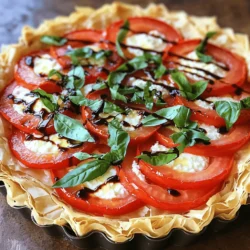 To make a fresh tomato basil tart, gather these ingredients: - 1 pre-made phyllo pastry sheet or pie crust - 4 medium ripe tomatoes, sliced - 1 cup fresh basil leaves, chopped - 1 cup ricotta cheese - 1 cup shredded mozzarella cheese - 2 tablespoons olive oil - 1 teaspoon garlic powder - Salt and pepper to taste - Optional: Balsamic glaze for drizzling Ripe tomatoes are key for flavor. Look for firm, red tomatoes. They should feel heavy for their size. Fresh basil adds a sweet, fragrant touch. Always use whole leaves for the best taste. Ricotta cheese gives a creamy base. It blends well with the garlic and salt. Mozzarella melts beautifully. This cheese adds a nice texture and stretch. Olive oil adds richness. It helps the crust brown and taste great. You can swap ricotta for cottage cheese if you want a lighter option. Cream cheese works too, but it may change the taste. For mozzarella, try provolone or gouda for a different flavor. If you don't have fresh basil, dried basil can work, but use less. Just remember, dried herbs are stronger. You can also use a gluten-free crust if needed. This tart is flexible. Feel free to get creative with your choices! Start by gathering your ingredients. You need a phyllo pastry sheet or a pie crust, ripe tomatoes, fresh basil, ricotta cheese, and mozzarella cheese. You also need olive oil, garlic powder, salt, and pepper. 1. Preheat your oven to 375°F (190°C). This step is key for a crispy crust. 2. If you use phyllo pastry, take 4-5 sheets. Layer them in a tart pan. Brush each layer with olive oil. If you go with a pie crust, just place it in the pan and crimp the edges. Now, it’s time to assemble your tart. 1. In a bowl, mix ricotta cheese, garlic powder, salt, and pepper. Stir well to combine. 2. Spread this mixture evenly on your prepared pastry base. 3. Layer sliced tomatoes over the ricotta. Overlap them slightly for a nice look. 4. Sprinkle mozzarella cheese on top of the tomatoes. Then, add the chopped basil. 5. Drizzle the remaining olive oil over everything. Next, place your tart in the oven. Bake it for 25-30 minutes. You want the crust to be golden and the cheese bubbly. To make this dish shine, follow these tips: - Make sure your tomatoes are ripe. This gives the best flavor. - Don’t skip the olive oil; it adds richness to the tart. - Let the tart cool a bit after baking. This helps with slicing. For more detail on ingredients and methods, check out the Full Recipe. To get a flaky crust, start with cold ingredients. Use cold butter or oil. If you use phyllo pastry, layer it gently. Brush each layer with olive oil. This will help keep the layers separate. If you use a pie crust, avoid overworking the dough. Work quickly and chill it before baking to help it stay flaky. To keep your tomatoes from making the tart soggy, salt them first. Slice the tomatoes and sprinkle salt on both sides. Let them rest on a paper towel for about 15 minutes. This draws out extra moisture. You can also use Roma tomatoes. They have less juice and are firmer. Serve your fresh tomato basil tart warm or at room temperature. Drizzle with balsamic glaze for a sweet touch. Pair it with a fresh salad for a light meal. You can also serve it as an appetizer. Cut it into small pieces for easy sharing. This tart is great for lunch, dinner, or even a picnic. Enjoy it with friends and family! {{image_2}} You can change the ingredients in your Fresh Tomato Basil Tart to fit your taste. Instead of ricotta, try goat cheese for a tangy flavor. You can also use feta cheese for a salty kick. If you want more protein, add cooked chicken or bacon. For a dairy-free version, swap cheeses with almond or cashew cream. This tart works well with other fresh veggies. In the fall, add roasted pumpkin or squash. In the spring, use asparagus or zucchini. In winter, try adding sautéed spinach or kale. You can also mix in different herbs like oregano or thyme for a unique twist. To make this tart a full meal, serve it with a side salad. You can also add protein to the tart itself. Cooked shrimp or crumbled sausage can boost flavor and nutrition. If you want something hearty, serve it with a warm soup. This dish can easily become the star of your table. For the full recipe, check out the steps above. To store leftover Fresh Tomato Basil Tart, let it cool first. Then, place it in an airtight container. You can keep it in the fridge for up to three days. If you want to save it longer, freezing is a great option. Just make sure to wrap it tightly in plastic wrap or foil. When you're ready to enjoy the tart again, preheat your oven to 350°F (175°C). Place the tart on a baking sheet and cover it with foil. This keeps the crust from getting too brown. Heat for about 15-20 minutes. Check if it's warm all the way through. You can also use a microwave, but the crust won't stay as crisp. If you want to freeze the tart, it's best to do this before baking it. Prepare the tart as usual, but don't bake it. Wrap it tightly in plastic wrap, then in foil. You can freeze it for up to two months. When you're ready to bake it, remove the wrap, and bake it straight from the freezer. Just add an extra 10-15 minutes to the bake time. For the full recipe, check out the detailed steps. If you don’t have ricotta, use cottage cheese. Blend it to make it smooth. Cream cheese is another good choice. Mix with a bit of milk for a lighter texture. You can also try goat cheese. It adds a nice tangy flavor. Yes! You can prepare the tart in advance. Assemble it the night before. Cover it tightly with plastic wrap. Store it in the fridge until you are ready to bake. Bake it fresh the next day for the best taste. To avoid sticking, grease the tart pan well with olive oil. If using phyllo pastry, brush each layer with oil. This helps keep it from sticking. You can also use parchment paper on the bottom. This makes it easy to lift out the tart. In this blog post, I covered how to make a Fresh Tomato Basil Tart. We discussed the key ingredients, steps for preparation, and baking. Tips for a perfect crust and keeping tomatoes crisp were shared. I also offered variations to suit your taste and smart storage tips. With these insights, you can create a tasty tart that impresses. Enjoy experimenting with flavors and making it your own!