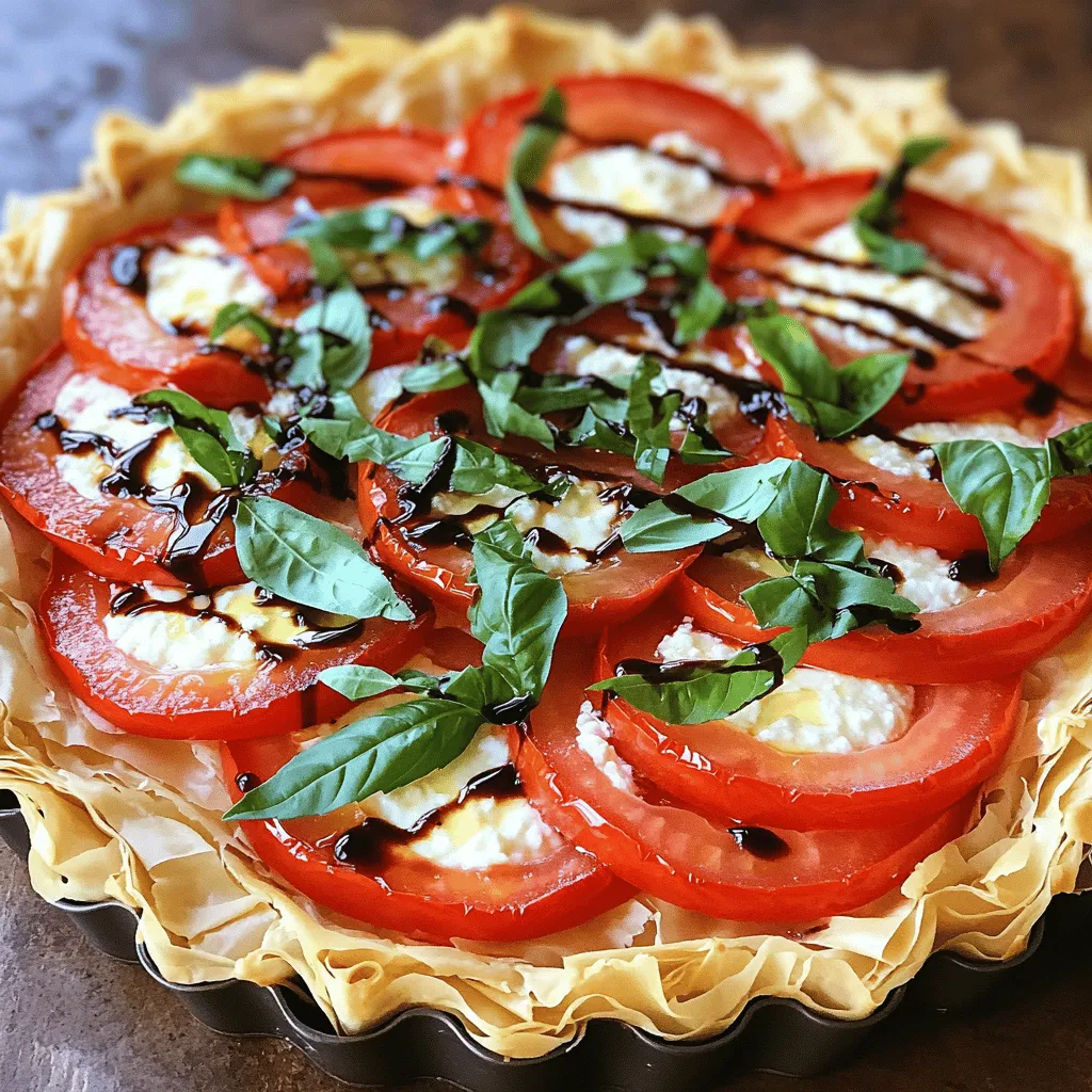 To make a fresh tomato basil tart, gather these ingredients: - 1 pre-made phyllo pastry sheet or pie crust - 4 medium ripe tomatoes, sliced - 1 cup fresh basil leaves, chopped - 1 cup ricotta cheese - 1 cup shredded mozzarella cheese - 2 tablespoons olive oil - 1 teaspoon garlic powder - Salt and pepper to taste - Optional: Balsamic glaze for drizzling Ripe tomatoes are key for flavor. Look for firm, red tomatoes. They should feel heavy for their size. Fresh basil adds a sweet, fragrant touch. Always use whole leaves for the best taste. Ricotta cheese gives a creamy base. It blends well with the garlic and salt. Mozzarella melts beautifully. This cheese adds a nice texture and stretch. Olive oil adds richness. It helps the crust brown and taste great. You can swap ricotta for cottage cheese if you want a lighter option. Cream cheese works too, but it may change the taste. For mozzarella, try provolone or gouda for a different flavor. If you don't have fresh basil, dried basil can work, but use less. Just remember, dried herbs are stronger. You can also use a gluten-free crust if needed. This tart is flexible. Feel free to get creative with your choices! Start by gathering your ingredients. You need a phyllo pastry sheet or a pie crust, ripe tomatoes, fresh basil, ricotta cheese, and mozzarella cheese. You also need olive oil, garlic powder, salt, and pepper. 1. Preheat your oven to 375°F (190°C). This step is key for a crispy crust. 2. If you use phyllo pastry, take 4-5 sheets. Layer them in a tart pan. Brush each layer with olive oil. If you go with a pie crust, just place it in the pan and crimp the edges. Now, it’s time to assemble your tart. 1. In a bowl, mix ricotta cheese, garlic powder, salt, and pepper. Stir well to combine. 2. Spread this mixture evenly on your prepared pastry base. 3. Layer sliced tomatoes over the ricotta. Overlap them slightly for a nice look. 4. Sprinkle mozzarella cheese on top of the tomatoes. Then, add the chopped basil. 5. Drizzle the remaining olive oil over everything. Next, place your tart in the oven. Bake it for 25-30 minutes. You want the crust to be golden and the cheese bubbly. To make this dish shine, follow these tips: - Make sure your tomatoes are ripe. This gives the best flavor. - Don’t skip the olive oil; it adds richness to the tart. - Let the tart cool a bit after baking. This helps with slicing. For more detail on ingredients and methods, check out the Full Recipe. To get a flaky crust, start with cold ingredients. Use cold butter or oil. If you use phyllo pastry, layer it gently. Brush each layer with olive oil. This will help keep the layers separate. If you use a pie crust, avoid overworking the dough. Work quickly and chill it before baking to help it stay flaky. To keep your tomatoes from making the tart soggy, salt them first. Slice the tomatoes and sprinkle salt on both sides. Let them rest on a paper towel for about 15 minutes. This draws out extra moisture. You can also use Roma tomatoes. They have less juice and are firmer. Serve your fresh tomato basil tart warm or at room temperature. Drizzle with balsamic glaze for a sweet touch. Pair it with a fresh salad for a light meal. You can also serve it as an appetizer. Cut it into small pieces for easy sharing. This tart is great for lunch, dinner, or even a picnic. Enjoy it with friends and family! {{image_2}} You can change the ingredients in your Fresh Tomato Basil Tart to fit your taste. Instead of ricotta, try goat cheese for a tangy flavor. You can also use feta cheese for a salty kick. If you want more protein, add cooked chicken or bacon. For a dairy-free version, swap cheeses with almond or cashew cream. This tart works well with other fresh veggies. In the fall, add roasted pumpkin or squash. In the spring, use asparagus or zucchini. In winter, try adding sautéed spinach or kale. You can also mix in different herbs like oregano or thyme for a unique twist. To make this tart a full meal, serve it with a side salad. You can also add protein to the tart itself. Cooked shrimp or crumbled sausage can boost flavor and nutrition. If you want something hearty, serve it with a warm soup. This dish can easily become the star of your table. For the full recipe, check out the steps above. To store leftover Fresh Tomato Basil Tart, let it cool first. Then, place it in an airtight container. You can keep it in the fridge for up to three days. If you want to save it longer, freezing is a great option. Just make sure to wrap it tightly in plastic wrap or foil. When you're ready to enjoy the tart again, preheat your oven to 350°F (175°C). Place the tart on a baking sheet and cover it with foil. This keeps the crust from getting too brown. Heat for about 15-20 minutes. Check if it's warm all the way through. You can also use a microwave, but the crust won't stay as crisp. If you want to freeze the tart, it's best to do this before baking it. Prepare the tart as usual, but don't bake it. Wrap it tightly in plastic wrap, then in foil. You can freeze it for up to two months. When you're ready to bake it, remove the wrap, and bake it straight from the freezer. Just add an extra 10-15 minutes to the bake time. For the full recipe, check out the detailed steps. If you don’t have ricotta, use cottage cheese. Blend it to make it smooth. Cream cheese is another good choice. Mix with a bit of milk for a lighter texture. You can also try goat cheese. It adds a nice tangy flavor. Yes! You can prepare the tart in advance. Assemble it the night before. Cover it tightly with plastic wrap. Store it in the fridge until you are ready to bake. Bake it fresh the next day for the best taste. To avoid sticking, grease the tart pan well with olive oil. If using phyllo pastry, brush each layer with oil. This helps keep it from sticking. You can also use parchment paper on the bottom. This makes it easy to lift out the tart. In this blog post, I covered how to make a Fresh Tomato Basil Tart. We discussed the key ingredients, steps for preparation, and baking. Tips for a perfect crust and keeping tomatoes crisp were shared. I also offered variations to suit your taste and smart storage tips. With these insights, you can create a tasty tart that impresses. Enjoy experimenting with flavors and making it your own!