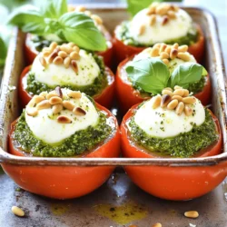 To make Pesto Mozzarella Stuffed Tomatoes, gather these fresh ingredients: - 4 large ripe tomatoes - 1 cup fresh mozzarella balls (bocconcini) - 1/2 cup fresh basil pesto - 1/4 cup grated Parmesan cheese - 1/4 cup pine nuts, toasted - Salt and pepper to taste - Fresh basil leaves for garnish Optional ingredients for added flavor could include: - A splash of balsamic glaze for drizzling - Crushed red pepper for heat - Chopped sun-dried tomatoes for a tangy twist Each ingredient plays a key role in the dish's flavor. The ripe tomatoes provide a juicy base, while the mozzarella adds creaminess. Fresh basil pesto gives it a burst of herbal flavor. Parmesan offers a savory note, and toasted pine nuts add a delightful crunch. Using quality ingredients makes a big difference. Enjoy your cooking! For the complete process, check the Full Recipe. First, let's prep the tomatoes. Start by preheating your oven to 375°F (190°C). Take the large, ripe tomatoes and slice off the tops. Next, carefully scoop out the insides using a spoon. Leave about 1/4 inch of the shell intact. Discard the seeds and pulp, or save them for another dish. Now, let's create the stuffing. In a medium bowl, combine the fresh mozzarella balls, basil pesto, grated Parmesan cheese, and toasted pine nuts. Mix everything together until well combined. Don't forget to season it with salt and pepper to taste. This mixture will be the star of your dish! It's time to bake! Stuff each hollowed tomato generously with your mozzarella and pesto mixture. Arrange the stuffed tomatoes in a baking dish, standing upright. Bake them in your preheated oven for about 20-25 minutes. You’ll know they are done when the tomatoes are tender and the cheese is melted and bubbly. Once baked, remove the dish from the oven and let the tomatoes cool slightly. This lets the flavors settle. For a beautiful finish, garnish with fresh basil leaves before serving. You’ll enjoy the vibrant colors and rich flavors of this dish! For the full recipe, check out the details above. How to choose the best tomatoes Pick ripe tomatoes that feel firm but not hard. Look for bright colors, like red or yellow. Make sure the skin is smooth and free from blemishes. The best tomatoes are in season, usually in summer. Heirloom tomatoes also add great flavor and color. Avoiding common mistakes while stuffing First, scoop out just enough insides to hold the filling. Don’t make the shell too thin, or it will break. Season the inside of the tomatoes lightly with salt. This helps enhance the flavor. Fill each tomato fully but don’t overstuff, or they can burst. Handling hot ingredients and baking dishes Always use oven mitts when dealing with hot dishes. Let baked tomatoes cool for a few minutes before touching them. Be careful when removing them from the oven; the steam can burn. Use a sturdy baking dish to prevent spills. Enjoy your cooking safely! {{image_2}} If you want to mix things up, consider these swaps for mozzarella and pesto. For the mozzarella, you can use burrata or feta. Burrata gives a creamy touch, while feta adds a salty kick. If you prefer a dairy-free option, try cashew cheese or any nut-based cheese. For pesto, you can use arugula pesto or spinach pesto. Both options provide a fresh taste. If you want a vegan twist, opt for a store-bought vegan pesto. Just check the label to ensure it fits your diet. These pesto mozzarella stuffed tomatoes shine when served with a side salad. A simple green salad pairs nicely with their rich flavor. You can also serve them with crusty bread. This adds a nice crunch to the meal. When it comes to presentation, you can get creative. Place the stuffed tomatoes on a bright platter. Drizzle some olive oil around them for color. Add a sprinkle of toasted pine nuts on top for extra flair. This makes each plate look stunning and appetizing. For the full recipe, check the details above. Enjoy your cooking! To store your pesto mozzarella stuffed tomatoes, first let them cool completely. Place the tomatoes in an airtight container. You can keep them in the fridge for up to three days. If you want to reheat them, set your oven to 350°F (175°C). Bake for about 10 minutes or until they are warm. You can also use a microwave for quick reheating. Just be careful not to overheat, or the tomatoes may become mushy. If you want to save some stuffed tomatoes for later, freezing is a great option. Start by cooling the tomatoes completely after baking. Then, wrap each tomato in plastic wrap. Place the wrapped tomatoes in a freezer-safe bag or container. They can last for up to three months in the freezer. To enjoy later, take them out and thaw in the fridge overnight. Reheat them in the oven for the best taste. Enjoy the freshness of your pesto mozzarella stuffed tomatoes anytime! For the full recipe, check out the main article. How do I know when the tomatoes are done? You can tell when the tomatoes are done by their look and feel. They should be soft and tender. The cheese on top will bubble and turn golden. This usually takes about 20-25 minutes in the oven. Can I make this recipe ahead of time? Yes, you can prepare the tomatoes a few hours early. Just stuff them, then cover and chill in the fridge. When ready, bake them as directed. This saves time if you have guests. What other cheeses can I use in the stuffing? You can try different cheeses like goat cheese or feta. These add a nice tang. Cheddar or Gruyère also work well for a richer flavor. Mix and match to find your favorite! What to do if the cheese doesn't melt properly? If the cheese doesn't melt, check your oven temperature. Make sure it’s hot enough at 375°F (190°C). You can also broil the tomatoes for a minute to help melt the cheese faster. Just watch closely so it doesn’t burn! Why are my tomatoes too watery? Watery tomatoes can happen if they are overripe. To fix this, scoop out more seeds and juice before stuffing. This helps keep the filling in place. You can also use firmer tomatoes for better results. This blog post covered everything you need for stuffed tomatoes. We explored ingredients, preparation steps, and cooking methods. I shared tips on choosing the best tomatoes and avoiding mistakes. We also discussed variations, serving ideas, and how to store leftovers or freeze them. Remember, stuffed tomatoes are versatile and easy to make. You can customize the recipe to match your taste. Enjoy creating this dish that is sure to impress!