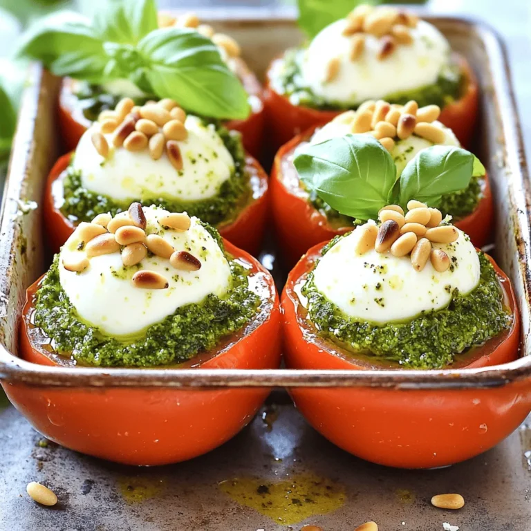To make Pesto Mozzarella Stuffed Tomatoes, gather these fresh ingredients: - 4 large ripe tomatoes - 1 cup fresh mozzarella balls (bocconcini) - 1/2 cup fresh basil pesto - 1/4 cup grated Parmesan cheese - 1/4 cup pine nuts, toasted - Salt and pepper to taste - Fresh basil leaves for garnish Optional ingredients for added flavor could include: - A splash of balsamic glaze for drizzling - Crushed red pepper for heat - Chopped sun-dried tomatoes for a tangy twist Each ingredient plays a key role in the dish's flavor. The ripe tomatoes provide a juicy base, while the mozzarella adds creaminess. Fresh basil pesto gives it a burst of herbal flavor. Parmesan offers a savory note, and toasted pine nuts add a delightful crunch. Using quality ingredients makes a big difference. Enjoy your cooking! For the complete process, check the Full Recipe. First, let's prep the tomatoes. Start by preheating your oven to 375°F (190°C). Take the large, ripe tomatoes and slice off the tops. Next, carefully scoop out the insides using a spoon. Leave about 1/4 inch of the shell intact. Discard the seeds and pulp, or save them for another dish. Now, let's create the stuffing. In a medium bowl, combine the fresh mozzarella balls, basil pesto, grated Parmesan cheese, and toasted pine nuts. Mix everything together until well combined. Don't forget to season it with salt and pepper to taste. This mixture will be the star of your dish! It's time to bake! Stuff each hollowed tomato generously with your mozzarella and pesto mixture. Arrange the stuffed tomatoes in a baking dish, standing upright. Bake them in your preheated oven for about 20-25 minutes. You’ll know they are done when the tomatoes are tender and the cheese is melted and bubbly. Once baked, remove the dish from the oven and let the tomatoes cool slightly. This lets the flavors settle. For a beautiful finish, garnish with fresh basil leaves before serving. You’ll enjoy the vibrant colors and rich flavors of this dish! For the full recipe, check out the details above. How to choose the best tomatoes Pick ripe tomatoes that feel firm but not hard. Look for bright colors, like red or yellow. Make sure the skin is smooth and free from blemishes. The best tomatoes are in season, usually in summer. Heirloom tomatoes also add great flavor and color. Avoiding common mistakes while stuffing First, scoop out just enough insides to hold the filling. Don’t make the shell too thin, or it will break. Season the inside of the tomatoes lightly with salt. This helps enhance the flavor. Fill each tomato fully but don’t overstuff, or they can burst. Handling hot ingredients and baking dishes Always use oven mitts when dealing with hot dishes. Let baked tomatoes cool for a few minutes before touching them. Be careful when removing them from the oven; the steam can burn. Use a sturdy baking dish to prevent spills. Enjoy your cooking safely! {{image_2}} If you want to mix things up, consider these swaps for mozzarella and pesto. For the mozzarella, you can use burrata or feta. Burrata gives a creamy touch, while feta adds a salty kick. If you prefer a dairy-free option, try cashew cheese or any nut-based cheese. For pesto, you can use arugula pesto or spinach pesto. Both options provide a fresh taste. If you want a vegan twist, opt for a store-bought vegan pesto. Just check the label to ensure it fits your diet. These pesto mozzarella stuffed tomatoes shine when served with a side salad. A simple green salad pairs nicely with their rich flavor. You can also serve them with crusty bread. This adds a nice crunch to the meal. When it comes to presentation, you can get creative. Place the stuffed tomatoes on a bright platter. Drizzle some olive oil around them for color. Add a sprinkle of toasted pine nuts on top for extra flair. This makes each plate look stunning and appetizing. For the full recipe, check the details above. Enjoy your cooking! To store your pesto mozzarella stuffed tomatoes, first let them cool completely. Place the tomatoes in an airtight container. You can keep them in the fridge for up to three days. If you want to reheat them, set your oven to 350°F (175°C). Bake for about 10 minutes or until they are warm. You can also use a microwave for quick reheating. Just be careful not to overheat, or the tomatoes may become mushy. If you want to save some stuffed tomatoes for later, freezing is a great option. Start by cooling the tomatoes completely after baking. Then, wrap each tomato in plastic wrap. Place the wrapped tomatoes in a freezer-safe bag or container. They can last for up to three months in the freezer. To enjoy later, take them out and thaw in the fridge overnight. Reheat them in the oven for the best taste. Enjoy the freshness of your pesto mozzarella stuffed tomatoes anytime! For the full recipe, check out the main article. How do I know when the tomatoes are done? You can tell when the tomatoes are done by their look and feel. They should be soft and tender. The cheese on top will bubble and turn golden. This usually takes about 20-25 minutes in the oven. Can I make this recipe ahead of time? Yes, you can prepare the tomatoes a few hours early. Just stuff them, then cover and chill in the fridge. When ready, bake them as directed. This saves time if you have guests. What other cheeses can I use in the stuffing? You can try different cheeses like goat cheese or feta. These add a nice tang. Cheddar or Gruyère also work well for a richer flavor. Mix and match to find your favorite! What to do if the cheese doesn't melt properly? If the cheese doesn't melt, check your oven temperature. Make sure it’s hot enough at 375°F (190°C). You can also broil the tomatoes for a minute to help melt the cheese faster. Just watch closely so it doesn’t burn! Why are my tomatoes too watery? Watery tomatoes can happen if they are overripe. To fix this, scoop out more seeds and juice before stuffing. This helps keep the filling in place. You can also use firmer tomatoes for better results. This blog post covered everything you need for stuffed tomatoes. We explored ingredients, preparation steps, and cooking methods. I shared tips on choosing the best tomatoes and avoiding mistakes. We also discussed variations, serving ideas, and how to store leftovers or freeze them. Remember, stuffed tomatoes are versatile and easy to make. You can customize the recipe to match your taste. Enjoy creating this dish that is sure to impress!