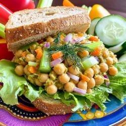 - 1 can (15 oz) chickpeas, drained and rinsed - 2 tablespoons mayonnaise (or vegan alternative) - 1 tablespoon Dijon mustard - 1 celery stalk, finely chopped - 1 small red onion, finely chopped - 1 small carrot, grated - 1 tablespoon fresh dill, chopped (or 1 teaspoon dried dill) - 1 tablespoon lemon juice - Salt and pepper to taste - 4 slices whole grain bread - Lettuce leaves, for garnish - Calories per serving: About 350 calories - Macronutrient breakdown: 15g protein, 10g fat, 55g carbs - Dietary considerations: This recipe is vegan and can be made gluten-free with the right bread. I love how simple this chickpea salad sandwich is. The chickpeas are full of protein and fiber. They make a great base. The mayonnaise and mustard add creaminess and a nice zing. I often use vegan mayo for a plant-based option. The celery gives a nice crunch, while the red onion adds some sharpness. Grated carrot brings a touch of sweetness. Fresh dill adds a burst of flavor that brightens everything up. You can adjust the salt and pepper to your taste. Always taste as you mix. I like to serve this sandwich on whole grain bread. It adds a nutty flavor and is healthier too. For a fresh touch, add crisp lettuce leaves. This chickpea salad sandwich is not just tasty. It is also packed with nutrients. You can enjoy it for lunch or a light dinner. If you want the full recipe, check out the Chickpea Delight Sandwich. To make a great chickpea salad, you need to mash the chickpeas. Take a can of chickpeas, drain and rinse them. Use a fork or potato masher. Aim for a mix of smooth and chunky. This texture makes the salad fun to eat. Next, gather your mixing bowl. Add the mashed chickpeas along with the other ingredients. You’ll need mayonnaise, Dijon mustard, chopped celery, red onion, grated carrot, dill, lemon juice, salt, and pepper. Mix everything well. Taste the mixture and adjust the salt and pepper if needed. Toasting the bread is optional but adds a nice crunch. If you choose to toast, do this until it’s golden brown. Now it’s time to assemble the sandwiches. Take two slices of your toasted bread. Spread a generous amount of the chickpea mixture onto each slice. Make sure to cover the bread well, so every bite is tasty. Top each sandwich with fresh lettuce leaves. Place the remaining two slices of bread on top to complete your sandwiches. Cut each sandwich in half diagonally. This makes them easy to eat. For a nice presentation, serve the sandwiches on a colorful plate. You can add some fresh veggie sticks, like cucumbers or bell peppers, next to the sandwiches. This adds color and crunch. Sprinkle extra dill on top for a touch of flavor and style. Enjoy your Easy Chickpea Salad Sandwich! For the full recipe, check out the details above. If you want to switch things up, there are great options. For vegan mayo, try using mashed avocado. It adds creaminess and is super healthy. You can also blend silken tofu with lemon juice as a tasty alternative. For those who want less salt, use plain yogurt instead of mayo. It gives a nice tang. If you have allergies, you can skip the celery and use cucumber or bell peppers for crunch. To get the best texture for your chickpea mixture, don’t mash too much. You want some chunks for a hearty bite. Use a fork or potato masher and stop when you have a mix of smooth and chunky bits. Adjust your seasoning to taste. If your mix feels dry, add a splash more of vegan mayo or lemon juice. This will help the flavors blend and make it moist. Herbs and spices can take your sandwich to the next level. Fresh dill is a must, but you can also add parsley or chives for extra flavor. A pinch of garlic powder gives it a nice kick. Want to customize? Add ingredients like diced pickles or chopped olives for a zesty twist. You can even mix in some chopped apples for a sweet crunch. The options are endless! For the full recipe, check out the Chickpea Delight Sandwich section. {{image_2}} You can switch up the bread for your chickpea salad sandwich. Here are some ideas: - Try gluten-free bread if you want to avoid gluten. Many brands offer tasty options. - Wraps or pita bread can replace traditional bread. They add fun and flavor to your meal. Get creative with your filling. Here are some ways to add new flavors: - Add different vegetables like bell peppers or avocado. They bring crunch and creaminess. - You can also mix in proteins like tofu or boiled egg. This adds more nutrition and taste. Changing the flavor profile can take your sandwich to new heights. Here are two tasty ideas: - For a Mediterranean-style, add olives and feta. This gives a nice salty and tangy kick. - If you like spice, add jalapeños or hot sauce. This will give your sandwich a bold twist. For the full recipe, check out the Chickpea Delight Sandwich! To keep your leftover chickpea salad mix fresh, store it in an airtight container. Place it in the fridge right after you make it. This helps keep the flavors intact. If you made the sandwiches, wrap them in foil or plastic wrap. This keeps them from drying out. The chickpea salad mixture lasts about 3 to 5 days in the fridge. Make sure to check for any off smells before using it. If you want to freeze the mix, use a freezer-safe container. It can last up to 3 months in the freezer. Just remember to thaw it in the fridge before using. If you made the bread ahead of time, you can reheat it. Just toast it in a pan for a few minutes. This brings back some crunch. If you use the microwave, do so for a short time. This keeps the bread from getting too soft. Enjoy your easy chickpea salad sandwich at its best! For the full recipe, check out the Chickpea Delight Sandwich. To keep your chickpea salad sandwich crisp, use these tips: - Choose fresh bread: Opt for bread that is not stale. - Toast the bread: Lightly toasting adds a barrier to moisture. - Spread ingredients smartly: Place lettuce leaves between the filling and bread. - Serve right away: Enjoy your sandwich soon after making it for best texture. Pair your sandwich with these tasty sides: - Fresh veggie sticks: Carrots, cucumbers, or bell peppers add crunch. - Chips or crackers: Choose a light option for a fun crunch. - Fruit salad: A refreshing fruit mix complements the meal well. - Iced tea or lemonade: Cool beverages enhance your lunch experience. Yes, you can prep the chickpea salad in advance. Here’s how: - Store mixture separately: Keep the salad in an airtight container. - Chill in the fridge: The salad stays fresh for up to three days. - Assemble before serving: Put the sandwich together just before eating to keep it fresh. To make a gluten-free version, try these substitutions: - Use gluten-free bread: There are many tasty options available. - Wrap in lettuce: For a low-carb option, use large lettuce leaves. - Check ingredients: Ensure that your mayonnaise and mustard are gluten-free. For the full recipe, check the section above. This blog post shared a delicious chickpea salad sandwich recipe. You learned about the main ingredients like chickpeas, mayo, and mustard. We also covered preparation steps, assembly tips, and intriguing variations. You now have storage info and answers to common questions. Incorporating this recipe into your meals can be easy and fun. Experiment and find flavors that you love the most. Enjoy making your own twist on this healthy dish!