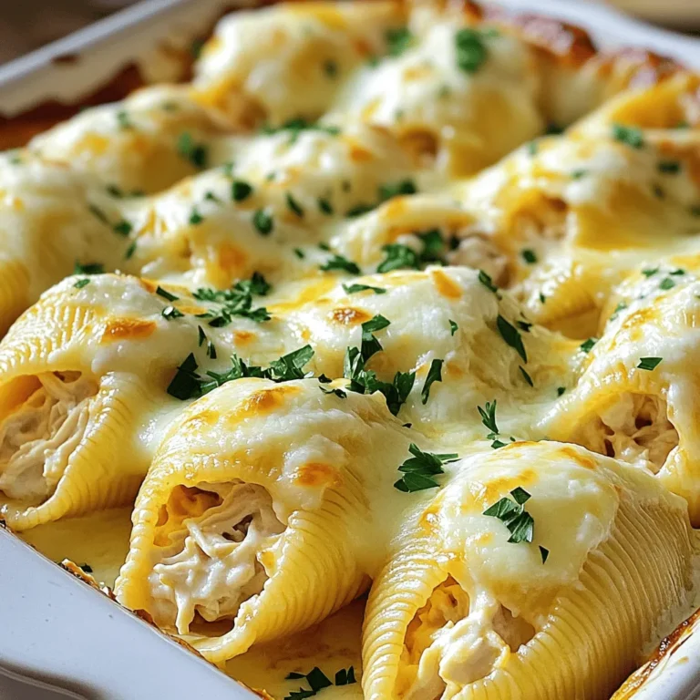 This recipe for Chicken Alfredo stuffed shells combines rich flavors and easy prep. The stuffed shells are creamy and cheesy, making them a perfect comfort food. You can use store-bought Alfredo sauce or make your own for more flavor. - 12 large pasta shells - 2 cups cooked chicken, shredded - 1 cup ricotta cheese - 1 cup shredded mozzarella cheese (plus more for topping) - 1/2 cup grated Parmesan cheese - 2 cups Alfredo sauce (store-bought or homemade) - 1 teaspoon garlic powder - 1 teaspoon Italian seasoning - Salt and pepper to taste - Fresh parsley, chopped (for garnish) Each ingredient plays a key role. The pasta shells hold the filling and sauce. Shredded chicken adds protein and heartiness. Ricotta cheese provides creaminess, while mozzarella and Parmesan add gooey, cheesy goodness. The Alfredo sauce is the star, tying all the flavors together. Garlic powder and Italian seasoning add depth and warmth. Lastly, salt and pepper bring out all the flavors. Don't forget the parsley for a fresh touch! First, you need to set up your oven. Preheat it to 375°F (190°C). This step is key for even cooking. While the oven heats, grab a large pot and fill it with water. Add salt to the water and bring it to a boil. Cook the pasta shells according to the package directions. You want them to be al dente. This means they should be firm but not hard. Once cooked, drain the shells and set them aside on a plate. Now, let's make the filling. In a large bowl, combine the shredded chicken, ricotta cheese, one cup of mozzarella cheese, and Parmesan cheese. Add garlic powder and Italian seasoning for flavor. Don’t forget to season with salt and pepper to taste. Mix everything well until it’s all combined. This mixture will be rich and creamy, perfect for stuffing the shells. It's time to fill the shells. Take each cooked shell and use a spoon to add the filling mixture inside. Be careful not to overfill; a little bit goes a long way! Place the stuffed shells in a greased 9x13 inch baking dish. Once all the shells are filled, pour the Alfredo sauce over them evenly. This sauce keeps everything moist and adds flavor. Finally, sprinkle any leftover mozzarella cheese on top. Cover the dish with aluminum foil to keep the cheese from burning. Bake it in the oven for 20 minutes. After that, remove the foil and bake for another 10 minutes. You want the cheese to be bubbly and golden. Now, your savory Chicken Alfredo stuffed shells are ready to impress! For more details, check out the [Full Recipe]. To make great stuffed shells, follow these tips. Cook the pasta shells just until firm. This helps keep them from tearing when you fill them. Rinse the shells in cold water after boiling to stop the cooking. This keeps them al dente. Fill each shell carefully, so the filling stays inside. Don't overstuff; a little space helps them bake evenly. Some ingredients can ruin your dish. Avoid using low-fat cheeses; they often lack flavor and creaminess. Skip cheap sauces, too; they can taste artificial. If you use store-bought Alfredo sauce, choose a brand with simple ingredients. Look for real cheese and no preservatives. These choices make a big difference in taste. Layering flavors enhances your stuffed shells. Start with a bit of sauce in the dish before placing the shells. This prevents sticking and adds flavor from the start. After filling the shells, sprinkle some herbs inside the filling for extra taste. Use fresh parsley on top for a bright finish. This makes your dish look and taste amazing. {{image_2}} You can switch up the filling by adding different proteins. If you want a twist, try shrimp or lobster. These seafood options add a nice touch. You can also use turkey instead of chicken for a lighter meal. If you have leftover rotisserie chicken, this dish works great with it, too. Just shred it and mix it into the cheese filling. For a meatless version, replace the chicken with sautéed mushrooms or spinach. Both add depth and flavor. You can also use roasted vegetables like zucchini and bell peppers. For extra protein, consider adding beans or lentils. They pair well with the cheese and sauce, making your dish hearty and satisfying. To amp up the taste, add herbs and spices. Fresh basil or thyme can brighten the dish. You can also add crushed red pepper for a spicy kick. Swapping in pesto for some of the Alfredo sauce will give a fresh, herby flavor. A sprinkle of lemon zest can also uplift the richness, adding a pop of brightness. To keep your Chicken Alfredo stuffed shells fresh, store them in an airtight container. Make sure they cool down first. This prevents condensation, which can make the shells soggy. Label the container with the date. They last up to three days in the fridge. If you want to keep them longer, freeze the stuffed shells. First, let them cool completely. Then, place them in a freezer-safe container. You can also wrap them tightly in plastic wrap, then foil. When stored this way, they can last up to three months. Just remember to label everything with the date. To reheat, it’s best to bake them. Preheat your oven to 350°F (175°C). Place the shells in a baking dish and cover with foil. Bake for about 20-25 minutes. If they are frozen, add an extra 10 minutes. This keeps the cheese melty and the shells warm. You can also microwave them, but the oven gives better results. Always check if they are heated through before serving. Enjoy your tasty leftovers! Chicken Alfredo stuffed shells will stay fresh in the fridge for about 3 to 5 days. To keep them tasty, store them in an airtight container. This will prevent the shells from drying out. If you notice any strange smells or colors, it’s best to toss them. Yes, you can make these stuffed shells ahead of time. Prepare the shells and fill them, then place them in your baking dish. Cover tightly and store in the fridge for up to 24 hours. This is a great way to save time on busy days. Just bake them when you’re ready to eat. Chicken Alfredo stuffed shells pair well with many sides. Here are some great options: - Garlic bread for a crunchy side. - A fresh green salad to add color and crunch. - Roasted vegetables for a healthy touch. - Steamed broccoli for added nutrition. These sides complement the creamy dish and round out your meal. For a fun twist, you can also serve it with a side of marinara sauce for dipping. This blog post covered everything you need to make Chicken Alfredo Stuffed Shells. We looked at the ingredients, step-by-step instructions, and helpful tips. You can add your twists with proteins or make it vegetarian. Storing and reheating leftovers is easy with the right methods. I hope this guide makes cooking simple and fun for you. Enjoy creating your delicious stuffed shells!