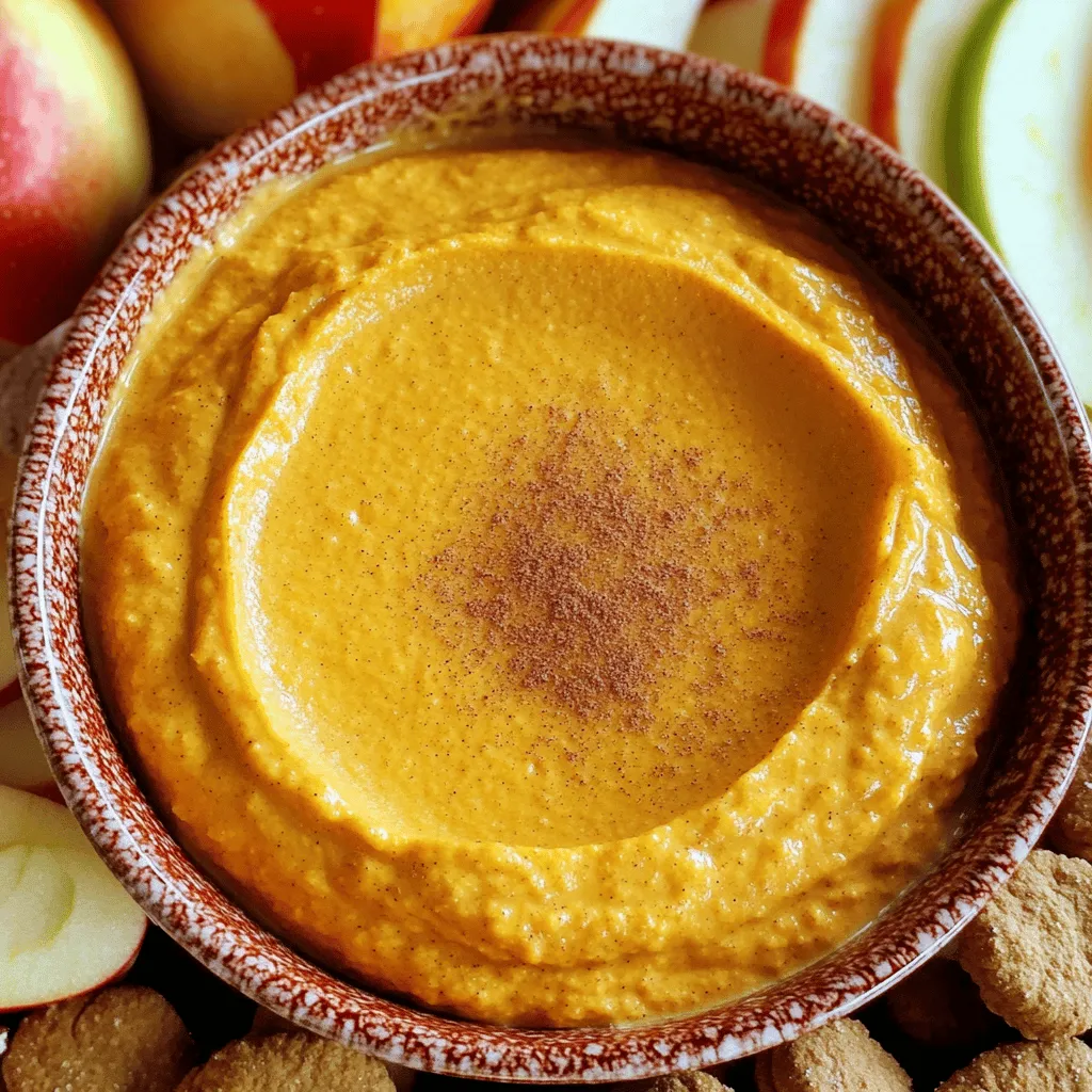 To make this tasty Cookie Butter Pumpkin Dip, gather these items: - 1 cup pumpkin puree - 1/2 cup cookie butter - 1/2 cup cream cheese, softened - 1/4 cup powdered sugar - 1 teaspoon vanilla extract - 1/2 teaspoon ground cinnamon - 1/4 teaspoon ground nutmeg - 1/4 teaspoon ginger powder - A pinch of salt - Ginger snaps or apple slices for dipping You can easily change some ingredients for different diets. Here are some swaps: - Cream cheese: Use dairy-free cream cheese for a vegan option. - Powdered sugar: Try using coconut sugar for a lower glycemic index. - Cookie butter: Look for nut butter or sunflower butter for nut-free diets. - Pumpkin puree: Use sweet potato puree or butternut squash for a twist. Choosing the right ingredients makes your dip shine. Here are some tips: - Pumpkin puree: Look for 100% pumpkin with no added sugars. - Cookie butter: Check for natural ingredients and minimal additives. - Cream cheese: Opt for full-fat cream cheese for a richer flavor. - Spices: Fresh spices give more flavor than old ones. Check the dates. Using quality ingredients elevates your Cookie Butter Pumpkin Dip. For the full recipe, follow the steps closely and enjoy this delightful fall treat. To make Cookie Butter Pumpkin Dip, gather your ingredients first. You need pumpkin puree, cookie butter, cream cheese, powdered sugar, vanilla extract, ground cinnamon, ground nutmeg, ginger powder, and salt. Don’t forget your dipping options like ginger snaps or apple slices. 1. In a large bowl, mix the softened cream cheese and cookie butter. Use an electric mixer to beat them until smooth. 2. Next, add the pumpkin puree. Keep mixing until it blends well with the cream cheese and cookie butter. 3. Slowly sift in the powdered sugar. Mix in between each addition to keep it lump-free. 4. Now, stir in the vanilla extract, cinnamon, nutmeg, ginger powder, and salt. Make sure everything is fully combined and the dip is smooth. 5. Taste your dip. If it needs more sweetness, add a little more powdered sugar. Adjust as you like. 6. Transfer the dip to a fun serving bowl. Use the back of a spoon to create a swirl for a nice look. Chill the dip in the fridge for at least 30 minutes. This helps the flavors blend together. When you are ready to serve, place the bowl on a festive tray. Arrange ginger snaps and apple slices around the bowl for a tasty and pretty display. Enjoy your Cookie Butter Pumpkin Dip! For the full recipe, check the details above. To get the right dip texture, start with soft cream cheese. This makes mixing easier. Beat the cream cheese and cookie butter until smooth. Then add pumpkin puree slowly. Mix gently to avoid lumps. If your dip is too thick, add a bit of milk. This will make it creamier without losing flavor. You can boost the flavor of your dip in simple ways. A little extra cinnamon or nutmeg adds warmth. You might try adding a dash of maple syrup for sweetness. If you enjoy spice, add a bit of cayenne pepper. It gives a nice kick to the dip. Always taste as you go and adjust to your liking. Presentation makes your dip even more delightful. Use a festive bowl to hold the dip. This adds color and cheer to your table. A sprinkle of cinnamon on top looks nice. Arrange ginger snaps or fresh apple slices around the bowl. This gives guests easy options for dipping and makes it look inviting. For the full recipe, check out the details above! {{image_2}} You can easily change the flavor of your Cookie Butter Pumpkin Dip. For a chocolate twist, add 1/4 cup of cocoa powder. This gives the dip a rich, dark flavor. If you like maple, swap out the vanilla extract for maple syrup. This adds a warm sweetness. You can also mix in a little pumpkin pie spice for extra fall flavor. Each of these options brings a fun twist to the classic dip. While ginger snaps are a classic choice, try other dippers too. Apple slices bring a fresh crunch. Celery sticks add a nice crunch as well. Pretzels offer a salty contrast. You can also use graham crackers for a sweet touch. Mix and match to keep it exciting. Your guests will love trying different dips! Want a healthier dip? You can make some simple swaps. For a lighter option, use Greek yogurt instead of cream cheese. This reduces fat and adds protein. If you want a lower sugar option, use a sugar substitute like stevia or monk fruit. For a vegan version, try using coconut cream instead of dairy products. These swaps keep the dip tasty while making it better for you. For the full recipe, please refer to the detailed instructions provided. To keep your Cookie Butter Pumpkin Dip fresh, store it in an airtight container. Make sure the lid seals tightly to keep out air. Place it in the fridge right after serving. This dip stays creamy and tasty when stored properly. If you have extra, don’t leave it out too long. Always refrigerate it within two hours of serving. You can freeze Cookie Butter Pumpkin Dip, but it may change in texture. To freeze, use a freezer-safe container. Leave some space at the top for expansion. Seal it well to prevent freezer burn. When you want to enjoy it again, thaw it in the fridge overnight. Stir it before serving to help it regain its creamy feel. When stored in the fridge, Cookie Butter Pumpkin Dip lasts about 4 to 5 days. If frozen, it can stay good for about 2 to 3 months. Always check for any off smells or changes in color before eating. If you notice anything strange, it’s best to throw it away. Enjoy your dip with ginger snaps or apple slices for a delightful snack! Yes, you can make this dip ahead of time. It tastes even better after chilling. I suggest making it the night before your event. Store it in an airtight container in the fridge. This helps the flavors mix well. When you are ready to serve, just take it out and enjoy. If you don’t have cookie butter, you have options. You can use Nutella for a chocolate twist. Almond butter or peanut butter also works well. Just keep in mind that each choice changes the flavor. Choose what you love most! To spice it up, add more ground cinnamon or a dash of cayenne. If you want it sweeter, add a bit more powdered sugar. You can also mix in maple syrup for extra sweetness. Taste as you go to find what you like best. This blog post covered how to make a tasty cookie butter pumpkin dip. We discussed key ingredients, including options for dietary needs. I shared steps for mixing, chilling, and serving the dip. You learned tips for perfect consistency and flavor boosts. I even offered ways to store leftovers. Making this dip can be fun and creative. Try it your way, and enjoy. Happy dipping!