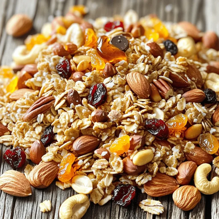 Here’s what you need for your Honey Nut Snack Mix. This mix is simple and tasty. - 2 cups mixed nuts (almonds, cashews, pecans) - 1 cup rolled oats - 1 cup puffed rice cereal - ½ cup honey - ¼ cup maple syrup - 1 teaspoon cinnamon - ½ teaspoon sea salt - ½ cup dried fruit (cranberries, apricots, raisins) - ½ cup chocolate chips (optional) Each ingredient adds flavor. The mixed nuts give crunch. Oats and puffed rice add texture. Honey and maple syrup sweeten the mix. Cinnamon and salt balance the flavors. Dried fruit adds a chewy bite. Chocolate chips, if you choose, bring extra sweetness. This mix is great for snacks, parties, or lunchboxes. You can also customize it with your favorite nuts or fruits. For the full recipe, check out the details provided. Enjoy making this quick and flavorful treat! 1. Preheat oven and prepare baking sheet First, set your oven to 350°F (175°C). Line a large baking sheet with parchment paper. This helps keep the mix from sticking. 2. Combine dry ingredients in a bowl In a big mixing bowl, add the mixed nuts, rolled oats, and puffed rice cereal. Toss them well with your hands. Make sure everything is mixed evenly. 3. Prepare honey mixture on stovetop In a small saucepan, warm the honey and maple syrup on low heat. Stir for about 2-3 minutes. You want it to be easy to mix, not boiling. Once warmed, take it off the heat and add the cinnamon and sea salt. Stir until mixed well. 4. Mix honey with dry ingredients Pour the honey mixture over the dry ingredients in your big bowl. Stir well to coat everything evenly. This step is key for flavor! 5. Spread on the baking sheet and bake Spread the mixture out on the prepared baking sheet. Make sure it’s even. Bake for 15-20 minutes. Stir every 5 minutes to help it toast evenly. Look for a golden brown color and a nice smell. 6. Cool and add fruits and chocolate chips Once baked, take it out and let it cool completely on the sheet. After cooling, stir in the dried fruit and chocolate chips if you want. This adds a nice touch of sweetness! For the full recipe, refer back to the ingredients and steps. Enjoy your Honey Nut Snack Mix, a quick and tasty treat! To get a great Honey Nut Snack Mix, you want to ensure that every piece is coated well with honey. Here’s how to do it: - Warm the honey and syrup. This makes it easier to mix. Heat them gently in a pan for a few minutes. - Combine dry ingredients first. Mix the nuts, oats, and cereal well before adding honey. This helps the honey coat everything evenly. When choosing nuts, go for a mix of almonds, cashews, and pecans. Each nut has its own flavor and crunch. You can also try other nuts if you want. Just make sure they are raw or lightly roasted. Baking is where the magic happens. You need to watch your mix closely while it bakes. Here are some tips: - Monitor the toast level. Set a timer for every five minutes. Check if it’s turning golden brown. You want it crunchy but not burnt. - Stir during baking. Every five minutes, take it out and stir. This helps it toast evenly. If you skip this, some pieces may burn while others stay raw. Following these tips will help you create the best Honey Nut Snack Mix. Enjoy your tasty treat! {{image_2}} You can change up the nuts in this mix. Try walnuts, peanuts, or sunflower seeds. Each nut brings its own taste. You can even use pumpkin seeds for a new crunch. For sweeteners, honey and maple syrup are great. But, you can swap them out. Try agave syrup or brown rice syrup. These options add a different flavor. If you're looking for gluten-free options, use certified gluten-free oats. Most puffed rice cereals are also gluten-free. Just check the label to be sure. For a vegan version, skip the honey. Use more maple syrup or agave syrup instead. This keeps your mix sweet and tasty without animal products. These swaps make the Honey Nut Snack Mix fun and personal. Enjoy creating your own version! To keep your Honey Nut Snack Mix fresh, store it in an airtight container. A glass jar or a plastic container works well. These containers block air and moisture, which can ruin the mix. Make sure the container is cool and dry. Avoid leaving your snack mix in warm places, as heat can cause it to spoil faster. Your Honey Nut Snack Mix can stay fresh for up to two weeks if stored correctly. After two weeks, it may lose flavor and crunch. Signs of spoilage include a stale smell or a change in texture. If you notice any of these signs, it's best to toss the mix. It takes about 30 minutes to make Honey Nut Snack Mix. You need 10 minutes to prep and 20 minutes to bake. This quick process gives you a tasty treat fast. Yes, you can make this recipe nut-free. Just swap the mixed nuts for seeds. Pumpkin seeds or sunflower seeds work well. This keeps the crunch without nuts. You can use agave syrup or brown rice syrup as a honey substitute. Both give sweetness and stickiness. This helps bind your mix together just like honey. To make this snack mix gluten-free, use certified gluten-free oats. Also, check the rice cereal. Many brands offer gluten-free options. This way, everyone can enjoy your tasty snack! This blog post covered how to make a tasty Honey Nut Snack Mix. We explored the ingredients, preparation steps, and baking tips. You also learned about fun variations and storage advice to keep it fresh. Remember, this mix is easy to customize for your taste. Adjust the nuts and sweeteners to fit your needs. Now you have all the tools to make a delicious and healthy snack! Enjoy creating your own version!