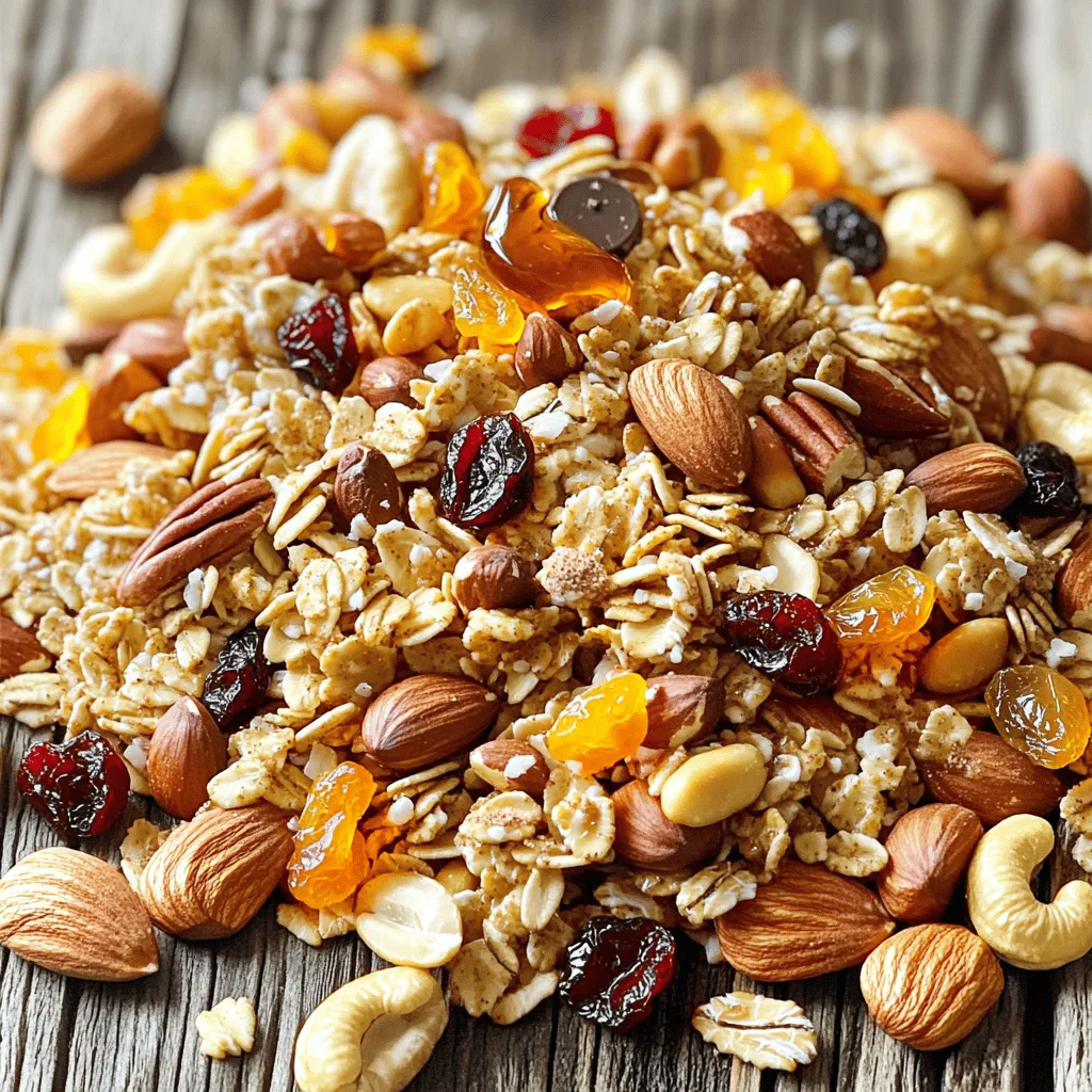 Here’s what you need for your Honey Nut Snack Mix. This mix is simple and tasty. - 2 cups mixed nuts (almonds, cashews, pecans) - 1 cup rolled oats - 1 cup puffed rice cereal - ½ cup honey - ¼ cup maple syrup - 1 teaspoon cinnamon - ½ teaspoon sea salt - ½ cup dried fruit (cranberries, apricots, raisins) - ½ cup chocolate chips (optional) Each ingredient adds flavor. The mixed nuts give crunch. Oats and puffed rice add texture. Honey and maple syrup sweeten the mix. Cinnamon and salt balance the flavors. Dried fruit adds a chewy bite. Chocolate chips, if you choose, bring extra sweetness. This mix is great for snacks, parties, or lunchboxes. You can also customize it with your favorite nuts or fruits. For the full recipe, check out the details provided. Enjoy making this quick and flavorful treat! 1. Preheat oven and prepare baking sheet First, set your oven to 350°F (175°C). Line a large baking sheet with parchment paper. This helps keep the mix from sticking. 2. Combine dry ingredients in a bowl In a big mixing bowl, add the mixed nuts, rolled oats, and puffed rice cereal. Toss them well with your hands. Make sure everything is mixed evenly. 3. Prepare honey mixture on stovetop In a small saucepan, warm the honey and maple syrup on low heat. Stir for about 2-3 minutes. You want it to be easy to mix, not boiling. Once warmed, take it off the heat and add the cinnamon and sea salt. Stir until mixed well. 4. Mix honey with dry ingredients Pour the honey mixture over the dry ingredients in your big bowl. Stir well to coat everything evenly. This step is key for flavor! 5. Spread on the baking sheet and bake Spread the mixture out on the prepared baking sheet. Make sure it’s even. Bake for 15-20 minutes. Stir every 5 minutes to help it toast evenly. Look for a golden brown color and a nice smell. 6. Cool and add fruits and chocolate chips Once baked, take it out and let it cool completely on the sheet. After cooling, stir in the dried fruit and chocolate chips if you want. This adds a nice touch of sweetness! For the full recipe, refer back to the ingredients and steps. Enjoy your Honey Nut Snack Mix, a quick and tasty treat! To get a great Honey Nut Snack Mix, you want to ensure that every piece is coated well with honey. Here’s how to do it: - Warm the honey and syrup. This makes it easier to mix. Heat them gently in a pan for a few minutes. - Combine dry ingredients first. Mix the nuts, oats, and cereal well before adding honey. This helps the honey coat everything evenly. When choosing nuts, go for a mix of almonds, cashews, and pecans. Each nut has its own flavor and crunch. You can also try other nuts if you want. Just make sure they are raw or lightly roasted. Baking is where the magic happens. You need to watch your mix closely while it bakes. Here are some tips: - Monitor the toast level. Set a timer for every five minutes. Check if it’s turning golden brown. You want it crunchy but not burnt. - Stir during baking. Every five minutes, take it out and stir. This helps it toast evenly. If you skip this, some pieces may burn while others stay raw. Following these tips will help you create the best Honey Nut Snack Mix. Enjoy your tasty treat! {{image_2}} You can change up the nuts in this mix. Try walnuts, peanuts, or sunflower seeds. Each nut brings its own taste. You can even use pumpkin seeds for a new crunch. For sweeteners, honey and maple syrup are great. But, you can swap them out. Try agave syrup or brown rice syrup. These options add a different flavor. If you're looking for gluten-free options, use certified gluten-free oats. Most puffed rice cereals are also gluten-free. Just check the label to be sure. For a vegan version, skip the honey. Use more maple syrup or agave syrup instead. This keeps your mix sweet and tasty without animal products. These swaps make the Honey Nut Snack Mix fun and personal. Enjoy creating your own version! To keep your Honey Nut Snack Mix fresh, store it in an airtight container. A glass jar or a plastic container works well. These containers block air and moisture, which can ruin the mix. Make sure the container is cool and dry. Avoid leaving your snack mix in warm places, as heat can cause it to spoil faster. Your Honey Nut Snack Mix can stay fresh for up to two weeks if stored correctly. After two weeks, it may lose flavor and crunch. Signs of spoilage include a stale smell or a change in texture. If you notice any of these signs, it's best to toss the mix. It takes about 30 minutes to make Honey Nut Snack Mix. You need 10 minutes to prep and 20 minutes to bake. This quick process gives you a tasty treat fast. Yes, you can make this recipe nut-free. Just swap the mixed nuts for seeds. Pumpkin seeds or sunflower seeds work well. This keeps the crunch without nuts. You can use agave syrup or brown rice syrup as a honey substitute. Both give sweetness and stickiness. This helps bind your mix together just like honey. To make this snack mix gluten-free, use certified gluten-free oats. Also, check the rice cereal. Many brands offer gluten-free options. This way, everyone can enjoy your tasty snack! This blog post covered how to make a tasty Honey Nut Snack Mix. We explored the ingredients, preparation steps, and baking tips. You also learned about fun variations and storage advice to keep it fresh. Remember, this mix is easy to customize for your taste. Adjust the nuts and sweeteners to fit your needs. Now you have all the tools to make a delicious and healthy snack! Enjoy creating your own version!
