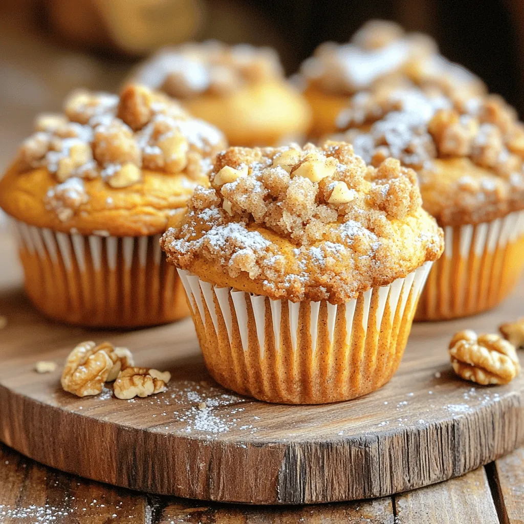 To create these Coffee Cake Pumpkin Muffins, gather the following ingredients: - 1 cup pumpkin puree - 1/2 cup brown sugar - 1/4 cup granulated sugar - 1/2 cup vegetable oil - 2 large eggs - 1 teaspoon vanilla extract - 1 1/2 cups all-purpose flour - 1 teaspoon baking powder - 1 teaspoon baking soda - 1 teaspoon ground cinnamon - 1/2 teaspoon ground nutmeg - 1/4 teaspoon ground ginger - 1/4 teaspoon salt - 1/2 cup walnuts or pecans, chopped (optional) - 1/2 cup streusel topping I love using pumpkin puree for flavor and moisture. The brown sugar gives a rich taste, while granulated sugar adds sweetness. Vegetable oil keeps the muffins soft. Eggs help bind everything together. The flour and baking agents, like baking powder and baking soda, create a light texture. The spices, including cinnamon, nutmeg, and ginger, add warmth and depth. Feel free to include chopped nuts for crunch and a streusel topping for a sweet finish. You can find the Full Recipe with detailed instructions if you want to bake these muffins. Enjoy the process, and have fun creating! 1. Preheat the oven to 350°F (175°C). This step is key. The right heat makes perfect muffins. 2. Line your muffin tin with paper liners or grease it. This helps with easy removal later. 1. In a small bowl, mix 1/2 cup of flour, 1/4 cup of brown sugar, and 1/2 teaspoon of cinnamon. This mix adds a sweet crunch. 2. Next, add the cold, cubed butter. Use a fork or pastry cutter to blend until crumbly. Set this aside for later. 1. In a large bowl, combine the pumpkin puree, brown sugar, granulated sugar, and vegetable oil. Whisk until smooth. 2. Add the eggs one at a time, mixing well after each. Finally, mix in the vanilla extract. 3. In another bowl, whisk together 1 1/2 cups of flour, baking powder, baking soda, cinnamon, nutmeg, ginger, and salt. This is your dry mix. 4. Gently fold the dry mix into the wet mix. Be careful not to overmix. If you like, fold in the chopped nuts now. 1. Spoon the batter evenly into each muffin cup, filling them about two-thirds full. This gives them room to rise. 2. Sprinkle the streusel topping generously over each muffin. This adds a nice texture and flavor. 1. Bake in the preheated oven for about 20-25 minutes. 2. Check for doneness by inserting a toothpick into the center. If it comes out clean, they are ready! For the full recipe, check the details above. Enjoy your tasty coffee cake pumpkin muffins! To make the best coffee cake pumpkin muffins, focus on the batter. Avoid overmixing the batter. When you combine wet and dry ingredients, mix just until blended. This keeps the muffins light and fluffy. For fluffier muffins, consider these tips: - Use room-temperature ingredients for better mixing. - Sift the flour before measuring to aerate it. Enjoy these muffins fresh from the oven. They taste great warm, with a hint of sweetness. Try serving them with a dusting of powdered sugar. They pair nicely with coffee or tea. A warm beverage enhances the flavors. You can also enjoy them with a dollop of whipped cream for a special treat. To make your muffins even tastier, experiment with spices. Add a pinch of cardamom or clove for a unique twist. You can also incorporate mix-ins like chopped nuts or chocolate chips. Nuts add crunch and richness, while chocolate chips add sweetness. These small changes can make a big difference in taste. For the full recipe, check out the complete guide. {{image_2}} To make these muffins dairy-free or vegan, you can swap out the eggs and oil. For eggs, use flaxseed meal or applesauce. Mix one tablespoon of flaxseed meal with three tablespoons of water. Let it sit for five minutes to thicken. For oil, use applesauce or a plant-based oil like coconut or canola. Instead of dairy milk, try almond milk, oat milk, or soy milk. These alternatives work well and keep the muffins moist. If you're looking for a gluten-free option, choose a gluten-free flour blend. Brands like Bob's Red Mill or King Arthur Flour offer good choices. When using gluten-free flour, you may need to add a bit more liquid to the batter. Bake these muffins for the same 20-25 minutes, but start checking for doneness a few minutes earlier. Gluten-free batters can bake faster. You can spice up your coffee cake pumpkin muffins by adding different spices or extracts. Try nutmeg, cloves, or even a dash of cardamom for a warm flavor. A splash of maple extract can add a nice twist. For extra fruitiness, fold in dried cranberries or chopped apples. These additions give each bite a fun new taste. You can even mix in chocolate chips for a sweet surprise. Check out the Full Recipe for all the details! After baking, let your muffins cool for about 10 minutes in the tin. This step helps them firm up. Use a wire rack to cool them completely. It prevents sogginess. Store cooled muffins in an airtight container. You can keep them at room temperature for up to three days. For longer storage, you can freeze your muffins. Wrap each muffin in plastic wrap. Then place them in a freezer bag. They will stay fresh for up to three months. To reheat, take a muffin out and let it thaw. You can warm it in the microwave for about 15 seconds. This keeps the muffin moist and fresh. When stored properly, your muffins will last. You can enjoy them for up to three days at room temperature. In the fridge, they might last about a week. If you freeze them, they last up to three months. Watch for signs of spoilage. If you see mold or smell something off, it’s best to throw them away. For the best taste, eat them fresh! For the full recipe, check out the section above. Yes, you can use fresh pumpkin. Here’s how to make fresh pumpkin puree: 1. Choose the Right Pumpkin: Use a small sugar pumpkin, also called pie pumpkin. 2. Prepare the Pumpkin: Cut it in half and scoop out the seeds and strings. 3. Cook the Pumpkin: Roast the halves at 350°F (175°C) for about 45 minutes or until tender. You can also steam or boil it. 4. Blend: Allow it to cool, then scoop out the flesh. Blend until smooth. Fresh pumpkin adds great flavor, but you may need to adjust moisture levels. Check your muffins with a toothpick. Insert it into the center of a muffin. If it comes out clean, they are ready. If it has wet batter, bake a bit longer. I love serving these muffins warm. For a special touch, dust them with powdered sugar. You can also pair them with coffee or tea for a cozy treat. Yes, you can! Add about 1/2 cup of chocolate chips to the batter. Fold them in gently after mixing the wet and dry ingredients. This adds a nice sweetness to the muffins. These muffins have some health benefits. They include pumpkin, which is high in vitamins. However, they do have sugar and oil. Enjoy them in moderation as part of a balanced diet. To make more muffins, simply double the ingredients. If you make 24 muffins, bake them for 25-30 minutes. Check doneness with a toothpick as you would for a smaller batch. This blog post covered making Coffee Cake Pumpkin Muffins step-by-step. You learned about the key ingredients, from pumpkin puree to spices and optional nuts. I shared tips for a perfect texture and serving ideas to enhance enjoyment. You can also explore dairy-free, gluten-free, and flavor variations. Remember to store muffins correctly for the best taste over time. Bake with joy and share these treats with others, as they are sure to please! Happy baking!