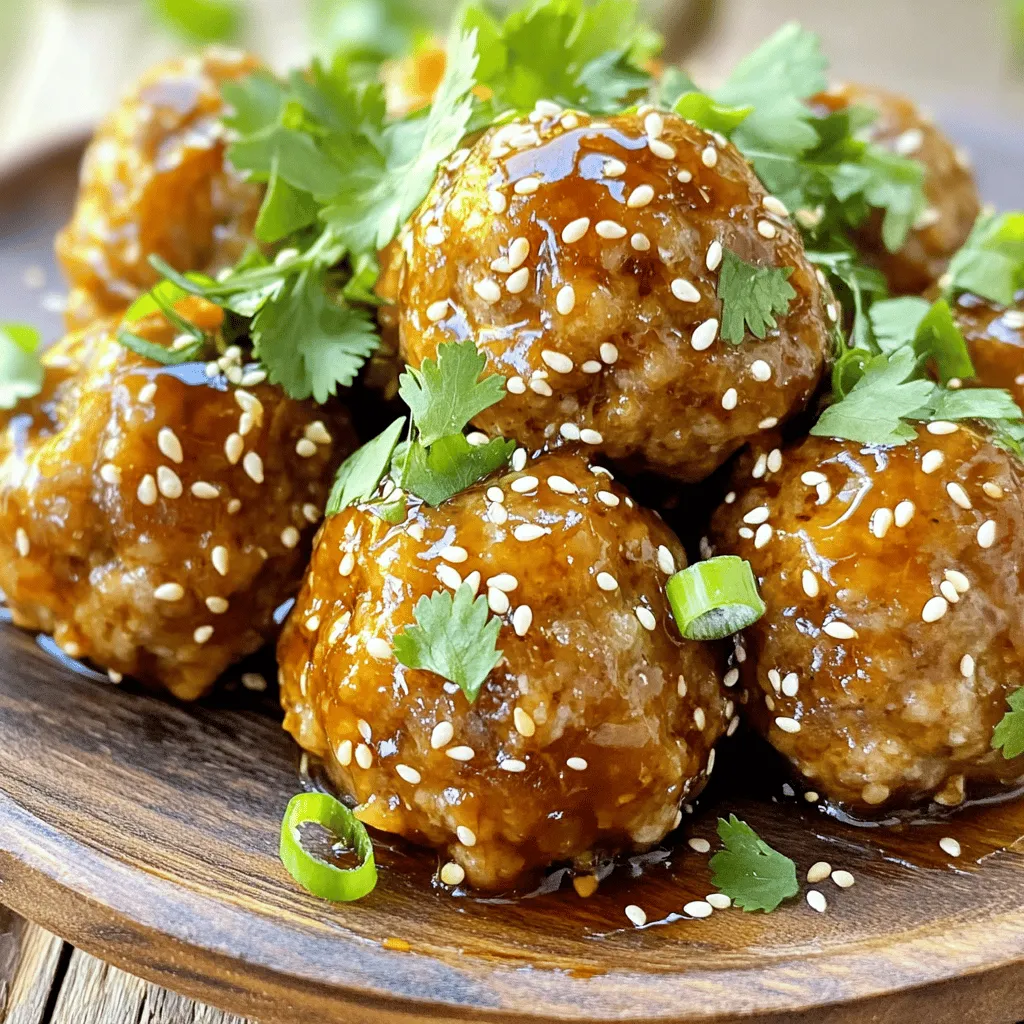 - 1 lb ground chicken or turkey - 1/2 cup breadcrumbs (preferably panko for extra crunch) - 1/4 cup green onions, finely chopped - 2 cloves garlic, minced - 1 tablespoon ginger, grated Ground chicken or turkey are great choices for these meatballs. They keep the dish light and flavorful. I prefer panko breadcrumbs because they add a nice crunch. They help the meatballs stay tender inside while crisping up on the outside. Fresh green onions, garlic, and ginger give the meatballs a bright taste. They create a balance that makes each bite exciting. - 1/4 cup soy sauce (low-sodium) - 1/4 cup brown sugar - 2 tablespoons rice vinegar - 1 tablespoon sesame oil - 1 tablespoon sesame seeds (plus extra for garnish) For the teriyaki sauce, I often use low-sodium soy sauce. It helps control salt levels without losing flavor. Brown sugar adds sweetness and depth. You can try other sweeteners like honey or maple syrup if you wish. Rice vinegar adds a tangy note, while sesame oil gives a rich, nutty flavor. Mixing these ingredients creates a sauce that perfectly coats the meatballs. - Vegetarian options and plant-based substitutes - Variations for different meat types (beef, pork, etc.) - Gluten-free ingredient swaps If you want vegetarian meatballs, use plant-based ground meat. It works well with the same seasonings. You can also use ground beef or pork for a different flavor. For gluten-free options, choose gluten-free breadcrumbs and soy sauce. These swaps keep the dish inclusive without losing its delicious essence. 1. Preheat the Oven: First, set your oven to 400°F (200°C). This step is key for even baking. Next, line a baking sheet with parchment paper. This helps prevent sticking and makes cleanup easy. 2. Make the Meatball Mixture: In a large bowl, combine these ingredients: - 1 lb ground chicken or turkey - 1/2 cup breadcrumbs (panko is best) - 1/4 cup green onions, finely chopped - 2 cloves garlic, minced - 1 tablespoon ginger, grated - Salt and pepper to taste Mix everything well. Use your hands for the best results. Don’t overmix; this keeps the meatballs tender. 1. Shape the Meatballs: Take the mixture and form it into meatballs. Aim for about one inch in diameter. This size cooks evenly. Place them on the baking sheet, leaving space between each meatball. This allows hot air to circulate. 2. Bake the Meatballs: Bake in your preheated oven for 20 minutes. Check that they are golden brown and cooked through. The internal temperature should reach 165°F (75°C). This ensures they are safe to eat and full of flavor. 1. Cook the Sauce While Meatballs Bake: In a small saucepan, mix these ingredients: - 1/4 cup soy sauce - 1/4 cup brown sugar - 2 tablespoons rice vinegar - 1 tablespoon sesame oil - 1 tablespoon sesame seeds Cook over medium heat. Stir until the sugar dissolves. Let it simmer for 2-3 minutes. This timing works well while the meatballs bake. 2. Adjust for Personal Taste: If you like it sweeter, add more brown sugar. For a thicker sauce, let it cook longer. Taste as you go to find your perfect balance. Now, you can cover the baked meatballs in this delicious sauce. They will be full of flavor and ready to serve! For the full recipe, check out the detailed instructions above. To keep your meatballs moist, use fresh ground chicken or turkey. Mix the meat gently with breadcrumbs, green onions, garlic, and ginger. Don’t overmix, as this can make them tough. A light touch helps them stay tender. Common mistakes include not seasoning enough. Always add salt and pepper to the mix. Also, shape the meatballs to about one inch in size. This helps them cook evenly. Bake at 400°F for 20 minutes, or until golden brown. To add spice to your teriyaki sauce, try a pinch of red pepper flakes. This gives the sauce a nice kick. For a sweeter sauce, add a bit more brown sugar. If the sauce is too thick, thin it with a splash of water. To thicken it, simmer it longer on low heat. Experiment with flavors by adding garlic or ginger to the sauce. This can make it even more tasty and rich. Pair your teriyaki meatballs with steamed rice or stir-fried veggies. These sides balance the flavors well. You can also serve them in lettuce cups for a fun twist. For a nice touch, use a colorful serving dish. Garnish with extra sesame seeds and chopped green onions. Fresh cilantro adds a bright note and makes the dish look great. Enjoy your meal with family or friends for a delightful experience! For the complete guide, check the Full Recipe. {{image_2}} You can change the meat in your teriyaki meatballs for a new flavor. Ground beef or pork makes rich, juicy meatballs. They add a nice twist to the classic dish. If you want to try something different, use seafood like shrimp or fish. Just chop it finely or use ground seafood. This gives the meatballs a fresh, ocean taste. For a plant-based option, use meat substitutes. Ground soy or pea protein works well. You can also use lentils or chickpeas for a hearty texture. Mix in some finely chopped veggies to add flavor. Options like mushrooms, carrots, or bell peppers make tasty meatballs. These choices keep the dish healthy and full of flavor. You can enjoy teriyaki meatballs in various ways. For an Asian twist, serve them over rice or noodles. This adds a nice base to soak up the sauce. You can also make a fusion dish by turning them into a meatball sub. Just add your favorite bread, some veggies, and the teriyaki sauce. These ideas keep your meal exciting and delicious. For the full recipe, check out the details above. To keep your teriyaki meatballs fresh, follow these steps. First, let them cool down. Then, place them in an airtight container. This helps to keep moisture in and air out. Store them in the fridge for up to four days. Use glass or plastic containers that seal well. These types of containers prevent spills and keep flavors locked in. If you want to save teriyaki meatballs for later, freezing is a great option. Start by placing the cooled meatballs on a baking sheet. Make sure they are not touching each other. Freeze them for about two hours. Once they are firm, transfer them to a freezer-safe bag. Remove as much air as possible before sealing. They can last for up to three months in the freezer. To reheat, thaw them in the fridge overnight. Warm them in the oven or microwave until hot. Teriyaki meatballs last about four days in the fridge. Check for signs of spoilage, like a sour smell or a slimy texture. If you notice either of these signs, it’s best to toss them out. Always trust your senses to keep food safe. Enjoy your teriyaki meatballs by following the full recipe for the best results! To make the best teriyaki meatballs, follow these steps: 1. Use fresh ingredients: Fresh ground chicken or turkey works best. 2. Combine well: Mix all ingredients in a bowl until they are smooth. 3. Shape evenly: Form the meatballs about one inch in size for even cooking. 4. Bake correctly: Bake at 400°F for 20 minutes. This gives a nice golden brown color. 5. Prepare sauce: Cook the teriyaki sauce while meatballs bake for rich flavor. 6. Coat well: Toss meatballs in sauce right after baking for full flavor. This method ensures you get all the savory goodness in each bite. Yes, you can make teriyaki meatballs ahead. Here are some tips: - Prepare the mixture: Make the meatball mixture a day before. Store it in the fridge. - Shape the meatballs: Form them and keep in a sealed container. - Bake when ready: Bake them just before serving for the best taste. - Reheat easily: If cooked ahead, reheat in the oven at 350°F for about 10 minutes. This way, you save time and still enjoy tasty meatballs. Teriyaki meatballs pair well with many sides. Here are some popular options: - Steamed rice: White or brown rice works great. - Vegetables: Stir-fried or steamed broccoli, bell peppers, or snap peas add color. - Noodles: Asian noodles like soba or udon complement the flavors. - Salad: A fresh cucumber salad adds crunch. These sides make a complete and delicious meal that everyone will love. By using the right ingredients and steps, you can create delicious teriyaki meatballs. We covered key components like meat types, sauces, and add-ins for your needs. Remember to perfect your mixture and sauce for flavor. Serve them with tasty sides for a complete meal. Whether you choose meat or plant-based options, you can customize to your liking. This dish promises great taste and joy for you and your family. Enjoy your cooking adventure with teriyaki meatballs!