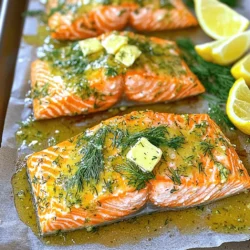 - 4 salmon fillets (6 oz each) - 4 tablespoons unsalted butter, softened - 4 cloves garlic, minced - 2 tablespoons fresh parsley, chopped - 1 tablespoon fresh dill, chopped - 1 tablespoon fresh lemon juice - Salt and pepper to taste - Lemon wedges (for serving) - Optional: fresh herbs for garnish For the best garlic herb butter salmon, you need fresh ingredients. Start with salmon fillets. They should be firm and bright in color. I like using wild-caught salmon for its rich taste. Next, you'll need unsalted butter. Choose a good quality butter as it enhances the flavor. Garlic is a must. Fresh garlic gives a bold taste. Mince it finely for even distribution. Herbs add freshness. I use parsley and dill. These herbs pair well with salmon. Fresh is key, but dried herbs can work in a pinch. Lemon juice brightens the dish. It cuts through the richness of the butter. Seasoning like salt and pepper balances the flavors. For serving, lemon wedges give a nice touch. They add visual appeal and extra flavor. You can also use fresh herbs as a garnish. For the full recipe, check out the complete guide to make this delightful dish. - Preheating the oven: Start by preheating your oven to 400°F (200°C). This step is key for even cooking. Line a baking sheet with parchment paper or aluminum foil for easy cleanup. - Making the garlic herb butter: In a small bowl, mix 4 tablespoons of softened butter, 4 minced garlic cloves, 2 tablespoons of chopped parsley, and 1 tablespoon of chopped dill. Add 1 tablespoon of fresh lemon juice, salt, and pepper. Stir well until everything blends together. - Preparing the salmon fillets: Get 4 salmon fillets, each weighing about 6 ounces. Place them skin-side down on the lined baking sheet. Pat each fillet dry with a paper towel. Season the fillets with salt and pepper to taste. - Applying the garlic herb butter: Spoon the garlic herb butter mixture over each salmon fillet. Make sure every fillet gets a nice coat of that tasty butter. This adds flavor and moisture. - Baking time and tips: Place the baking sheet in the preheated oven. Bake for 12 to 15 minutes. This time may change based on how thick your fillets are. - Checking for doneness: The salmon is ready when it turns opaque and flakes easily with a fork. This means it’s cooked perfectly. For the full recipe, refer back to the ingredients section. Enjoy your flavorful dish! To make your garlic herb butter salmon even better, try these ideas: - Using different herbs: You can swap parsley and dill for basil or thyme. Each herb gives your dish a new taste. Fresh herbs make your meal bright and fresh. - Adding spices for extra kick: A pinch of red pepper flakes can add warmth. You can also use smoked paprika for a deeper flavor. Just be careful not to overpower the garlic. Cooking salmon well is key to a great meal. Here are some tips: - Recommended cooking methods: Baking is my favorite for even cooking. Grilling adds a nice char and smoky flavor. Both methods work well, so choose what you like best. - Ensuring the salmon stays moist: To keep your salmon juicy, do not overcook it. Check for doneness after 12 minutes. Salmon is done when it flakes easily with a fork. You can cover it with foil while baking for extra moisture. With these tips, your garlic herb butter salmon will be full of flavor and perfectly cooked. For the complete recipe, check out the Full Recipe. {{image_2}} You can switch up the fish in this recipe. Try trout or tilapia instead of salmon. Each fish offers a unique taste and texture. Just keep cooking times in mind. When it comes to the butter, you have options. If you love garlic, add more minced garlic. For a different twist, swap in fresh herbs like thyme or basil. These variations can change the dish's flavor. You can cook this salmon in two main ways. Using a skillet gives you a nice crust. Just melt the garlic herb butter in the pan and add the salmon. Cook it for about 4-5 minutes on each side. Baking is another great method. It’s easy and keeps the salmon moist. If you want a crispy finish, try broiling it for the last few minutes. Just watch it closely to avoid burning. Both methods work well for this dish. To keep your garlic herb butter salmon fresh, store it in the fridge. Place the salmon in an airtight container. It stays good for up to three days. If you want to save it longer, you can freeze it. Wrap each fillet in plastic wrap and then place it in a freezer bag. This way, it can last for about three months. When you're ready to eat the leftovers, reheat the salmon safely. The best way is to use the oven. Preheat it to 350°F (175°C). Place the salmon on a baking sheet and cover it with foil. Heat for about 10-15 minutes. This keeps the salmon moist. If you’re in a hurry, you can use the microwave. Place the salmon on a plate and cover it with a damp paper towel. Heat in short bursts of 30 seconds. Check often to avoid overcooking. Enjoy your meal just as tasty as the first time! What is the best way to cook salmon? Baking salmon is one of the best methods. It cooks evenly and keeps the fish moist. I recommend baking at 400°F (200°C) for about 12-15 minutes. This gives you a nice, flaky texture. How do I know when salmon is done? Salmon is done when it turns opaque and flakes easily with a fork. You can also check the internal temperature. It should reach 145°F (63°C). If you see a white albumin on the surface, that means it's cooking well. Can I use frozen salmon for this recipe? Yes, you can use frozen salmon! Just thaw it in the fridge overnight. Pat it dry before seasoning. This helps the garlic herb butter stick better. What should I serve with Garlic Herb Butter Salmon? I love serving this salmon with roasted vegetables or a fresh salad. You can also pair it with rice or quinoa for a complete meal. Don't forget the lemon wedges for extra zest! For the full recipe, check out the link above. You learned how to cook salmon with garlic herb butter. We covered the ingredients, preparation, cooking, and storage. With tips on flavor and cooking styles, you can make this dish uniquely yours. Remember, fresh herbs and the right cooking method keep salmon moist and flavorful. Use what you learned to enjoy perfect salmon every time. Simple, tasty meals can be yours with these easy steps. Enjoy your cooking journey and impress family and friends!