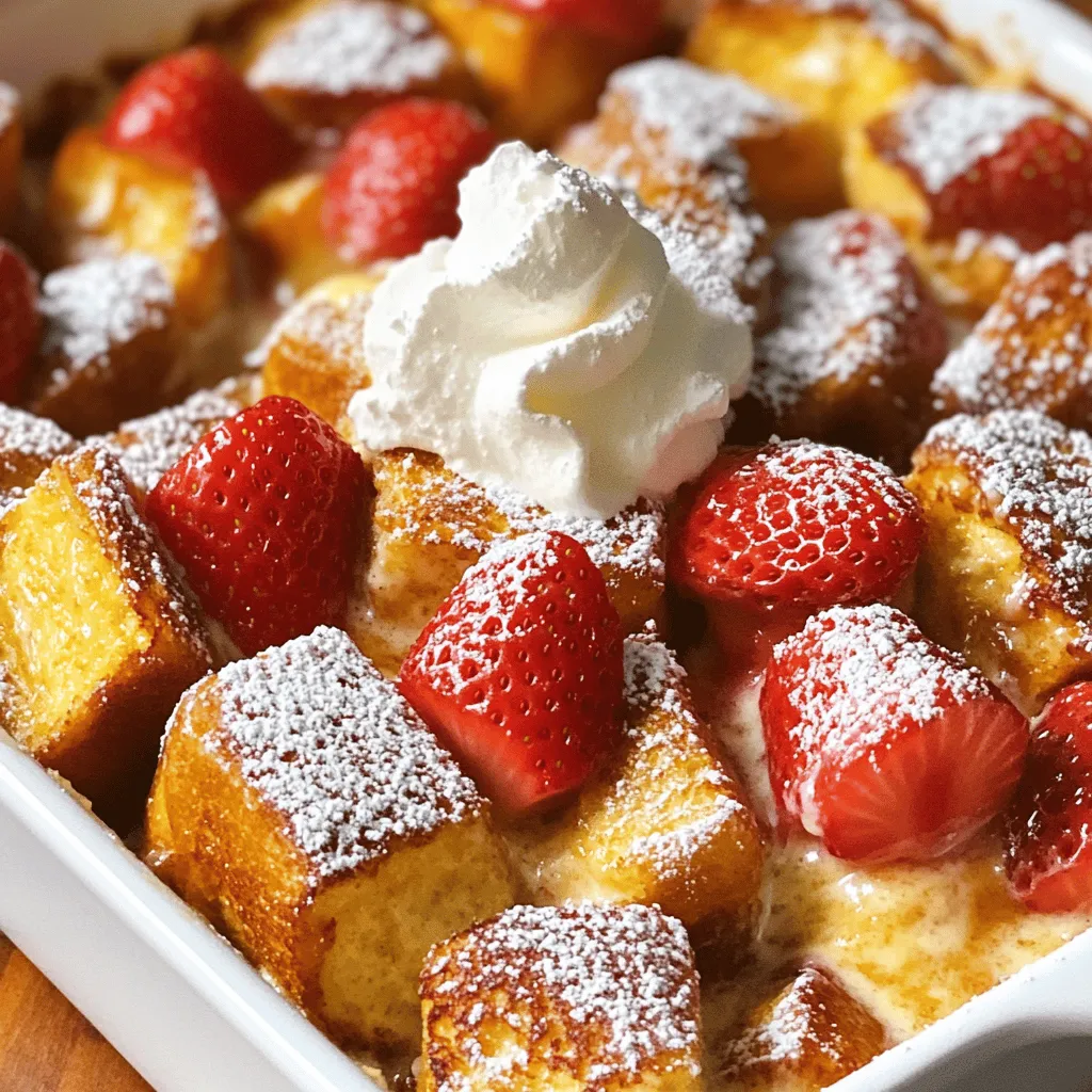 - Brioche bread and its role Brioche bread is soft and rich. It soaks up the custard well. This bread gives a nice sweet taste. It turns golden and crisp while baking. - Cream cheese and flavor impact Cream cheese adds a rich, creamy texture. It provides the cheesecake flavor we love. When mixed with sugar, it turns smooth and sweet. This base makes the dish feel special. - Fresh strawberries and their benefits Fresh strawberries bring brightness and color. They add a sweet and tart flavor. Strawberries are also packed with vitamins. Plus, they look great on top when serving. - Nuts or chocolate for extra texture You can add nuts like pecans or walnuts. They give a nice crunch. Chocolate chips also work well for a sweet twist. - Alternative fruits for variation Try other fruits like blueberries or raspberries. Each fruit gives a different taste. Mixing fruits can make the dish exciting. - Baking dish and its size A 9x13-inch baking dish is perfect for this recipe. It holds all the ingredients well. Make sure it is greased to prevent sticking. - Mixing tools for efficiency A hand mixer makes blending easy. It ensures the cream cheese mixes smoothly. A large mixing bowl helps combine all ingredients without spilling. For the full recipe, check out the details above! To start, cut your brioche bread into cubes. Make each piece about one inch. This size helps the bread soak up the custard well. Use a sharp knife for clean cuts. This keeps your bread pieces neat and uniform. Next, ensure your cream cheese is softened. Take it out of the fridge at least 30 minutes before you start. Soft cream cheese blends easily, giving you a smooth mix. If you're in a rush, you can microwave it for 10 seconds. Just be careful not to melt it. Now, let’s mix the custard base. In a bowl, combine the softened cream cheese, sugar, and sour cream. Use a hand mixer for a smooth mixture. Mix until there are no lumps left. This step is key for a creamy texture in your bake. Next, add the eggs and milk. Blend them well with the cream cheese mix. Making sure everything is combined gives the bake a nice rise. Don't forget the vanilla extract and ground cinnamon. They add great flavor to each bite. Now it's time to assemble your bake. Start layering the cubed brioche bread in a greased baking dish. Pour the cream cheese mixture over the bread evenly. Make sure every piece is soaked. This ensures even cooking and flavor. After that, fold in the sliced strawberries. Distributing them evenly is essential. This way, you get a sweet strawberry in every bite. Press them gently into the mixture to help them stay in place during baking. Preheat your oven to 350°F (175°C). Cover your baking dish with foil and let it sit for at least 20 minutes. This allows the bread to soak up all the flavors. You can also refrigerate it overnight if you want to prepare ahead. Bake the dish covered for 30 minutes. After that, remove the foil and bake for another 15-20 minutes. This helps the top get golden brown. To check for doneness, insert a knife in the center. If it comes out clean, your bake is ready. Enjoy this delicious Strawberry Cheesecake French Toast Bake from the [Full Recipe]. How do you know when it's fully cooked? Your dish is ready when the top turns golden brown. The center should feel firm. A toothpick inserted in the middle should come out clean. This means it’s cooked through. How can you prevent sogginess in the bread? To keep your bread from getting too soggy, let it soak for just 20 minutes. This helps the bread absorb flavors without becoming mushy. Also, use slightly stale brioche bread. Fresh bread can soak up too much liquid. What are some creative toppings beyond whipped cream? Try using fresh berries, sliced bananas, or even a drizzle of chocolate sauce. You can also sprinkle some crushed nuts for crunch. A dollop of yogurt adds a nice touch too. What beverages pair well with this dish for brunch? Coffee, tea, or a glass of fresh orange juice work great. If you want something fun, try mimosas or a fruity smoothie. These drinks complement the sweet flavors of the bake. How can you adapt the recipe for dietary needs? For a gluten-free version, use gluten-free bread. You can also swap regular cream cheese for a dairy-free option. This way, everyone can enjoy a slice. What are some suggested swaps for a healthier version? Use whole grain bread for extra fiber. You can swap granulated sugar with honey or maple syrup. This adds sweetness without the extra calories. {{image_2}} You can switch up the fruits in your Strawberry Cheesecake French Toast Bake. Blueberries or bananas work great! They add new tastes and colors. Try mixing berries for a fun look. You can also change the cheesecake flavor. Chocolate and caramel are tasty options. These will give your bake a unique twist! If you need dairy-free options, use vegan cream cheese and almond milk. You can find these at most stores. They work just as well in this recipe. For gluten-free choices, try gluten-free bread. Many brands make soft, tasty options that fit well in this bake. You can adapt this recipe for different holidays. For fall, use pumpkin puree or spices. In winter, try adding apples and cinnamon. This gives a cozy touch. Also, consider using seasonal fruits. Fresh peaches or cherries in summer add bright flavors. It's a great way to enjoy what's in season! To store your leftover Strawberry Cheesecake French Toast Bake, cool it to room temperature. Then, cover it tightly with plastic wrap or foil. You can also place it in an airtight container. This keeps it fresh for the next day. For reheating, preheat your oven to 350°F (175°C). Place the bake in an oven-safe dish. Heat for about 15-20 minutes until it warms through. You can also microwave individual portions for about 1-2 minutes. Just be careful not to overheat. Yes, you can freeze this dish! After it cools, slice it into portions. Wrap each piece in plastic wrap, then place them in a freezer bag. Remove as much air as possible to avoid freezer burn. To maintain flavor and texture, freeze it for up to 3 months. When ready to eat, thaw overnight in the fridge. Reheat in the oven or microwave as mentioned above. In the fridge, the Strawberry Cheesecake French Toast Bake lasts for about 3-4 days. Always check for signs of spoilage. If you see mold or it smells off, throw it away. Look for changes in texture or color. If it feels too dry or hard, it’s time to let it go. Enjoy fresh leftovers for the best taste! For the full recipe, check out the detailed cooking instructions above. You can tell your French toast bake is done by looking for a few signs. First, the top should turn a nice, golden brown color. Second, gently shake the dish. If the center does not jiggle, it’s ready. Lastly, a toothpick inserted into the center should come out clean. This means the egg mixture is set. Trust your eyes and your touch to get it just right! Yes, you can make this dish ahead of time! Just prepare it the night before and let it sit in the fridge. Cover the baking dish with foil to keep it fresh. When you’re ready to bake, just take it out, remove the foil, and pop it in the oven. Let it bake a bit longer if it’s cold from the fridge. Brioche bread gives a soft, sweet taste, but you can swap it out. Try using challah bread or French bread for a similar texture. Whole wheat bread adds a nutty flavor, too. If you want something gluten-free, look for gluten-free sandwich bread. Each option changes the flavor, so choose what you love best! Absolutely! You can double the recipe to feed a larger group. Just use a bigger baking dish to hold all the ingredients. Make sure to adjust the cooking time. It may take a little longer to bake through. Keep an eye on it, checking for that golden brown color and firm center. To make this dish vegan, you can swap out a few key ingredients. Use a vegan cream cheese in place of regular cream cheese. Replace the eggs with a flaxseed meal mixture or silken tofu. Almond or oat milk works well instead of regular milk. These changes keep the creamy texture and flavor while making it vegan-friendly. Making the perfect Strawberry Cheesecake French Toast Bake is a fun and rewarding task. You start by gathering your ingredients. This dish needs a few key items: brioche bread, cream cheese, fresh strawberries, and eggs. Each ingredient plays a big role in the final taste. Brioche bread is soft and fluffy. It has a rich flavor that makes it perfect for this dish. When you cut it into cubes, it soaks up the custard mix well. This helps create a creamy texture that feels light and airy. You want to use fresh brioche for the best taste. Cream cheese adds a rich and creamy taste. It helps create that cheesecake flavor we all love. Make sure to soften it before mixing. This will help you blend it smoothly with sugar and sour cream. The result is a silky mixture that coats the bread perfectly. Fresh strawberries add sweetness and a burst of flavor. They also give a nice color to the dish. When you slice them and fold them in, they spread throughout the bake. This means every bite has a hint of berry goodness. Plus, strawberries are packed with vitamins and antioxidants. For a full experience, check out the Full Recipe. This will guide you step by step. Don't forget, the joy of cooking comes from trying new things. So, feel free to add your own twist! In this blog post, we explored how to make a delicious Strawberry Cheesecake French Toast Bake. We discussed key ingredients like brioche bread, cream cheese, and fresh strawberries. Optional add-ins and equipment were shared to enhance your bake. I provided clear steps for preparation, baking, and serving. Finally, we reviewed variations, storage tips, and answered common questions. This tasty dish is easy to tailor based on your needs. Enjoy creating your version!