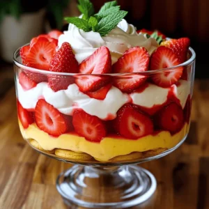 To make a great Strawberry Shortcake Trifle, you need some key ingredients: - 2 cups fresh strawberries, hulled and sliced - 1/4 cup granulated sugar (for strawberries) - 1 cup heavy cream - 1/4 cup powdered sugar (for whipped cream) - 1 teaspoon vanilla extract - 1 package (10 oz) ladyfinger cookies or sponge cake, cut into pieces - 1 cup vanilla pudding (store-bought or homemade) These ingredients create a lovely balance of flavors and textures. Fresh strawberries add sweetness and brightness. Heavy cream gives richness. Ladyfingers or sponge cake provide a soft base. Vanilla pudding adds creaminess. Want to make your trifle special? Here are some optional ingredients: - Fresh mint leaves for garnish - Additional fruits like blueberries or raspberries for layering These extras can enhance the look and taste. Mint leaves add a fresh pop. Extra fruits can offer new flavors and colors. You can also swap some ingredients if needed: - Use alternative sweeteners if you want a healthier option. - Choose homemade or store-bought vanilla pudding based on your time and skill. Using these substitutions can still give you a delicious dessert. Enjoy the creativity in your cooking! For the full recipe, check out the detailed instructions that guide you through each step. To start, I love macerating strawberries. This simple step brings out their sweet, juicy flavor. In a medium bowl, mix the sliced strawberries with granulated sugar. Toss them gently and let them sit for 15 to 20 minutes. This time allows the sugar to draw out the juices. You will achieve the perfect sweetness this way. The strawberries will be soft and delicious. Next, let&rsquo;s whip the cream. For perfect whipped cream, use heavy cream, powdered sugar, and vanilla extract. Start with a clean, cold bowl. This helps the cream whip better. Using a hand mixer or stand mixer, beat the mixture on medium-high speed. Stop when soft peaks form. Be careful not to overwhip, or it will turn to butter. Now comes the fun part: assembling the trifle. Layering is key for visual appeal. Start with ladyfinger pieces or sponge cake at the bottom. Spoon a layer of vanilla pudding over the cake. Then, add a layer of the macerated strawberries, including some juice. Top with a generous dollop of whipped cream. Repeat these layers until you fill the bowl or glasses. The final layer should be whipped cream. This looks great and tastes even better. Chilling time is important. Cover the trifle and let it chill in the fridge for at least one hour. This allows the flavors to blend and the ladyfingers to soak up moisture. Your trifle will be a delightful blend of flavors and textures! For the full recipe, check the earlier section. Strawberry shortcake trifle shines at summer parties and special occasions. Serve it at birthdays, picnics, or family gatherings. It impresses guests with its colorful layers and fresh taste. Pair this dessert with sparkling water or sweet tea. A light white wine also complements its flavors nicely. You can prepare this trifle a few hours in advance. It can stay fresh in the fridge for up to 24 hours. To keep it fresh, cover it tightly with plastic wrap. This step helps maintain moisture and flavor. Avoid adding fresh strawberries on top until just before serving. This keeps them looking bright and tasty. If your trifle tastes too sweet, add a pinch of salt. This balances the flavors and enhances the taste. If it tastes bland, try adding a splash of lemon juice for brightness. To prevent soggy layers, let the ladyfingers soak in juices for a shorter time. Build your layers quickly after soaking to keep a nice texture. For the full recipe, check out the Strawberry Shortcake Trifle. {{image_2}} You can switch up the fruits in your trifle. While strawberries shine, blueberries and raspberries work great too. They add color and taste. Try mixing fruits for a fun twist! You can also flavor the cream. For a chocolate version, add cocoa powder to the whipped cream. For a citrus touch, mix in some lemon zest. These changes keep your trifle exciting. You can serve your trifle in different ways. For a family gathering, use a large bowl. This makes it easy to serve. If you want to impress, try individual servings. Use small glasses or cups for a fancy look. Dessert cups make for easy servings. Guests can grab their own without fuss. Plus, they look cute on the table! Want a healthier version? You can use lower-calorie ingredients. Try Greek yogurt instead of heavy cream. It still tastes creamy and delicious. For a vegan option, swap the heavy cream for coconut cream. You can also use non-dairy pudding. This way, everyone can enjoy a tasty dessert! For the full recipe, check out the [Full Recipe]. To keep your trifle fresh, store it in the fridge. Use an airtight container or cover it with plastic wrap. This helps maintain the creamy texture. You can keep it for up to three days. After that, the layers may get mushy. Can you freeze it? Yes, but it&rsquo;s not ideal. Freezing can change the texture of the cream and strawberries. If you choose to freeze it, make sure to layer it in a freezer-safe container. Thaw it in the fridge overnight before enjoying it. This will help keep some of the texture intact. You can transform leftover trifle components into something new. Use extra strawberries in smoothies or salads. Pair leftover whipped cream with pancakes or waffles. The pudding can serve as a dip for fruits or cookies. Get creative and enjoy every bite! For the full recipe, check out the previous sections. Strawberry Shortcake Trifle includes simple, fresh ingredients. - 2 cups fresh strawberries, hulled and sliced - 1/4 cup granulated sugar (for strawberries) - 1 cup heavy cream - 1/4 cup powdered sugar (for whipped cream) - 1 teaspoon vanilla extract - 1 package (10 oz) ladyfinger cookies or sponge cake, cut into pieces - 1 cup vanilla pudding (store-bought or homemade) - Fresh mint leaves for garnish (optional) These components come together to create a delightful mix of flavors and textures. The strawberries provide sweetness and freshness. The whipped cream adds lightness. The ladyfingers or sponge cake serve as a soft base. Lastly, the vanilla pudding brings a creamy richness. Strawberry Shortcake Trifle can stay fresh for about three days in the fridge. To keep it safe, cover the trifle tightly with plastic wrap or a lid. This helps prevent the layers from getting soggy and keeps out odors. If you notice any off smells or colors, it is best to discard it. Yes, you can make Strawberry Shortcake Trifle a day before your event. This time allows the flavors to blend well. Just make sure to chill it in the fridge. The ladyfingers will soak up some strawberry juice, making them softer. This makes every bite more flavorful. You can easily adjust the recipe for dietary needs. - For gluten-free, use gluten-free ladyfingers or sponge cake. - To make it dairy-free, substitute heavy cream with coconut cream and use dairy-free pudding. - If you need a lower-sugar option, use a sugar substitute for the strawberries and cream. These changes will help everyone enjoy this dessert while meeting their dietary preferences. If you can't find ladyfingers, there are great alternatives. - Sponge cake is a good choice. Just cut it into pieces. - You can also use pound cake or even biscuits for a fun twist. - For a gluten-free option, try gluten-free cake or cookies. These alternatives will still create a tasty and enjoyable trifle. Yes, you can use frozen strawberries in your trifle. Just let them thaw before using. Drain excess liquid to avoid making your trifle soggy. Frozen strawberries can taste just as good as fresh ones if prepared right. They may not be as firm, but they still add sweetness and color. In this blog post, we explored making Strawberry Shortcake Trifle. We covered essential ingredients, like fresh strawberries and whipped cream, and optional customizations. You learned step-by-step instructions on preparing strawberries, whipping cream, and assembling the trifle. We shared tips for serving, making ahead, and troubleshooting common issues. Plus, we highlighted fun variations and storage practices. Remember, the trifle is versatile. You can adjust flavors and presentations for any occasion. With these tips, enjoy creating a delicious and beautiful dessert!