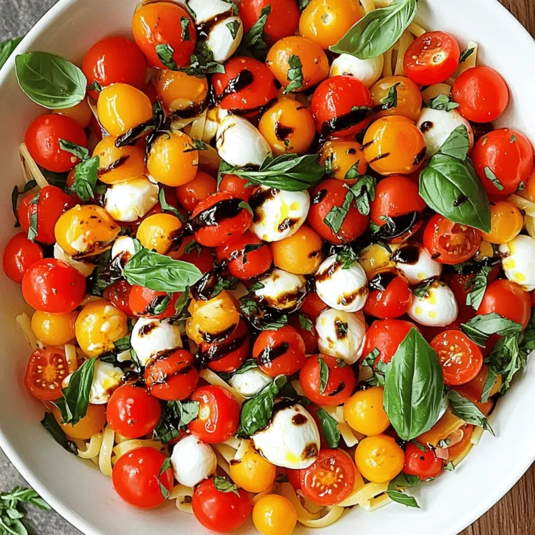 - 8 ounces rotini or penne pasta - 1 cup cherry tomatoes, halved - 1 cup fresh mozzarella pearls - 1 cup fresh basil leaves, torn - 4 tablespoons extra virgin olive oil - 2 tablespoons balsamic glaze - Salt and pepper to taste - 1 teaspoon Italian seasoning (optional) I love using rotini or penne pasta for this salad. The shapes hold the dressing well. Cherry tomatoes add sweetness and color. Fresh mozzarella pearls are creamy and cute. Torn basil brings a fresh aroma. Extra virgin olive oil gives rich flavor. Balsamic glaze adds a tangy touch. Salt and pepper enhance all the tastes. Italian seasoning is optional but adds depth. The main flavors in this salad come from fresh ingredients. The tomatoes burst with sweetness. Mozzarella adds a creamy texture. Basil provides a fragrant herbal note. Olive oil gives richness, while balsamic glaze brings tanginess. Together, these ingredients create a bright and refreshing dish. The combination makes this salad perfect for summer. For the full recipe, check out the details above. To start, gather all your ingredients. This keeps everything neat. You need rotini or penne pasta, cherry tomatoes, fresh mozzarella, and basil. Also, have olive oil, balsamic glaze, salt, pepper, and optional Italian seasoning ready. Bring a large pot of salted water to a boil. Add the pasta to the water. Cook it for about 8 to 10 minutes. Check the package for exact times. You want the pasta to be al dente, which means it should be firm but not hard. After cooking, drain the pasta. Rinse it under cold water. This cools it down and stops the cooking. In a large mixing bowl, add the halved cherry tomatoes, mozzarella pearls, and torn basil leaves. Next, add the cooled pasta to this mix. Gently toss everything together. Drizzle the olive oil and balsamic glaze over the salad. Then, sprinkle with salt and pepper. If you like, add Italian seasoning. Toss again until all is well mixed. Let the salad sit for about 10 minutes. This helps the flavors blend nicely. Enjoy this Easy Caprese Pasta Salad for a perfect summer dish. You can check the Full Recipe for more details. To elevate your Easy Caprese Pasta Salad, focus on fresh ingredients. Use ripe cherry tomatoes for sweetness. They add a burst of flavor. Fresh mozzarella pearls provide creaminess. Think of adding garlic for a punch. A clove of minced garlic works wonders. Fresh basil gives a fragrant herbal note. Consider using flavored olive oil, like garlic or lemon. These small tweaks can boost your dish's taste. Serve your pasta salad in a large, colorful bowl. This makes the dish pop. You can garnish it with extra basil leaves. A drizzle of balsamic glaze on top looks great. This adds a shiny finish and extra flavor. Pair it with grilled chicken or shrimp for protein. It's also perfect alongside crusty bread. Let your guests serve themselves for a casual feel. Watch out for overcooking the pasta. It should be al dente, not mushy. Rinse the pasta under cold water to stop cooking. Avoid skimping on salt. It enhances the flavors of all ingredients. Don’t forget to taste as you go. Adjust the seasoning to your liking. Lastly, let your salad sit for a bit. This helps the flavors blend. Following these tips will make your dish shine! {{image_2}} You can make your Easy Caprese Pasta Salad even heartier by adding protein. Grilled chicken, shrimp, or even sliced salami work well. For a plant-based option, try chickpeas or diced tofu. These add-ins boost flavor and make the salad more filling. Simply chop or slice the protein and toss it in with the other ingredients. If you need a gluten-free option, use gluten-free pasta. Many brands offer great choices that taste just like regular pasta. Look for rice or quinoa-based noodles for a good texture. The rest of the recipe stays the same. You still enjoy all the fresh flavors of this delightful dish. You can swap ingredients based on what's in season. In summer, add diced cucumbers or bell peppers for a crunchy bite. In fall, consider roasted butternut squash or arugula for a new twist. Seasonal swaps keep your salad fresh and exciting. It also helps you use what is local and fresh. After you enjoy your Easy Caprese Pasta Salad, you may have some left. Store the leftovers in an airtight container. This will keep the salad fresh. You can keep it in the fridge for up to three days. If you notice any changes in color or smell, it’s best to toss it. To keep your salad fresh, add ingredients just before serving. This means not mixing in the dressing until you are ready to eat. If you do this, the pasta will stay firm. The tomatoes will not get mushy, and the basil will stay bright. If you want to prep ahead, keep the pasta and veggies separate from the dressing. Reheating pasta salad is not usually needed. If you want to warm it up, do it gently. Use a microwave for short bursts. Heat for 15-20 seconds at a time. Check often to avoid hot spots. You can also serve it cold, which is how I love it best. A cold salad is very refreshing in summer. If you want to add some warmth, a quick drizzle of olive oil before serving can help. If you're ready to make this tasty dish, check out the Full Recipe! For this salad, I prefer rotini or penne pasta. These shapes hold the sauce well. You can also use farfalle or fusilli if you like. Just make sure to cook the pasta until it is al dente. This means it should be firm but not hard. Overcooked pasta can get mushy in the salad. Yes, you can make this salad ahead of time. It tastes great when chilled. If you prepare it a few hours before serving, the flavors blend well. Just don't add the dressing too early. Wait until right before serving to keep the pasta fresh and tasty. This way, it stays crispy and bright. This salad is already vegetarian. To make it vegan, skip the mozzarella cheese. You can add avocado or use vegan cheese instead. Cherry tomatoes and fresh basil bring lots of flavor. These ingredients make the salad colorful and fun. You will still enjoy a tasty meal without the dairy! This blog post covered all you need to make a great pasta dish. We looked at ingredients, step-by-step cooking, and flavor tips. Remember to try different variations and store leftovers properly. By doing this, you can enjoy your meal even more. You now have the tools to create a tasty pasta dish that fits your needs. Experiment, enjoy, and share your creations with others. Cooking should be fun and rewarding!