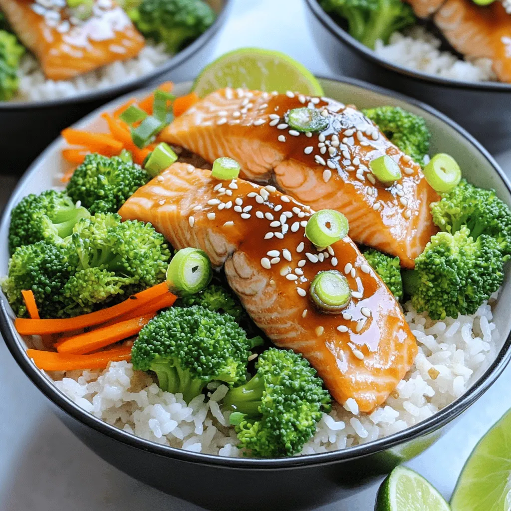 - 2 salmon fillets - 1 cup rice (jasmine or brown) - 1/4 cup teriyaki sauce - 1 cup broccoli florets - 1 carrot, julienned - 1/4 cup scallions, sliced - 1 tablespoon sesame seeds - 1 tablespoon sesame oil - 1 teaspoon grated ginger - Salt and pepper I love using these fresh ingredients for Teriyaki Salmon Rice Bowls. The salmon fillets are the star of the dish. They bring rich flavor and healthy fats. I often pick wild-caught salmon for its taste and quality. Jasmine rice adds a light and fragrant base, while brown rice offers a hearty option. The teriyaki sauce gives sweetness and depth. You can buy it or make your own. I like to make mine with soy sauce, honey, and ginger. The veggies add color and crunch. Broccoli florets provide a nice bite, and julienned carrots add a touch of sweetness. For garnishes, sliced scallions bring freshness. A sprinkle of sesame seeds adds a lovely crunch. Don't forget the sesame oil! It enhances the dish with a nutty flavor. I always keep salt and pepper on hand for seasoning. For the full recipe, check out the instructions for cooking this delicious meal. First, rinse the rice under cold water. This step helps remove excess starch. Keep rinsing until the water runs clear. Then, cook the rice as per the package directions. If you decide to use brown rice, be aware it takes longer. Brown rice usually needs about 40 to 45 minutes to cook fully. While the rice cooks, let's get the salmon ready. In a bowl, marinate the salmon fillets in teriyaki sauce, ginger, salt, and pepper. Let them soak for at least 15 minutes. This adds great flavor. Next, heat sesame oil in a non-stick skillet over medium heat. Once the oil is hot, add the salmon fillets skin side down. Cook them for about 4 to 5 minutes on each side. The salmon is done when it flakes easily with a fork. Pour any leftover marinade over the salmon in the last minute for extra taste. Now it’s time for the veggies. You can steam or sauté them based on your preference. For steaming, cook the broccoli florets and julienned carrots for about 3 to 4 minutes. If you prefer sautéing, use the same skillet after removing the salmon. This adds a nice flavor to the veggies. Make sure they are tender but still have a slight crunch for the best texture. Check out the Full Recipe for more details! To cook salmon just right, aim for about 4-5 minutes per side. This gives you tender, juicy fish. To avoid drying out the salmon, marinate it well. Use teriyaki sauce with ginger, salt, and pepper. Let it soak for at least 15 minutes. Cook the salmon skin-side down first. This keeps it moist and flavorful. Enhance your dish by adding toppings like sliced avocado or pickled ginger. You can also drizzle more teriyaki sauce on top if you like it sweeter. Just be careful not to overpower the salmon's taste. Adjust the sauce to your preference. A little goes a long way! For a lovely presentation, serve the rice in deep bowls. This adds a cozy touch. Portion the rice first, then place salmon on top. Arrange broccoli and carrots around the salmon. You can also add lime wedges for a fresh pop. Sprinkle sesame seeds for a nice crunch. {{image_2}} You can switch out the salmon for other proteins. Chicken works well and cooks quickly. Tofu is a great choice for a vegetarian meal. It soaks up the flavors nicely. You can also try shrimp or tempeh for a different taste. For vegetables, you have lots of options. Snap peas add a nice crunch. Bell peppers bring sweetness and color. You can use spinach or kale for a healthy green boost. Just pick what you love! Want some heat? Try adding chili flakes or sriracha to your teriyaki sauce. This gives a spicy kick that pairs well with the sweet sauce. You can also add garlic for extra flavor. Making homemade teriyaki sauce is easy and fun. Just mix soy sauce, honey, ginger, and garlic. This lets you control the taste and sweetness. You can even make a batch to keep in the fridge for later! For a gluten-free meal, use tamari instead of soy sauce. This keeps all the flavors without gluten. Make sure to check the teriyaki sauce label too. If you're going vegan, replace the salmon with marinated tofu. Use a plant-based teriyaki sauce. This way, you keep all the flavors while staying plant-based. Enjoy the deliciousness with your favorite veggies! For the full recipe, check the earlier section. To keep your Teriyaki Salmon Rice Bowls fresh, store leftovers in the fridge. Place the salmon, rice, and veggies in separate airtight containers. This helps maintain their texture and flavor. Use glass or plastic containers that seal well. Label them with the date to track freshness. Enjoy leftovers within three days for the best taste. When reheating salmon and rice, use the microwave or a skillet. If using a microwave, cover the bowl with a damp paper towel. This keeps moisture in and prevents drying out. Heat in short bursts of 30 seconds. Check often to avoid overcooking. For a skillet, heat on low until warmed through. Freezing is an option for longer storage. You can freeze salmon, rice, and veggies separately. Wrap salmon in plastic wrap and place it in a freezer bag. Store rice in a freezer-safe container. For veggies, blanch them first to keep their color and flavor. To thaw, place everything in the fridge overnight. Reheat as mentioned above for a delicious meal. Look for these signs to check salmon doneness: - The flesh turns from bright pink to opaque. - The salmon flakes easily with a fork. - It feels firm but not hard to the touch. If you see these signs, your salmon is ready to eat! Yes, you can prepare these bowls ahead! Here are some tips: - Cook the rice and store it in the fridge. - Marinate the salmon and keep it covered. - Chop your veggies and place them in airtight bags. This way, you save time when you are busy! You can use these substitutes if you lack teriyaki sauce: - Soy sauce mixed with honey or brown sugar. - Hoisin sauce for a sweet and thick option. - Coconut aminos for a soy-free choice. These alternatives still bring great flavor to your dish! For this recipe, I recommend these rice types: - Jasmine rice gives a light and floral taste. - Brown rice adds nutty flavor and fiber. Both options work well, so choose what you like! You can add many veggies to enhance your bowls: - Snap peas for a crunchy bite. - Bell peppers for sweetness and color. - Spinach or bok choy for greens. Mix and match to find your favorite combination! In this post, we covered how to make Teriyaki Salmon Rice Bowls. We explored key ingredients, step-by-step cooking methods, and tips for perfect flavor. You can get creative with variations and substitutions to suit your taste. Remember, fresh ingredients and careful cooking will lead to tasty results. Whether you’re meal prepping or serving a family dinner, this dish is versatile and satisfying. Enjoy your cooking journey and make this recipe your own!