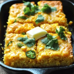 To make Cheddar Jalapeño Cornbread, you need some simple ingredients. Here’s what you will need: - 1 cup cornmeal - 1 cup all-purpose flour - 1 tablespoon baking powder - 1 teaspoon salt - 1 cup buttermilk - 2 large eggs - 1/4 cup honey - 1/4 cup unsalted butter, melted - 1 cup sharp cheddar cheese, shredded - 2 jalapeños, finely chopped (seeds removed for less heat) - 1/2 cup corn kernels (fresh or frozen) These ingredients work together to create a moist and flavorful cornbread. You can customize your cornbread with fun add-ins. Here are some ideas: - Chopped green onions for a fresh taste. - Cooked bacon bits for a smoky flavor. - Diced red bell peppers for a sweet crunch. - Fresh herbs like cilantro or parsley for extra zest. Feel free to mix and match your favorites! If you have dietary needs, you can still enjoy this cornbread. Here are some easy swaps: - Use almond milk or oat milk if you are lactose intolerant. - Swap honey for agave syrup for a vegan option. - Replace all-purpose flour with gluten-free flour for a gluten-free version. These substitutions keep the cornbread tasty while meeting your needs! For the full recipe, check out Cheddar Jalapeño Cornbread . To make the batter, start by gathering your ingredients. You need cornmeal, all-purpose flour, baking powder, salt, buttermilk, eggs, honey, unsalted butter, cheddar cheese, jalapeños, and corn. 1. Preheat your oven to 400°F (200°C). Grease a 9-inch square baking pan or a cast iron skillet. 2. In a large bowl, whisk together the cornmeal, flour, baking powder, and salt. Mix until it is all combined. 3. In another bowl, mix the buttermilk, eggs, honey, and melted butter. Make sure to blend this well. 4. Pour the wet mix into the dry mix. Stir it gently until just combined. Be careful not to overmix. 5. Next, fold in the shredded cheddar cheese, chopped jalapeños, and corn kernels. Make sure they are evenly spread in the batter. Now that your batter is ready, it’s time to bake. 1. Pour the batter into your greased pan. Spread it evenly across the pan. 2. Bake for 20 to 25 minutes. Look for a golden-brown top. You can test it with a toothpick. If it comes out clean, it’s done. 3. Once baked, remove it from the oven and let it cool for about 10 minutes. This helps it set before slicing. To get that perfect cornbread texture, keep these tips in mind: - Use fresh ingredients for the best flavor. - Do not overmix the batter. This keeps it fluffy. - Let the cornbread cool slightly before cutting. This helps with the texture. - For a crusty exterior, consider using a cast iron skillet. For the full recipe, check out the detailed steps above. Enjoy making your Cheddar Jalapeño Cornbread! To make your Cheddar Jalapeño Cornbread even better, add some spices. Cumin or smoked paprika can give it a nice twist. For extra cheese flavor, try mixing in some pepper jack cheese. It adds a creamy texture and a bit more heat. If you want a sweeter touch, add more honey or even some diced sweet bell peppers. This will balance the spice of the jalapeños well. To store leftover cornbread, wrap it in plastic wrap or foil. Place it in an airtight container to keep it fresh. It will last up to three days at room temperature. If you want to keep it longer, freeze it. Just cut it into squares first. When you want to eat it, thaw it overnight in the fridge. You can warm it up in the oven or microwave. Just make sure it’s heated all the way through. Cheddar Jalapeño Cornbread pairs well with many dishes. Serve it with chili for a cozy meal. You can also enjoy it with barbecue or soups. For a light snack, top it with butter, honey, or jam. Try adding a dollop of sour cream or guacamole on top for a fun twist. This cornbread is great for brunch too. Cut it into triangles, toast it, and serve with eggs. For more ideas, check out the Full Recipe for inspiration! {{image_2}} You can kick up the heat with spicy jalapeños. Use fresh jalapeños for a bold flavor. If you love a lot of spice, keep the seeds in. Alternatively, add roasted jalapeños for a smoky taste. This adds depth and warmth to your cornbread. For a sweeter option, try adding more honey. You can also mix in some sugar for extra sweetness. This balances the heat from the jalapeños. Serve it with butter and a drizzle of honey for a tasty treat. If you want individual servings, make cheddar cornbread muffins. Use a muffin tin instead of a baking pan. Fill the cups about two-thirds full. Bake for about 15-20 minutes. This makes a fun snack or side for any meal. Feel free to explore these variations or follow the Full Recipe for a classic version. Each option brings a unique twist to the beloved cornbread! To keep your Cheddar Jalapeño Cornbread fresh, store it in an airtight container. Let the cornbread cool completely before wrapping it up. If you have leftovers, they will stay tasty in the fridge for up to four days. For the best flavor, eat them sooner rather than later. Freezing cornbread is easy and smart. Wrap slices tightly in plastic wrap or foil. Then, place them in a freezer-safe bag or container. This way, you can keep it for about three months. When ready, thaw them in the fridge overnight. You can also warm them in the oven for a fresh taste. Cornbread lasts about four days in the fridge and up to three months in the freezer. If you notice any mold or off smells, it’s best to toss it. Always trust your senses! For a fun treat, try reheating it with a bit of butter on top. It makes a big difference to the taste. Check out the Full Recipe for more delicious details! Serve Cheddar Jalapeño Cornbread warm. I love to cut it into squares. You can add a pat of butter on top. It looks great with a sprinkle of cilantro or green onions. This adds color and flavor. Pair it with chili or soup for a hearty meal. Cornbread also works well with BBQ dishes. The flavors complement each other perfectly. Yes, you can adjust the heat level. If you want less heat, remove the seeds from the jalapeños. You can also use fewer jalapeños in the recipe. For more heat, add an extra jalapeño. You may even try adding a pinch of cayenne pepper. This way, you can tailor the spice to your taste. To make Cheddar Jalapeño Cornbread gluten-free, swap all-purpose flour with a gluten-free blend. Look for a blend that works well in baking. Make sure it has xanthan gum for the best texture. Also, double-check all other ingredients to ensure they are gluten-free. This way, everyone can enjoy this tasty dish! In this post, we explored how to make Cheddar Jalapeño Cornbread. We discussed key ingredients, optional add-ins, and substitutions for dietary needs. I shared step-by-step instructions for preparing and baking your cornbread, along with tips for perfect texture. We also covered ways to enhance flavor, store leftovers, and serve your cornbread. Remember, you can easily customize this recipe to fit your taste. Enjoy experimenting with flavors and variations to make it your own. Happy baking!