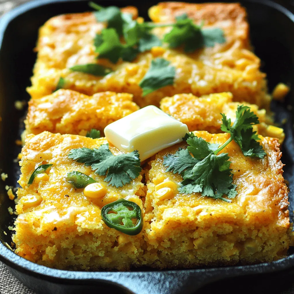 To make Cheddar Jalapeño Cornbread, you need some simple ingredients. Here’s what you will need: - 1 cup cornmeal - 1 cup all-purpose flour - 1 tablespoon baking powder - 1 teaspoon salt - 1 cup buttermilk - 2 large eggs - 1/4 cup honey - 1/4 cup unsalted butter, melted - 1 cup sharp cheddar cheese, shredded - 2 jalapeños, finely chopped (seeds removed for less heat) - 1/2 cup corn kernels (fresh or frozen) These ingredients work together to create a moist and flavorful cornbread. You can customize your cornbread with fun add-ins. Here are some ideas: - Chopped green onions for a fresh taste. - Cooked bacon bits for a smoky flavor. - Diced red bell peppers for a sweet crunch. - Fresh herbs like cilantro or parsley for extra zest. Feel free to mix and match your favorites! If you have dietary needs, you can still enjoy this cornbread. Here are some easy swaps: - Use almond milk or oat milk if you are lactose intolerant. - Swap honey for agave syrup for a vegan option. - Replace all-purpose flour with gluten-free flour for a gluten-free version. These substitutions keep the cornbread tasty while meeting your needs! For the full recipe, check out Cheddar Jalapeño Cornbread . To make the batter, start by gathering your ingredients. You need cornmeal, all-purpose flour, baking powder, salt, buttermilk, eggs, honey, unsalted butter, cheddar cheese, jalapeños, and corn. 1. Preheat your oven to 400°F (200°C). Grease a 9-inch square baking pan or a cast iron skillet. 2. In a large bowl, whisk together the cornmeal, flour, baking powder, and salt. Mix until it is all combined. 3. In another bowl, mix the buttermilk, eggs, honey, and melted butter. Make sure to blend this well. 4. Pour the wet mix into the dry mix. Stir it gently until just combined. Be careful not to overmix. 5. Next, fold in the shredded cheddar cheese, chopped jalapeños, and corn kernels. Make sure they are evenly spread in the batter. Now that your batter is ready, it’s time to bake. 1. Pour the batter into your greased pan. Spread it evenly across the pan. 2. Bake for 20 to 25 minutes. Look for a golden-brown top. You can test it with a toothpick. If it comes out clean, it’s done. 3. Once baked, remove it from the oven and let it cool for about 10 minutes. This helps it set before slicing. To get that perfect cornbread texture, keep these tips in mind: - Use fresh ingredients for the best flavor. - Do not overmix the batter. This keeps it fluffy. - Let the cornbread cool slightly before cutting. This helps with the texture. - For a crusty exterior, consider using a cast iron skillet. For the full recipe, check out the detailed steps above. Enjoy making your Cheddar Jalapeño Cornbread! To make your Cheddar Jalapeño Cornbread even better, add some spices. Cumin or smoked paprika can give it a nice twist. For extra cheese flavor, try mixing in some pepper jack cheese. It adds a creamy texture and a bit more heat. If you want a sweeter touch, add more honey or even some diced sweet bell peppers. This will balance the spice of the jalapeños well. To store leftover cornbread, wrap it in plastic wrap or foil. Place it in an airtight container to keep it fresh. It will last up to three days at room temperature. If you want to keep it longer, freeze it. Just cut it into squares first. When you want to eat it, thaw it overnight in the fridge. You can warm it up in the oven or microwave. Just make sure it’s heated all the way through. Cheddar Jalapeño Cornbread pairs well with many dishes. Serve it with chili for a cozy meal. You can also enjoy it with barbecue or soups. For a light snack, top it with butter, honey, or jam. Try adding a dollop of sour cream or guacamole on top for a fun twist. This cornbread is great for brunch too. Cut it into triangles, toast it, and serve with eggs. For more ideas, check out the Full Recipe for inspiration! {{image_2}} You can kick up the heat with spicy jalapeños. Use fresh jalapeños for a bold flavor. If you love a lot of spice, keep the seeds in. Alternatively, add roasted jalapeños for a smoky taste. This adds depth and warmth to your cornbread. For a sweeter option, try adding more honey. You can also mix in some sugar for extra sweetness. This balances the heat from the jalapeños. Serve it with butter and a drizzle of honey for a tasty treat. If you want individual servings, make cheddar cornbread muffins. Use a muffin tin instead of a baking pan. Fill the cups about two-thirds full. Bake for about 15-20 minutes. This makes a fun snack or side for any meal. Feel free to explore these variations or follow the Full Recipe for a classic version. Each option brings a unique twist to the beloved cornbread! To keep your Cheddar Jalapeño Cornbread fresh, store it in an airtight container. Let the cornbread cool completely before wrapping it up. If you have leftovers, they will stay tasty in the fridge for up to four days. For the best flavor, eat them sooner rather than later. Freezing cornbread is easy and smart. Wrap slices tightly in plastic wrap or foil. Then, place them in a freezer-safe bag or container. This way, you can keep it for about three months. When ready, thaw them in the fridge overnight. You can also warm them in the oven for a fresh taste. Cornbread lasts about four days in the fridge and up to three months in the freezer. If you notice any mold or off smells, it’s best to toss it. Always trust your senses! For a fun treat, try reheating it with a bit of butter on top. It makes a big difference to the taste. Check out the Full Recipe for more delicious details! Serve Cheddar Jalapeño Cornbread warm. I love to cut it into squares. You can add a pat of butter on top. It looks great with a sprinkle of cilantro or green onions. This adds color and flavor. Pair it with chili or soup for a hearty meal. Cornbread also works well with BBQ dishes. The flavors complement each other perfectly. Yes, you can adjust the heat level. If you want less heat, remove the seeds from the jalapeños. You can also use fewer jalapeños in the recipe. For more heat, add an extra jalapeño. You may even try adding a pinch of cayenne pepper. This way, you can tailor the spice to your taste. To make Cheddar Jalapeño Cornbread gluten-free, swap all-purpose flour with a gluten-free blend. Look for a blend that works well in baking. Make sure it has xanthan gum for the best texture. Also, double-check all other ingredients to ensure they are gluten-free. This way, everyone can enjoy this tasty dish! In this post, we explored how to make Cheddar Jalapeño Cornbread. We discussed key ingredients, optional add-ins, and substitutions for dietary needs. I shared step-by-step instructions for preparing and baking your cornbread, along with tips for perfect texture. We also covered ways to enhance flavor, store leftovers, and serve your cornbread. Remember, you can easily customize this recipe to fit your taste. Enjoy experimenting with flavors and variations to make it your own. Happy baking!