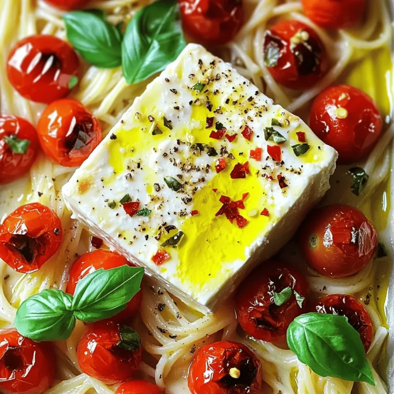 For a delicious baked feta pasta, you need the right ingredients. Here’s what you'll use: - 1 block (200g) of feta cheese - 300g cherry tomatoes, halved - 3 tablespoons olive oil - 3 cloves garlic, minced - 1 teaspoon dried oregano - 1 teaspoon red pepper flakes (adjust to taste) - Salt and pepper to taste - 300g pasta (penne or fusilli work well) - Fresh basil leaves for garnish - Grated lemon zest for serving (optional) These ingredients come together to create a creamy and flavorful dish. The feta cheese melts beautifully, making a rich sauce. You can add more flavor with these optional ingredients: - Fresh spinach or arugula for a green touch - Olives for a salty kick - Sun-dried tomatoes for a deeper taste - Lemon juice for extra zest Feel free to mix and match these options. They all add a unique twist to your dish. If you’re missing an ingredient, don't worry. Here are some easy swaps: - Use goat cheese instead of feta for a tangy flavor. - Swap cherry tomatoes for diced regular tomatoes or roasted red peppers. - Use any pasta type you prefer, like spaghetti or macaroni. - Olive oil can be replaced with avocado oil. These substitutions keep your dish tasty while allowing you to use what you have. For the full recipe, check the provided link! Start by preheating your oven to 400°F (200°C). Grab a baking dish and place the block of feta cheese in the center. Next, take the cherry tomatoes and cut them in half. Arrange the halved tomatoes around the feta in the dish. This setup helps the flavors blend well while baking. Once your dish is ready, drizzle three tablespoons of olive oil over the feta and tomatoes. Sprinkle three minced garlic cloves, a teaspoon of dried oregano, and red pepper flakes on top. Season with salt and pepper to taste. Bake everything in the oven for about 30 minutes. The tomatoes should get blistered, and the feta should turn soft and golden. While the feta and tomatoes bake, cook 300g of pasta. Follow the package instructions until the pasta is al dente. After draining the pasta, set it aside. When the feta and tomatoes are done, take them out of the oven. Use a fork to mash the feta and tomatoes together, forming a creamy sauce. Add the cooked pasta to the baking dish and toss everything together. Make sure the pasta gets coated with that delicious sauce. Adjust seasoning, if needed. Serve hot, garnished with fresh basil and a sprinkle of lemon zest, if you like. To make your sauce perfectly creamy, start with fresh feta cheese. Use a block of feta instead of crumbles. When you bake it, the feta melts beautifully. Mix the soft feta with the roasted cherry tomatoes. This will create a rich, smooth sauce. Use a fork to mash them together well. You can add a splash of pasta water for extra creaminess. If you like heat, add more red pepper flakes. Start with one teaspoon and taste as you go. You can also swap in fresh herbs. Basil, parsley, or thyme can add a fresh twist. Want a tangy kick? Add a splash of lemon juice before serving. This brightens the dish and balances the flavors. To save time, prep your ingredients in advance. Chop your garlic and halve the tomatoes before you start. You can even bake the feta and tomatoes ahead of time. Just keep the cooked pasta separate until you’re ready to serve. This way, you can mix everything quickly for a fast meal. {{image_2}} You can easily make Baked Feta Pasta vegetarian. Just use fresh veggies like bell peppers or spinach. For a vegan option, swap feta with a block of firm tofu. Marinate the tofu in olive oil, lemon juice, and spices before baking. This gives you that creamy texture without the dairy. While penne and fusilli are my go-to pasta choices, you can experiment. Try bowtie or spaghetti for a different bite. Gluten-free pasta works well too. Just make sure to follow the package instructions for cooking time. Want to jazz it up? Add olives for a salty kick or artichokes for a tangy twist. You can also toss in cooked chicken or shrimp for some protein. Fresh herbs, like parsley or thyme, can add nice flavor. For a hint of brightness, grate some lemon zest on top before serving. This will elevate the dish and make it even more delicious! After you enjoy your baked feta pasta, let it cool. Then, transfer it to an airtight container. This keeps the flavors fresh. You can store it in the fridge for up to three days. If you notice any extra moisture, use a paper towel to absorb it. To reheat your pasta, place a portion in a microwave-safe bowl. Add a splash of water or olive oil to keep it moist. Heat on medium power for about one to two minutes. Stir halfway through for even warming. You can also reheat it in a skillet over low heat for a few minutes. Stir often to avoid sticking. You can freeze baked feta pasta, but it may change texture. For best results, freeze it before baking. Place the uncooked mixture in a freezer-safe container. It can last up to three months. When ready to bake, thaw it overnight in the fridge. Then, bake as instructed in the Full Recipe. Enjoy your comforting dish later! Baked Feta Pasta is a creamy dish made with feta cheese, tomatoes, and pasta. You bake the feta and tomatoes together, which makes a rich sauce. The heat softens the feta, and the tomatoes burst with flavor. You then mix this sauce with your choice of pasta. This dish is easy to make and very tasty. Yes, you can use store-bought marinara sauce. Just add it after you bake the feta and tomatoes. This saves time and adds a different flavor. However, I recommend trying the baked version first. The fresh flavors of roasted tomatoes and feta create a unique taste. To make Baked Feta Pasta gluten-free, use gluten-free pasta. Many brands offer great alternatives. Check the ingredients to ensure there are no hidden gluten sources. The rest of the recipe is naturally gluten-free, so it’s easy to adapt. Some great sides include a crisp salad or garlic bread. A light salad with mixed greens adds freshness. Garlic bread pairs nicely, bringing a warm, crunchy element. You can also serve roasted vegetables for a healthy side. You can find the Full Recipe in the earlier section of this article. It has all the details and steps you need to make this dish. Enjoy cooking! Baked feta pasta is easy and fun to make. You saw the main ingredients and learned tricks for flavor. Remember, you can adjust the recipe to fit your taste and needs. Don't forget to store any leftovers correctly to enjoy later. In the end, this dish is versatile and perfect for any meal. Enjoy exploring your new recipe, and let your creativity shine!