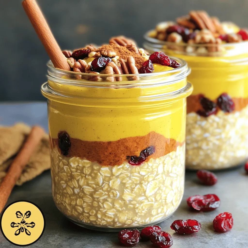 To make pumpkin spice overnight oats, you need: - 1 cup rolled oats - 1 cup almond milk (or any milk of choice) - 1/2 cup pure pumpkin puree - 1 tablespoon chia seeds - 1 tablespoon maple syrup (adjust for sweetness) - 1 teaspoon pumpkin pie spice (or a mix of cinnamon, nutmeg, and ginger) - 1/2 teaspoon vanilla extract - 1/4 cup Greek yogurt (optional for creaminess) - Toppings: chopped pecans, dried cranberries, or extra pumpkin spice for garnish These ingredients work together to create a tasty and filling dish. The oats soak up the milk and flavors overnight, making them soft and creamy. You can easily make this recipe fit your needs. For a dairy-free option, use almond milk or coconut milk. If you want it gluten-free, make sure to use certified gluten-free oats. You can skip the Greek yogurt for a plant-based meal. These small changes help everyone enjoy this treat. One serving of these oats has around 300 calories. It provides about 10 grams of protein and 8 grams of fiber. These oats offer a good balance of nutrients. The fiber helps you feel full longer, while the protein supports your energy needs. This dish keeps breakfast simple, tasty, and healthy. If you want to see the full recipe, check out the Full Recipe section. To make pumpkin spice overnight oats, first gather your ingredients. In a large bowl, mix together: - 1 cup rolled oats - 1 cup almond milk - 1/2 cup pure pumpkin puree - 1 tablespoon chia seeds - 1 tablespoon maple syrup - 1 teaspoon pumpkin pie spice - 1/2 teaspoon vanilla extract Stir well until everything blends together. If you want creaminess, add 1/4 cup Greek yogurt. Next, divide your mixture into two jars. Seal them tightly and put them in the fridge overnight. This lets the oats soak up all the yummy flavors. In the morning, stir the oats. If they seem thick, add more almond milk. Finally, top with your favorite nuts or dried fruit. To get the ideal texture, let the oats soak long enough. Overnight is best, but four hours works too. If your oats are too thick in the morning, just mix in a little more milk. For a creamier texture, don’t skip the Greek yogurt. It adds richness and taste. Here are some tools to make this recipe easier: - Large mixing bowl - Measuring cups and spoons - Stirring spoon or spatula - Jars or containers with lids - Refrigerator for soaking overnight With these tools, you'll create a delicious and easy breakfast! For the full recipe, check out the [Full Recipe]. To make your pumpkin spice overnight oats even better, try these tips: - Add more spices: Boost the flavor by adding extra cinnamon or nutmeg. - Use fresh pumpkin: If you can, use fresh pumpkin puree instead of canned for a richer taste. - Mix in nut butter: A spoonful of almond or peanut butter adds creaminess and protein. - Experiment with sweeteners: Try honey or agave syrup for a different sweetness. Keep your oats fresh with these simple tips: - Use airtight containers: This helps prevent the oats from drying out. - Store in the fridge: Always keep your overnight oats cold. They last for about 3-5 days. - Prep in batches: Make a few servings at once to save time during the week. Planning ahead makes breakfast easy. Here’s how: - Make multiple jars: Prepare several jars with different toppings to keep things exciting. - Vary your flavors: Try different fruits or spices each day to change it up. - Label your jars: Write the date and flavor on the lids to stay organized. With these tips, you'll enjoy perfect pumpkin spice overnight oats all week! For the full recipe, check out the complete section above. {{image_2}} You can mix things up with great flavors. For a fall twist, try apple cinnamon. Just add diced apples and a sprinkle of cinnamon. For a chocolate fix, mix in cocoa powder and some chocolate chips. Each variation keeps your taste buds happy. Toppings can change your oats game. You might use nuts like pecans or walnuts for crunch. Seeds like sunflower or pumpkin add healthy fats. Fresh fruits, such as bananas or berries, bring sweetness and color. Don’t be shy—mix and match! If you want a vegan option, replace Greek yogurt with more almond milk or coconut yogurt. This keeps it creamy without dairy. To boost protein, add a scoop of your favorite plant-based protein powder. This option keeps you full and energized all morning. For more ideas, you can check the Full Recipe. To make pumpkin spice overnight oats, gather your ingredients. You will need rolled oats, almond milk, pumpkin puree, chia seeds, maple syrup, pumpkin pie spice, vanilla extract, and optional Greek yogurt. Mix all the ingredients in a bowl. Then, divide the mixture into jars and refrigerate overnight. In the morning, stir and add your favorite toppings. This recipe serves two. It takes just 10 minutes to prep, but the flavors deepen overnight. Pumpkin spice overnight oats pair well with many drinks. Enjoy them with a warm cup of coffee or tea. The rich flavors of pumpkin spice blend perfectly with a creamy latte. You can also serve them with fresh fruit, like bananas or apples. This adds a nice crunch and sweetness. If you want something extra, try adding a drizzle of honey or some nut butter for added richness. If you have leftover pumpkin puree, you can use it in many ways. Add it to smoothies for a healthy boost. Mix it into pancakes or muffins for a fall twist. You can even stir it into soups for added creaminess and flavor. Chia seeds can be sprinkled on salads or blended into smoothies. Use them to make chia pudding for another tasty breakfast option. Maple syrup can sweeten many dishes, from oatmeal to yogurt. Always look for ways to use what you have. Yes, you can use instant oats, but the texture will change. Instant oats absorb liquid faster and create a softer mix. If you prefer a thicker texture, stick with rolled oats. Rolled oats offer a hearty bite and hold up well overnight. They also provide more fiber, which keeps you full longer. Pumpkin spice overnight oats last about 3 to 5 days in the fridge. Store them in sealed jars or containers. Always check for freshness before eating. If they smell or look off, it’s best to toss them. This dish is great for meal prep, making breakfast easy all week. Pumpkin spice offers health benefits. The main ingredient, pumpkin, is rich in vitamins A and C. It helps boost your immune system. Chia seeds add omega-3 fatty acids and fiber, aiding digestion. Almond milk is low in calories and provides calcium. Overall, this recipe is tasty and good for your health. Enjoy the flavors and benefits of pumpkin spice overnight oats. For the complete recipe, check the Full Recipe section. Pumpkin spice overnight oats are easy to make and delicious. You learned the ingredients, steps, and tips for perfect oats. Variations let you get creative with flavors and toppings. Storing and prepping can save time and keep it fresh. These oats not only taste good but can be healthy too. Enjoy experimenting and finding your favorite recipes for a tasty breakfast!