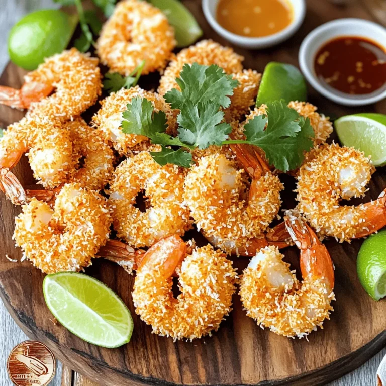 - 1 lb large shrimp, peeled and deveined - 1 cup unsweetened shredded coconut - 1/2 cup panko breadcrumbs - 1/2 cup all-purpose flour - 2 large eggs - Seasoning: garlic powder, paprika, salt, black pepper - 1 tablespoon honey - Cooking spray Gathering the right ingredients is key to making crispy air fryer coconut shrimp. Start with fresh shrimp that are peeled and deveined, as they will cook evenly. The unsweetened shredded coconut gives a nice crunch and tropical flavor. Panko breadcrumbs add extra crispiness, making your shrimp even more delightful. For the breading, all-purpose flour works well to create a base. The eggs bind everything together, while garlic powder, paprika, salt, and black pepper provide a tasty kick. If you want a hint of sweetness, drizzle a bit of honey over your shrimp after cooking. A light coating of cooking spray helps achieve that golden-brown finish in the air fryer. You can find the full recipe [here](#). Enjoy crafting this delicious dish! First, rinse the shrimp under cold water. This step is key to keeping the shrimp clean. After rinsing, use paper towels to dry them well. Dry shrimp help the coating stick better, making your dish more delicious. Next, gather your breading ingredients. Set up three bowls. In the first bowl, add flour mixed with garlic powder, paprika, salt, and black pepper. In the second bowl, crack and whisk the eggs until they are smooth. In the third bowl, combine the shredded coconut and panko breadcrumbs. This setup makes coating the shrimp easy and fun. Now, it’s time to coat the shrimp. Start by dredging each shrimp in the flour mixture. Make sure to shake off any extra flour. Then, dip the shrimp into the beaten eggs, letting any excess egg drip off. Finally, coat each shrimp with the coconut-panko mix. Press gently to ensure the coating sticks well. Repeat this for all shrimp. Before cooking, preheat your air fryer to 375°F (190°C) for about 5 minutes. Once it's heated, lightly spray the basket with cooking spray to prevent sticking. Arrange the shrimp in a single layer, making sure they don’t touch. This way, they will cook evenly and get crispy. Lightly spray the tops of the shrimp again with cooking spray. Now, air fry them for 8-10 minutes, flipping halfway through. Check that they turn golden-brown and crispy. Enjoy this tasty dish! For the full recipe, see above. - Always place shrimp in a single layer. This helps them cook evenly. - Adjust the cooking time based on shrimp size. Larger shrimp may need more time. - Serve with lime wedges for a fresh touch. - Use colorful garnishes like cilantro or slices of red pepper. It makes the dish pop. - Sweet chili sauce pairs well with the shrimp's flavors. - Mango salsa adds a nice sweetness and texture. - Classic cocktail sauce is a tasty choice too. For the full recipe, check out the details above! {{image_2}} Want to add heat? Try cayenne pepper or chili flakes. Just a pinch can change the game! Mix these spices into the flour before coating the shrimp. This will give your coconut shrimp a nice kick without overpowering the sweet coconut flavor. If you want a change, swap out the panko breadcrumbs. You can use crushed cornflakes for a crunchier texture. For a gluten-free option, use almond flour or gluten-free breadcrumbs. These alternatives still give you that crispy bite we all love. Pair your crispy coconut shrimp with fresh sides. A light salad with lime dressing works wonders. You can also serve them with coconut rice for a tropical touch. Don't forget delicious dipping sauces like sweet chili or mango salsa to enhance the flavor. These combinations make every bite a delight! For the full recipe, check out the recipe details above. To store cooked shrimp, let them cool first. Place the shrimp in an airtight container. You can keep them in the fridge for up to three days. Make sure to separate layers with parchment paper to avoid sticking. This helps keep your crispy air fryer coconut shrimp fresh and tasty. To reheat shrimp, use an air fryer or an oven. Set the air fryer to 350°F (175°C) and cook for 3-5 minutes. This keeps the shrimp crispy. If using an oven, preheat to 350°F (175°C). Place shrimp on a baking sheet and heat for about 10 minutes. Avoid using a microwave, as it can make the shrimp soggy. For freezing uncooked shrimp, place them in a single layer on a baking sheet. Freeze until solid, then transfer to a freezer bag. This keeps them fresh for up to three months. If you want to freeze cooked shrimp, wait until they cool and follow the same steps. Use within two months for the best taste. You can tell shrimp are done when they turn pink and opaque. The texture should be firm, not rubbery. When cooked well, the shrimp will have a slight crispness from the golden coating. If you gently press the shrimp, they should spring back. The air fryer will help achieve this perfect texture. Yes, frozen shrimp work well for this dish. However, thaw them first. Place shrimp in the fridge overnight or submerge them in cold water for about 15 minutes. Once thawed, pat them dry to help the coating stick. This ensures you get that crispy finish you want. A few tasty dipping sauces pair perfectly with coconut shrimp. Sweet chili sauce adds a nice kick. Mango salsa brings a fruity freshness. Classic cocktail sauce offers a tangy contrast. You can even mix honey with lime juice for a sweet dip. Try different sauces to find your favorite! To make this dish healthier, consider using whole wheat flour instead of all-purpose flour. You can also swap panko breadcrumbs for crushed nuts for added nutrition. If you want a lighter version, skip the honey. Using less oil or cooking spray will also cut down on fat. Yes, you can bake the coconut shrimp instead of air frying them. Preheat the oven to 400°F (200°C). Arrange the breaded shrimp on a baking sheet lined with parchment paper. Bake for about 12-15 minutes, flipping them halfway through. This method will still give you a crispy texture. This blog post showed how to make coconut shrimp step by step. We covered main ingredients, preparation, and cooking tips. You can serve it with tasty dips for extra flavor. Coconut shrimp is easy and fun to make. Feel free to experiment with spices and sides. Recipes like these can help you impress friends and family with your cooking skills. Enjoy your delicious shrimp, and don’t forget to share with others!
