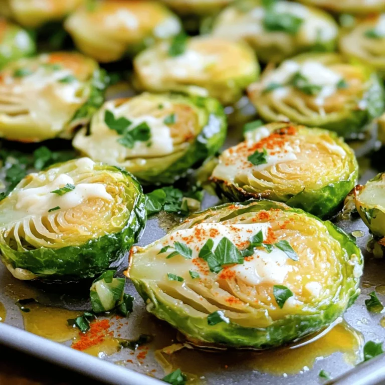 - 1 pound Brussels sprouts, trimmed and halved - 4 tablespoons olive oil - 3 cloves garlic, minced - 1/2 cup grated Parmesan cheese - 1 teaspoon paprika - 1/2 teaspoon salt - 1/4 teaspoon black pepper - 1 tablespoon lemon juice - Fresh parsley, chopped (for garnish) Garlic Parmesan Brussels sprouts need fresh, simple ingredients. Start with Brussels sprouts. Choose firm, green ones. Trim and halve them for even cooking. Olive oil adds richness and helps with roasting. Minced garlic gives a strong flavor that pairs well with the sprouts. Next, we have the seasoning. Grated Parmesan cheese melts and forms a tasty crust. Paprika adds a hint of smokiness. Salt and black pepper enhance the flavor. A splash of lemon juice brightens the dish. Finally, sprinkle fresh parsley on top for color and freshness. For the full recipe, check the section provided. - Preheat the oven to 400°F (200°C). - In a large mixing bowl, combine the halved Brussels sprouts, 4 tablespoons of olive oil, 3 cloves of minced garlic, 1 teaspoon of paprika, 1/2 teaspoon of salt, and 1/4 teaspoon of black pepper. Toss until the Brussels sprouts are evenly coated. - Spread the Brussels sprouts in a single layer on a baking sheet lined with parchment paper. - Roast them in the preheated oven for 20-25 minutes. Stir halfway through for even cooking. They should turn golden brown and crispy on the edges. - Remove from the oven and immediately sprinkle 1/2 cup of grated Parmesan cheese over the hot Brussels sprouts. Toss gently to combine. - Drizzle with 1 tablespoon of fresh lemon juice and give it one final toss. - Garnish with chopped parsley before serving. Enjoy this flavorful side dish! - Use freshly grated Parmesan for better flavor and texture. Fresh cheese melts nicely and gives a richer taste. - Adjust garlic and paprika levels to your liking. If you love garlic, add more. Want more heat? Just increase the paprika. - Stir halfway through roasting for even cooking. This helps both sides crisp up nicely. - Check for doneness based on color and crispness. Look for a golden brown color and crispy edges. This means they are ready to enjoy! {{image_2}} Adding a twist to Garlic Parmesan Brussels sprouts can make your meal even more exciting. Here are some fun ideas to try. - Add bacon bits for a smoky flavor. The crispy texture pairs well with the sprouts. Just sprinkle some cooked bacon on top after roasting. - Incorporate red pepper flakes for added spice. This will give your dish a nice kick. Add the flakes right before roasting for a balanced heat. - Substitute Pecorino Romano for a sharper taste. This cheese has a strong flavor that adds depth to your dish. It works great with garlic and Brussels sprouts. - Try a vegan cheese alternative for a plant-based version. There are many tasty vegan cheeses available. They melt nicely and keep the dish creamy without dairy. Experimenting with these variations can lead to great new flavors. Enjoy the process of making this dish your own! For the full recipe, check the section provided. To keep your Garlic Parmesan Brussels sprouts fresh, cool them completely first. Once cool, place them in an airtight container. This helps preserve their flavor and crunch. You can store them in the fridge for up to three days. Make sure the container is sealed tightly to avoid moisture. When it's time to enjoy your leftovers, I recommend reheating them in the oven. This method keeps them crispy. Preheat your oven to 350°F (175°C). Spread the sprouts on a baking sheet and heat for about 10 minutes. You can also use the microwave for quicker reheating. Just place them in a microwave-safe dish and heat in short bursts. Remember to check often to avoid sogginess. Yes, you can prepare and season them a few hours in advance. This makes it easy to serve at dinner. Just keep them in the fridge until you're ready to cook. When you are set to roast, you’ll have less to do! They pair well with grilled chicken, steak, or as a side for pasta dishes. The rich flavors of the sprouts enhance any meal. You can enjoy them with a simple protein or a hearty pasta. They are flexible and fit well on any plate! Yes, they are low in calories and high in vitamins and fiber. These little veggies pack a big punch! They support digestion and improve your health. Eating Brussels sprouts is a great choice for a tasty side that’s good for you. For the full recipe and detailed steps, refer to the section provided. This blog post guides you through making delicious Garlic Parmesan Brussels sprouts. You learned the main ingredients, step-by-step instructions, and helpful tips. We also explored tasty variations and storing methods. Incorporating these simple steps will elevate your dish. Whether you use them as a side or a main, you can enjoy flavorful, healthy sprouts. Experiment with the variations to find your favorite twist. Make this recipe your own, and savor the process!