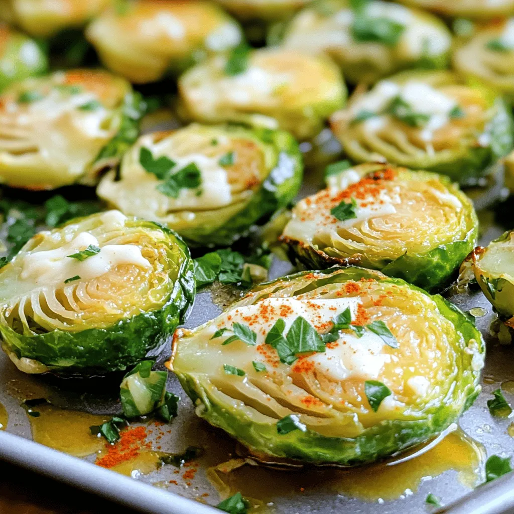 - 1 pound Brussels sprouts, trimmed and halved - 4 tablespoons olive oil - 3 cloves garlic, minced - 1/2 cup grated Parmesan cheese - 1 teaspoon paprika - 1/2 teaspoon salt - 1/4 teaspoon black pepper - 1 tablespoon lemon juice - Fresh parsley, chopped (for garnish) Garlic Parmesan Brussels sprouts need fresh, simple ingredients. Start with Brussels sprouts. Choose firm, green ones. Trim and halve them for even cooking. Olive oil adds richness and helps with roasting. Minced garlic gives a strong flavor that pairs well with the sprouts. Next, we have the seasoning. Grated Parmesan cheese melts and forms a tasty crust. Paprika adds a hint of smokiness. Salt and black pepper enhance the flavor. A splash of lemon juice brightens the dish. Finally, sprinkle fresh parsley on top for color and freshness. For the full recipe, check the section provided. - Preheat the oven to 400°F (200°C). - In a large mixing bowl, combine the halved Brussels sprouts, 4 tablespoons of olive oil, 3 cloves of minced garlic, 1 teaspoon of paprika, 1/2 teaspoon of salt, and 1/4 teaspoon of black pepper. Toss until the Brussels sprouts are evenly coated. - Spread the Brussels sprouts in a single layer on a baking sheet lined with parchment paper. - Roast them in the preheated oven for 20-25 minutes. Stir halfway through for even cooking. They should turn golden brown and crispy on the edges. - Remove from the oven and immediately sprinkle 1/2 cup of grated Parmesan cheese over the hot Brussels sprouts. Toss gently to combine. - Drizzle with 1 tablespoon of fresh lemon juice and give it one final toss. - Garnish with chopped parsley before serving. Enjoy this flavorful side dish! - Use freshly grated Parmesan for better flavor and texture. Fresh cheese melts nicely and gives a richer taste. - Adjust garlic and paprika levels to your liking. If you love garlic, add more. Want more heat? Just increase the paprika. - Stir halfway through roasting for even cooking. This helps both sides crisp up nicely. - Check for doneness based on color and crispness. Look for a golden brown color and crispy edges. This means they are ready to enjoy! {{image_2}} Adding a twist to Garlic Parmesan Brussels sprouts can make your meal even more exciting. Here are some fun ideas to try. - Add bacon bits for a smoky flavor. The crispy texture pairs well with the sprouts. Just sprinkle some cooked bacon on top after roasting. - Incorporate red pepper flakes for added spice. This will give your dish a nice kick. Add the flakes right before roasting for a balanced heat. - Substitute Pecorino Romano for a sharper taste. This cheese has a strong flavor that adds depth to your dish. It works great with garlic and Brussels sprouts. - Try a vegan cheese alternative for a plant-based version. There are many tasty vegan cheeses available. They melt nicely and keep the dish creamy without dairy. Experimenting with these variations can lead to great new flavors. Enjoy the process of making this dish your own! For the full recipe, check the section provided. To keep your Garlic Parmesan Brussels sprouts fresh, cool them completely first. Once cool, place them in an airtight container. This helps preserve their flavor and crunch. You can store them in the fridge for up to three days. Make sure the container is sealed tightly to avoid moisture. When it's time to enjoy your leftovers, I recommend reheating them in the oven. This method keeps them crispy. Preheat your oven to 350°F (175°C). Spread the sprouts on a baking sheet and heat for about 10 minutes. You can also use the microwave for quicker reheating. Just place them in a microwave-safe dish and heat in short bursts. Remember to check often to avoid sogginess. Yes, you can prepare and season them a few hours in advance. This makes it easy to serve at dinner. Just keep them in the fridge until you're ready to cook. When you are set to roast, you’ll have less to do! They pair well with grilled chicken, steak, or as a side for pasta dishes. The rich flavors of the sprouts enhance any meal. You can enjoy them with a simple protein or a hearty pasta. They are flexible and fit well on any plate! Yes, they are low in calories and high in vitamins and fiber. These little veggies pack a big punch! They support digestion and improve your health. Eating Brussels sprouts is a great choice for a tasty side that’s good for you. For the full recipe and detailed steps, refer to the section provided. This blog post guides you through making delicious Garlic Parmesan Brussels sprouts. You learned the main ingredients, step-by-step instructions, and helpful tips. We also explored tasty variations and storing methods. Incorporating these simple steps will elevate your dish. Whether you use them as a side or a main, you can enjoy flavorful, healthy sprouts. Experiment with the variations to find your favorite twist. Make this recipe your own, and savor the process!