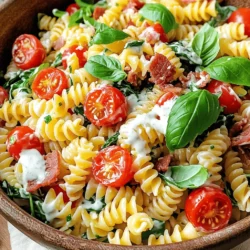 To make a tasty BLT pasta salad, you need the following ingredients: - 8 oz fusilli pasta - 1 cup cherry tomatoes, halved - 1 cup fresh spinach, chopped - 1 cup cooked turkey bacon, chopped - 1/2 cup red onion, finely chopped - 1/2 cup mayonnaise - 2 tablespoons Greek yogurt - 1 tablespoon apple cider vinegar - 1 teaspoon garlic powder - Salt and black pepper to taste - Fresh basil leaves for garnish Fresh ingredients make a big difference in taste. They add vibrant flavors and colors. For example, fresh spinach and cherry tomatoes bring crunch and sweetness. Dried ingredients can work in a pinch, but they lack the same zest. Use fresh herbs whenever you can. They elevate the dish and make it shine. When shopping, look for bright, firm tomatoes. They should be fully ripe for the best flavor. Choose fresh spinach that is bright green and crisp. Inspect the turkey bacon for quality. It should look fresh and have no signs of spoilage. For mayonnaise, pick one with natural ingredients. This choice makes the dressing richer and creamier. Always trust your senses; fresh ingredients will smell and look better. To start, boil water in a large pot. Add salt to the water. Once it boils, add 8 oz of fusilli pasta. Cook it until it is al dente, about 8-10 minutes. Drain the pasta when done. Rinse it under cold water to cool it down. This helps keep the pasta from sticking together. While the pasta cooks, chop your veggies. Take 1 cup of cherry tomatoes and cut them in half. Next, chop 1 cup of fresh spinach. For the bacon, use 1 cup of cooked turkey bacon. Cut it into small pieces. Lastly, finely chop 1/2 cup of red onion. Set all these ingredients aside for mixing later. In a separate bowl, combine 1/2 cup of mayonnaise and 2 tablespoons of Greek yogurt. Add 1 tablespoon of apple cider vinegar and 1 teaspoon of garlic powder to the mix. Season it with salt and black pepper. Whisk until smooth and creamy. This dressing adds a rich flavor to your pasta salad. In a large mixing bowl, combine the cooled pasta with the chopped veggies and bacon. Gently mix them together. Now, pour your dressing over the salad. Fold the dressing in carefully until everything is coated. Taste the salad and adjust the seasoning if needed. Cover it and chill for at least 30 minutes. This helps all the flavors blend. Enjoy your fresh and tasty BLT Pasta Salad! For the Full Recipe, check out the recipe section above. You can easily prepare this pasta salad ahead. Start by cooking the pasta and cooling it. Mix in the vegetables and bacon, but hold off on the dressing. This keeps the salad fresh and crisp. Store it in the fridge for up to a day. Just before serving, add the dressing and mix well. This ensures the flavors stay bright. This BLT pasta salad shines at picnics or potlucks. Serve it in a large bowl for sharing, or in single portions for guests. For a pop of color, top each serving with a cherry tomato half and some fresh basil. You can also pair it with grilled chicken or fish for a more filling meal. You can modify this recipe to fit different diets. For a gluten-free option, use gluten-free pasta. If you want a vegetarian version, swap turkey bacon for roasted mushrooms or smoked tofu. You can also make a dairy-free dressing using cashew cream or a store-bought vegan mayo. These changes keep the dish tasty while meeting dietary needs. For more details, check out the Full Recipe. {{image_2}} You can easily swap ingredients to suit your taste. Instead of turkey bacon, use regular bacon for a richer flavor. If you want a lighter option, try using chicken or even tofu. For pasta, any shape works well. Penne, rotini, or even whole wheat pasta can fit nicely. If you prefer a creamier dressing, add more yogurt or mayo. If you want a tangy kick, include a splash of lemon juice. To boost flavor, add fresh herbs like parsley or dill. Chopped avocado gives a creamy texture and rich taste. For a spicy twist, mix in sliced jalapeños or a dash of hot sauce. You can also add crumbled feta cheese for a salty bite. Roasted garlic gives a warm, sweet flavor that pairs well with the salad. Experiment with these additions to find your favorite blend. To make this dish vegetarian, replace turkey bacon with tempeh or mushrooms. Both options add a hearty texture. For vegan, use vegan mayo and yogurt. Many brands offer great plant-based options. Add chickpeas or black beans for protein. You can also include more veggies, like bell peppers or zucchini, for added nutrients and crunch. Enjoy the same great taste while keeping it plant-based! Store leftover BLT pasta salad in an airtight container. This helps keep it fresh. Place it in the fridge right after serving. Do not leave it out for too long. If you want to keep it longer, you can freeze it. But remember, freezing may change the texture of the salad. When stored in the fridge, BLT pasta salad lasts about 3 to 4 days. After that, it may lose its flavor and freshness. If you freeze it, try to use it within a month. Always check for any off smells or changes in texture before eating. You can enjoy BLT pasta salad cold or at room temperature. If you prefer to heat it, do so gently. Use a microwave and heat it in short bursts. Stir it often to avoid hot spots. If you heat it, the fresh veggies may wilt. For the best taste, serve it cold. For more details on making this tasty dish, check out the Full Recipe. Yes, you can use regular bacon in place of turkey bacon. Regular bacon will add a richer flavor. Just cook it until crispy and chop it up. This swap will make your pasta salad taste even more savory. You can serve this salad with grilled chicken, shrimp, or a slice of crusty bread. It pairs well with a light soup, like tomato basil, for a hearty meal. A refreshing green salad can also complement the dish nicely. To make this recipe gluten-free, use gluten-free pasta. There are many options available, like rice or corn pasta. Just follow the cooking time on the package. This way, you can enjoy the same tasty flavors without gluten. Good sides to serve with your BLT Pasta Salad include coleslaw, potato chips, or fruit salad. These sides add crunch and freshness. You can also try pickles or olives for extra flavor. BLT Pasta Salad can be healthy, especially if you use whole grain pasta. The fresh vegetables add nutrients, and turkey bacon is lower in fat than regular bacon. Balancing the dressing with Greek yogurt helps keep it light. You can find the Full Recipe for this delicious BLT Pasta Salad in the main article. It includes all the steps and tips you need for a perfect dish! In this blog post, we explored the key parts of making BLT Pasta Salad. We covered ingredients, step-by-step cooking, and helpful tips. You learned how to choose top ingredients and adjust the recipe for any diet. Plus, we discussed storage tips and answered common questions. Enjoy making and sharing this tasty dish. Trust me, your friends and family will love it!