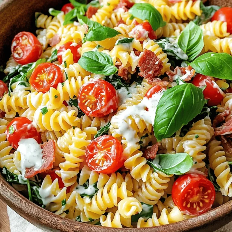 To make a tasty BLT pasta salad, you need the following ingredients: - 8 oz fusilli pasta - 1 cup cherry tomatoes, halved - 1 cup fresh spinach, chopped - 1 cup cooked turkey bacon, chopped - 1/2 cup red onion, finely chopped - 1/2 cup mayonnaise - 2 tablespoons Greek yogurt - 1 tablespoon apple cider vinegar - 1 teaspoon garlic powder - Salt and black pepper to taste - Fresh basil leaves for garnish Fresh ingredients make a big difference in taste. They add vibrant flavors and colors. For example, fresh spinach and cherry tomatoes bring crunch and sweetness. Dried ingredients can work in a pinch, but they lack the same zest. Use fresh herbs whenever you can. They elevate the dish and make it shine. When shopping, look for bright, firm tomatoes. They should be fully ripe for the best flavor. Choose fresh spinach that is bright green and crisp. Inspect the turkey bacon for quality. It should look fresh and have no signs of spoilage. For mayonnaise, pick one with natural ingredients. This choice makes the dressing richer and creamier. Always trust your senses; fresh ingredients will smell and look better. To start, boil water in a large pot. Add salt to the water. Once it boils, add 8 oz of fusilli pasta. Cook it until it is al dente, about 8-10 minutes. Drain the pasta when done. Rinse it under cold water to cool it down. This helps keep the pasta from sticking together. While the pasta cooks, chop your veggies. Take 1 cup of cherry tomatoes and cut them in half. Next, chop 1 cup of fresh spinach. For the bacon, use 1 cup of cooked turkey bacon. Cut it into small pieces. Lastly, finely chop 1/2 cup of red onion. Set all these ingredients aside for mixing later. In a separate bowl, combine 1/2 cup of mayonnaise and 2 tablespoons of Greek yogurt. Add 1 tablespoon of apple cider vinegar and 1 teaspoon of garlic powder to the mix. Season it with salt and black pepper. Whisk until smooth and creamy. This dressing adds a rich flavor to your pasta salad. In a large mixing bowl, combine the cooled pasta with the chopped veggies and bacon. Gently mix them together. Now, pour your dressing over the salad. Fold the dressing in carefully until everything is coated. Taste the salad and adjust the seasoning if needed. Cover it and chill for at least 30 minutes. This helps all the flavors blend. Enjoy your fresh and tasty BLT Pasta Salad! For the Full Recipe, check out the recipe section above. You can easily prepare this pasta salad ahead. Start by cooking the pasta and cooling it. Mix in the vegetables and bacon, but hold off on the dressing. This keeps the salad fresh and crisp. Store it in the fridge for up to a day. Just before serving, add the dressing and mix well. This ensures the flavors stay bright. This BLT pasta salad shines at picnics or potlucks. Serve it in a large bowl for sharing, or in single portions for guests. For a pop of color, top each serving with a cherry tomato half and some fresh basil. You can also pair it with grilled chicken or fish for a more filling meal. You can modify this recipe to fit different diets. For a gluten-free option, use gluten-free pasta. If you want a vegetarian version, swap turkey bacon for roasted mushrooms or smoked tofu. You can also make a dairy-free dressing using cashew cream or a store-bought vegan mayo. These changes keep the dish tasty while meeting dietary needs. For more details, check out the Full Recipe. {{image_2}} You can easily swap ingredients to suit your taste. Instead of turkey bacon, use regular bacon for a richer flavor. If you want a lighter option, try using chicken or even tofu. For pasta, any shape works well. Penne, rotini, or even whole wheat pasta can fit nicely. If you prefer a creamier dressing, add more yogurt or mayo. If you want a tangy kick, include a splash of lemon juice. To boost flavor, add fresh herbs like parsley or dill. Chopped avocado gives a creamy texture and rich taste. For a spicy twist, mix in sliced jalapeños or a dash of hot sauce. You can also add crumbled feta cheese for a salty bite. Roasted garlic gives a warm, sweet flavor that pairs well with the salad. Experiment with these additions to find your favorite blend. To make this dish vegetarian, replace turkey bacon with tempeh or mushrooms. Both options add a hearty texture. For vegan, use vegan mayo and yogurt. Many brands offer great plant-based options. Add chickpeas or black beans for protein. You can also include more veggies, like bell peppers or zucchini, for added nutrients and crunch. Enjoy the same great taste while keeping it plant-based! Store leftover BLT pasta salad in an airtight container. This helps keep it fresh. Place it in the fridge right after serving. Do not leave it out for too long. If you want to keep it longer, you can freeze it. But remember, freezing may change the texture of the salad. When stored in the fridge, BLT pasta salad lasts about 3 to 4 days. After that, it may lose its flavor and freshness. If you freeze it, try to use it within a month. Always check for any off smells or changes in texture before eating. You can enjoy BLT pasta salad cold or at room temperature. If you prefer to heat it, do so gently. Use a microwave and heat it in short bursts. Stir it often to avoid hot spots. If you heat it, the fresh veggies may wilt. For the best taste, serve it cold. For more details on making this tasty dish, check out the Full Recipe. Yes, you can use regular bacon in place of turkey bacon. Regular bacon will add a richer flavor. Just cook it until crispy and chop it up. This swap will make your pasta salad taste even more savory. You can serve this salad with grilled chicken, shrimp, or a slice of crusty bread. It pairs well with a light soup, like tomato basil, for a hearty meal. A refreshing green salad can also complement the dish nicely. To make this recipe gluten-free, use gluten-free pasta. There are many options available, like rice or corn pasta. Just follow the cooking time on the package. This way, you can enjoy the same tasty flavors without gluten. Good sides to serve with your BLT Pasta Salad include coleslaw, potato chips, or fruit salad. These sides add crunch and freshness. You can also try pickles or olives for extra flavor. BLT Pasta Salad can be healthy, especially if you use whole grain pasta. The fresh vegetables add nutrients, and turkey bacon is lower in fat than regular bacon. Balancing the dressing with Greek yogurt helps keep it light. You can find the Full Recipe for this delicious BLT Pasta Salad in the main article. It includes all the steps and tips you need for a perfect dish! In this blog post, we explored the key parts of making BLT Pasta Salad. We covered ingredients, step-by-step cooking, and helpful tips. You learned how to choose top ingredients and adjust the recipe for any diet. Plus, we discussed storage tips and answered common questions. Enjoy making and sharing this tasty dish. Trust me, your friends and family will love it!