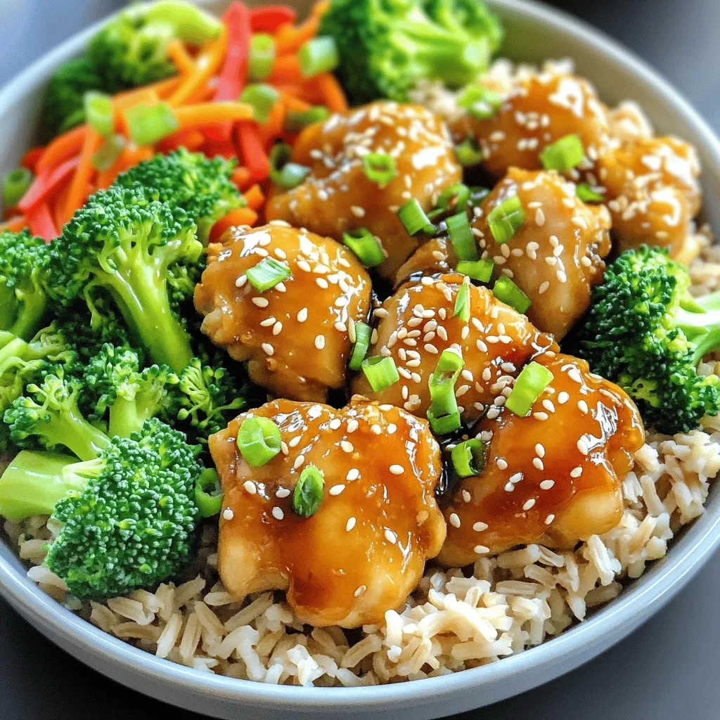 - 1 lb (450g) boneless, skinless chicken thighs, cut into bite-sized pieces - 2 tablespoons sesame oil - 2 tablespoons fresh ginger, grated - 3 cloves garlic, minced - 3 tablespoons soy sauce (low-sodium preferred) - 2 tablespoons honey - 1 teaspoon rice vinegar - 1 teaspoon cornstarch mixed with 2 tablespoons water (for thickening) - 1 cup cooked brown rice - 1 cup broccoli florets - 1 cup shredded carrots - 1 red bell pepper, sliced - 1 green onion, chopped (for garnish) - 2 teaspoons sesame seeds (for garnish) These ingredients create a powerful blend of flavors. The chicken thighs provide rich taste. I love using thighs because they stay juicy. Grated ginger adds a fresh kick. Garlic brings warmth and depth. Low-sodium soy sauce gives umami flavor without too much salt. Honey balances the spice with sweetness. Rice vinegar adds a touch of tanginess. The cornstarch-thickening mix makes the sauce silky. Brown rice serves as a hearty base. Broccoli gives a nice crunch and color. Shredded carrots add sweetness and vibrancy. The red bell pepper contributes crunch and a pop of color. Garnishing with green onion and sesame seeds enhances the dish. These small touches make it feel gourmet. For the full recipe, check out the link. First, gather all your ingredients. This makes cooking easier and faster. You need: - 1 lb boneless, skinless chicken thighs, cut into bite-sized pieces - 2 tablespoons sesame oil - 2 tablespoons fresh ginger, grated - 3 cloves garlic, minced - 3 tablespoons soy sauce (low-sodium preferred) - 2 tablespoons honey - 1 teaspoon rice vinegar - 1 teaspoon cornstarch mixed with 2 tablespoons water (for thickening) - 1 cup cooked brown rice - 1 cup broccoli florets - 1 cup shredded carrots - 1 red bell pepper, sliced - 1 green onion, chopped (for garnish) - 2 teaspoons sesame seeds (for garnish) Make sure to wash and chop your vegetables. This helps with cooking time. Heat a large skillet or wok over medium-high heat. Add the sesame oil and let it warm up. Once hot, add the grated ginger and minced garlic. Sauté for about 30 seconds until you smell the aroma. Next, add the chicken pieces to the skillet. Cook them until they are no longer pink. This should take about 6 to 7 minutes. Stir often to cook evenly. While the chicken cooks, make the sauce. In a small bowl, mix the soy sauce, honey, and rice vinegar. Once the chicken is ready, pour this sauce over it. Stir to coat the chicken well. Lower the heat to medium and let it simmer for 2 to 3 minutes. This helps the flavors blend. Then, add the cornstarch mixture to thicken the sauce. Cook for another minute until the sauce is glossy and thicker. While the chicken simmers, steam the broccoli florets in a separate pot. They need about 3 to 4 minutes to become bright green and tender-crisp. To serve, take a bowl and add 1/2 cup of brown rice to the bottom. Top it with the ginger sesame chicken mixture. Then, add the steamed broccoli, shredded carrots, and sliced bell pepper. Finish off by garnishing with chopped green onion and sesame seeds. This adds color and crunch. Enjoy your meal! For the full recipe, check the earlier section. To get the best chicken, start with chicken thighs. They stay juicy and tender. Cut them into bite-sized pieces for quick cooking. Heat sesame oil in a skillet. Add ginger and garlic to the hot oil. Sauté for about 30 seconds. This brings out their flavors. Next, add the chicken. Cook it until it's golden and no longer pink, around 6-7 minutes. This step ensures your chicken is cooked just right. If you use larger pieces of chicken, increase the cooking time. Always check the chicken's center. It should reach 165°F (75°C) for safe eating. If you add more veggies, you may need to adjust cooking time too. Steam broccoli for 3-4 minutes until bright green. This keeps the veggies crisp and colorful. Remember, cooking time varies by stove and pan. Keep an eye on your food. Garnishes make your dish pop! I love using chopped green onion for a fresh taste. It adds color and crunch. Toasted sesame seeds are another favorite. They give a nice nutty flavor. You can also sprinkle a little chili flakes for a kick. Serve your bowl with a slice of lime for zest. This adds freshness and brightness to each bite. Don't skip the garnishes; they make your meal look and taste great! For the full recipe, check the details above. {{image_2}} You can easily swap chicken for tofu or tempeh in this recipe. Both options soak up flavors well. Use firm or extra-firm tofu for the best texture. Simply cut it into cubes and sauté it the same way as chicken. The cooking time may be shorter, so keep an eye on it. You can also add more veggies like bell peppers or snap peas for added nutrition and crunch. To make this dish gluten-free, choose tamari instead of regular soy sauce. Tamari is a gluten-free soy sauce that gives the same rich flavor. Make sure to check labels on other ingredients, like rice vinegar, to ensure they are gluten-free. Serve your sesame ginger mix over quinoa or cauliflower rice for a tasty alternative to brown rice. Want to take your sesame ginger chicken bowls up a notch? Add a splash of lime juice for a zesty kick. You can also mix in chili flakes if you like heat. For a nutty flavor, try adding chopped peanuts or cashews as a garnish. Fresh herbs like cilantro or basil can also brighten the dish. Feel free to get creative and make it your own! For the full recipe, check out the detailed instructions above. After cooking, let the sesame ginger chicken cool. Transfer it to a container. Seal it tightly. Store it in the fridge for up to three days. This helps keep the dish fresh. Enjoy it straight from the fridge or reheat it. Always check for any strange smell or color before eating. To freeze, let the chicken cool completely. Divide it into portions. Place the portions in freezer-safe bags or containers. Remove as much air as possible. Label the bags with the date. You can freeze the chicken for up to three months. This way, you have a quick meal ready anytime. For reheating, you can use a microwave or a skillet. If using a microwave, place the chicken in a bowl. Cover it loosely to avoid splatters. Heat for 1 to 2 minutes. Stir halfway through. If using a skillet, add a splash of water. Heat on low until warm. This keeps the chicken moist. Serve it over fresh rice or veggies for a quick meal. For the full recipe, refer back to the beginning. Yes, you can use chicken breasts instead of thighs. Chicken breasts are leaner and cook faster. Just cut them into bite-sized pieces like thighs. Adjust the cooking time to about 5-6 minutes so they don’t dry out. Store leftovers in an airtight container. Let the chicken cool down first. Place it in the fridge for up to three days. If you want to keep it longer, freeze it for up to three months. To add some heat, include red pepper flakes or sriracha sauce. You can also add sliced jalapeños when cooking the chicken. Start with a little, then taste and add more as needed. Absolutely, you can prepare the sauce ahead of time. Mix the soy sauce, honey, and rice vinegar. Store it in the fridge in a sealed container for up to a week. Just stir it well before using it in the dish. For the full recipe, check the details above. This blog post shared a tasty chicken dish recipe using simple ingredients. You learned how to prepare, cook, and serve it perfectly. We also discussed useful tips for variation and storage. Remember, you can swap chicken for tofu or use different veggies. Experimenting makes cooking fun and unique. Enjoy trying this recipe and making it your own!