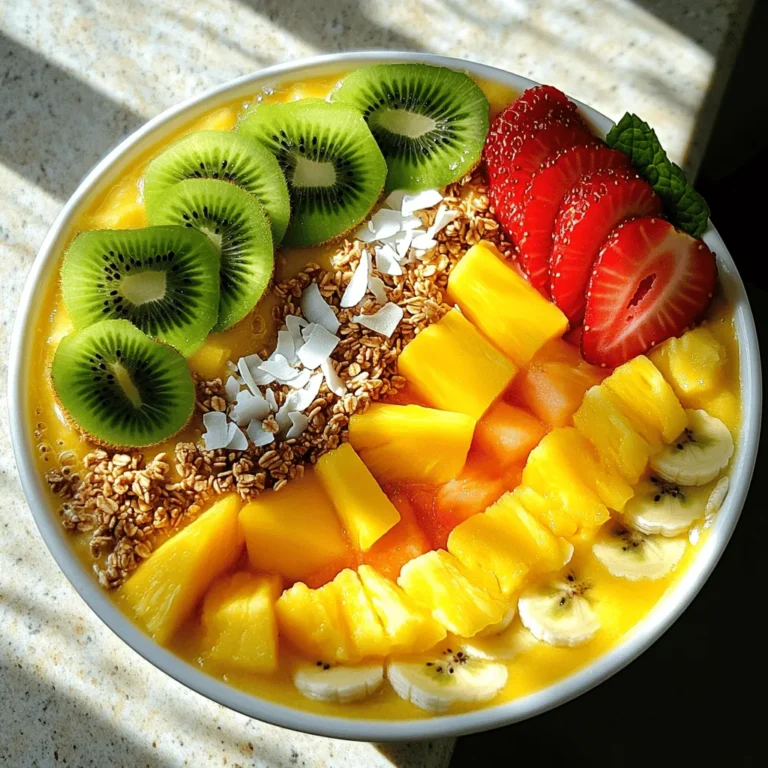 - 1 ripe banana - 1 cup frozen mango chunks - 1/2 cup frozen pineapple chunks - 1/2 cup coconut milk or your preferred plant-based milk The main ingredients create a rich and creamy base. The ripe banana adds natural sweetness. Frozen mango and pineapple chunks bring a tropical twist. Coconut milk gives it a smooth texture. - 1 tablespoon honey or agave syrup - 1/2 teaspoon vanilla extract - 1 tablespoon chia seeds You can add honey or agave syrup for extra sweetness. Vanilla extract enhances the flavor. Chia seeds add nutrition and a nice texture. - Fresh fruit: sliced kiwi, strawberries, and banana - 2 tablespoons granola - 1 tablespoon shredded coconut - Mint leaves for garnish Toppings make your smoothie bowl fun and colorful. Fresh fruit adds visual appeal and freshness. Granola gives a nice crunch. Shredded coconut adds flavor and texture. Mint leaves offer a pop of color. You can find the Full Recipe for a detailed guide on how to create this delicious dish. To make the smoothie base, start by getting your blender ready. Place it on a clean, flat surface. Next, add the ripe banana, frozen mango chunks, and frozen pineapple chunks into the blender. Pour in the coconut milk, and add the chia seeds. If you want it sweeter, include honey or agave syrup. Finish with a splash of vanilla extract. Blend everything on high speed until it becomes smooth and creamy. If it’s too thick, just add more coconut milk for the right consistency. Once your smoothie base is ready, pour it into a bowl. Now comes the fun part—decorating! Arrange the fresh fruit slices on top in a colorful pattern. Use sliced kiwi, strawberries, and banana for a vibrant look. Next, sprinkle granola and shredded coconut over the top. This adds a nice crunch. To make it pop, garnish with mint leaves. It not only looks great but also adds a fresh aroma. Serve it right away with a spoon and enjoy this tropical delight! You can easily adjust the thickness and creaminess of your smoothie bowl. If you prefer it thicker, use less coconut milk. For a creamier texture, blend in more coconut milk. You can also add sweeteners to enhance the taste. Honey and agave syrup are great options. If you want to explore new flavors, consider adding a dash of cinnamon or nutmeg. The possibilities are endless, so make it your own! Check out the Full Recipe for more ideas. To make a great Tropical Smoothie Bowl, choose ripe bananas. Look for bananas that are yellow with a few brown spots. This means they are sweet and soft. For mangoes, pick ones that feel slightly soft when gently pressed. They should have a sweet smell at the stem. Using frozen fruits is key. They help keep your smoothie cold and thick. I always use frozen mango and pineapple chunks. They blend well and add a nice texture. Plus, frozen fruits last longer and save you time. To get a smooth blend, start on low speed. Gradually increase to high speed. This method helps mix everything evenly. If your smoothie is too thick, add more liquid. Coconut milk works well for this recipe. You want a creamy texture, not runny. If it seems too thin, add more frozen fruit. This way, you’ll get that perfect bowl. You can boost your smoothie with protein. Add a scoop of protein powder or a spoon of nut butter. It gives a nice flavor and helps keep you full. Chia seeds are a great addition, too. They are small but mighty. They add fiber and omega-3s. Plus, they help thicken your smoothie. Just one tablespoon is enough for added nutrition without changing the taste. For the full recipe, check out the Tropical Paradise Smoothie Bowl. It's a delicious way to start your day! {{image_2}} You can switch up the flavors in your tropical smoothie bowl. Try using papaya or passion fruit for a more exotic taste. These fruits add a punch of flavor and bring the tropics to your bowl. Another fun option is a berry-infused smoothie bowl. Mix in frozen berries like strawberries or blueberries. They make the bowl colorful and add a tart twist. For a vegan smoothie bowl, use plant-based milks like almond or oat milk. You can replace honey with agave syrup for sweetness. Check your granola to make sure it is gluten-free. Many brands offer tasty, gluten-free granola options. Toppings can make your smoothie bowl exciting. Drizzle some nut butter on top for rich flavor. Almond or peanut butter work great. You can also add seeds like hemp or pumpkin. These seeds not only add crunch but also boost nutrition. Get creative with your toppings to make each bowl unique. For the full recipe, check out the Tropical Paradise Smoothie Bowl. To store leftover smoothie mix, pour it into an airtight container. Make sure to seal it tightly. Keep the mix in the fridge. It stays fresh for about one day. If you have topped smoothie bowls, store them in the fridge, too. Cover the bowl with plastic wrap. Avoid storing them for more than a few hours. Prepping fruits ahead of time is easy. Slice your bananas, mangoes, and pineapples. Place them in a freezer bag. Squeeze out the air and seal the bag. Use these frozen fruits in your next smoothie bowl. You can also make smoothie packs. Combine your fruits and chia seeds in bags. When ready, just add coconut milk and blend! To refresh a stored smoothie bowl, add a splash of coconut milk. Stir it well to mix everything. This helps bring back the creamy texture. If you stored the smoothie mix, drink it within 24 hours. Topped bowls should be eaten within a few hours for best taste. Follow the [Full Recipe] for great results! To make a Tropical Smoothie Bowl vegan, swap out some ingredients. Use plant-based milk like almond or oat milk in place of coconut milk. You can also replace honey with agave syrup or maple syrup. This keeps the bowl sweet without using animal products. For extra protein, consider adding a scoop of protein powder. You can choose whey or plant-based options, like pea or rice protein. Nut butters, like almond or peanut butter, also work well. They add flavor and a creamy texture. Yes, you can prep Tropical Smoothie Bowls ahead of time. Store the smoothie base in an airtight container in the fridge for up to 24 hours. Keep toppings separate to maintain freshness. Just add them before serving for a perfect bowl every time. Creating a Tropical Smoothie Bowl is easy and fun. You blend ripe fruits with coconut milk. Then, add your favorite toppings for a delicious finish. Remember, you can customize the recipe to fit your taste. Try different fruits and toppings for variety. Store any leftovers properly for later use. Enjoying a healthy smoothie bowl can boost your day. It’s a simple treat that is good for you. Dive into this tasty adventure!
