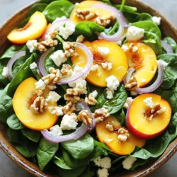 - Baby spinach - Ripe peaches - Red onion Fresh produce makes this salad bright and tasty. I love using baby spinach. It is soft and tender. Ripe peaches add sweetness and color. Their juicy flesh brings a summer vibe. Red onion gives a crisp bite. Slice it thin so it blends well. - Feta cheese - Walnuts Feta cheese adds a creamy touch. Its salty taste balances the sweet peaches. I like to crumble it into small bits. Walnuts give a nice crunch. They also add healthy fats. Toasting them lightly can boost their flavor. - Olive oil - Apple cider vinegar - Honey - Seasonings The dressing ties everything together. I use olive oil for richness. Apple cider vinegar adds a tangy taste. Honey sweetens the mix and rounds it out. Salt and pepper enhance the flavors. You can adjust these to your liking. This Peach Spinach Salad is a full flavor experience. For the complete recipe, check out the Full Recipe. Start by washing your fresh baby spinach. I love using 4 cups of it to make a nice base. Next, slice 2 ripe peaches. Their sweetness adds a bright flavor. Combine the spinach and peaches in a large bowl. Then, sprinkle in 1/2 cup of crumbled feta cheese. This cheese gives a creamy touch. Add 1/4 cup of thinly sliced red onion for a bit of zing. Finally, toss in 1/2 cup of roughly chopped walnuts. These add a nice crunch to the salad. In a small bowl, whisk together 1/4 cup of olive oil and 2 tablespoons of apple cider vinegar. This mix brings a tasty balance. Add 1 tablespoon of honey to sweeten the dressing. Don't forget salt and pepper to taste. I always taste it as I go. If you want it sweeter, add more honey. This will enhance the peaches' flavor. Drizzle the dressing over your salad mixture. Gently toss everything together. Make sure each piece gets coated. Let it sit for about 5 minutes. This helps the flavors meld. Serve your peach spinach salad fresh for a delightful meal. For the full recipe, check out the complete instructions above. To find ripe peaches, look for a soft feel. If they give slightly when you press them, they are ready. The skin should have a nice yellow hue. Avoid hard or green peaches, as they won’t taste sweet. You can also choose other fruits like strawberries or nectarines. These fruits pair well with spinach and add color. Store leftover salad in a sealed container. This keeps it fresh for up to two days in the fridge. If the salad wilts, add fresh spinach to revive it. You can also splash in some dressing to refresh flavors. Toss gently to mix everything without breaking the peaches. Try different dressings to change the flavor. A balsamic vinaigrette adds a tangy taste. For a spicy kick, mix in some mustard. You can also adjust sweetness by adding more honey or reducing it for a less sweet option. This lets you customize the salad to your taste. Check out the Full Recipe for more ideas! {{image_2}} You can make your peach spinach salad heartier by adding proteins. Grilled chicken or shrimp adds great flavor and texture. Simply grill the chicken or shrimp until cooked, then slice it up and toss it with the salad. For a vegetarian option, try adding beans. Chickpeas or black beans work well and give a nice protein boost. Seasonal fruits can elevate your salad. Berries, like strawberries or blueberries, add a sweet touch. Citrus fruits, like oranges or mandarins, can give a fresh zing. You can also switch up the nuts. Try pecans or almonds instead of walnuts for a different crunch. Cheese can change the salad's flavor profile. Goat cheese or blue cheese add a creamy richness. If you want a vegan alternative, use a cashew cheese or omit cheese entirely. Each choice brings its own delicious twist to the dish. If you're intrigued, you can find the full recipe to explore these variations! To keep your Peach Spinach Salad fresh, store leftovers in the fridge. Use an airtight container. This helps keep the salad crisp and tasty. If you have dressing left, store it separately. This keeps the spinach from wilting too fast. Just drizzle it on when you're ready to eat. Your salad will stay fresh for about 2 days in the fridge. After that, the spinach may wilt and the peaches might spoil. Look for signs of spoilage like brown spots on the peaches or soggy spinach. If you see these, it's best to toss the salad. For the full recipe, check out Peachy Spinach Delight! A peach spinach salad is a fresh and tasty dish. It combines bright baby spinach and sweet peaches. The main ingredients are: - 4 cups fresh baby spinach, washed and dried - 2 ripe peaches, pitted and sliced - 1/2 cup feta cheese, crumbled - 1/4 cup red onion, thinly sliced - 1/2 cup walnuts, roughly chopped - Dressing made from olive oil, apple cider vinegar, honey, salt, and pepper This mix of flavors makes it a nice choice for lunch or dinner. It is healthy and colorful, perfect for warm days. Yes, you can make this salad ahead of time. To prep it well, follow these steps: - Wash and dry the spinach and store it in a container. - Slice the peaches, but add them just before serving to keep them fresh. - Keep the feta cheese and walnuts separate to avoid sogginess. - Prepare the dressing and store it in a jar in the fridge. For best freshness, combine everything right before you eat. This keeps the salad crisp and tasty. Yes, this salad is gluten-free if you check your labels. Most of the ingredients are naturally gluten-free. Here are some tips: - Always read labels on feta cheese and nuts to ensure no gluten is added. - If you want gluten-free options, you could swap the feta with a dairy-free cheese. - You can also add grilled chicken or beans for extra protein without gluten. Enjoy this peach spinach salad without worry if you follow these tips! This blog post shared how to make a delicious peach spinach salad. We explored fresh ingredients like baby spinach, ripe peaches, and feta cheese. I provided step-by-step instructions, from preparing the salad to making the dressing. You learned tips for choosing the best peaches and how to customize your salad. Ultimately, this salad is flexible, tasty, and perfect for any occasion. Enjoy creating your own version with various ingredients, and share it with friends and family. Your culinary journey starts here!