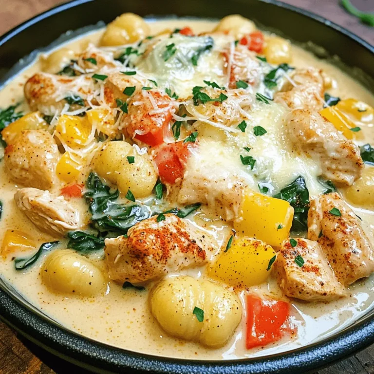 - 1 pound chicken breast, diced - 1 tablespoon Cajun seasoning - 2 tablespoons olive oil - 1 cup onion, diced - 1 cup bell pepper, diced (any color) - 3 cloves garlic, minced - 1 cup heavy cream - 1 cup chicken broth - 1 package (16 oz) gnocchi - 1 cup spinach (fresh or frozen) - 1/2 cup Parmesan cheese, grated - Salt and pepper to taste - Fresh parsley, chopped (for garnish) When making Creamy Cajun Chicken Gnocchi, fresh ingredients really shine. The chicken breast adds protein and a nice texture. Cajun seasoning brings a kick of flavor. Olive oil helps cook the chicken and veggies, adding richness to the dish. Onions and bell peppers give a sweet crunch. Garlic adds depth and aroma. Heavy cream creates the creamy texture, while chicken broth enhances the flavor base. Gnocchi serves as the perfect canvas, soaking in all those lovely flavors. Spinach adds a pop of color and nutrition. Parmesan cheese gives a salty, nutty finish. Don't forget salt and pepper to taste. Fresh parsley makes for a beautiful garnish and a hint of freshness. - Alternatives for chicken: You can use shrimp or tofu for a different protein source. - Dairy-free options for cream: Substitute with coconut cream or cashew cream for a vegan twist. - Gluten-free gnocchi options: Look for gnocchi made from rice or corn flour. Using these substitutions can help you adapt the recipe to fit your needs while keeping it delicious. For the complete recipe, check out the [Full Recipe]. First, take your diced chicken breast and season it. Use one tablespoon of Cajun seasoning. Make sure every piece gets a good coating. This gives the chicken great flavor. For even cooking, try to cut the chicken into similar sizes. This helps it cook at the same rate. Heat your skillet over medium heat with two tablespoons of olive oil. Once hot, add the seasoned chicken. Cook it for about 7 to 10 minutes. You know it’s done when the outside is golden brown and the inside is no longer pink. Remove the chicken from the skillet and set it aside. In the same skillet, add one cup of diced onion and one cup of diced bell pepper. Sauté these for about 5 minutes. You want them to soften up. Then, add three cloves of minced garlic. Cook for one more minute until it smells amazing. Next, pour in one cup of chicken broth and one cup of heavy cream. Stir it well and let it simmer. This thickens the sauce in about 3 to 4 minutes. Add your package of gnocchi to the skillet. Stir it in so it gets covered by the sauce. Cook it according to the package instructions. Usually, this takes about 3 to 5 minutes. You’ll know the gnocchi is done when it floats to the top. Now, add the cooked chicken back into the skillet. Toss in one cup of spinach too. Stir everything until the spinach wilts and everything is hot. Finally, add half a cup of grated Parmesan cheese. Stir it until the cheese melts and blends with the sauce. Taste your dish and adjust the seasoning with salt and pepper if needed. Serve it hot, and don’t forget to garnish it with fresh parsley. This makes your dish look nice and adds extra flavor. For the full recipe, check the earlier section. Enjoy your creamy Cajun chicken gnocchi! To make your creamy Cajun chicken gnocchi even better, try adding a few extra spices. Consider a pinch of smoked paprika or cayenne for more heat. You can also add a dash of lemon juice for brightness. Using high-quality ingredients is key. Fresh chicken, vibrant vegetables, and good cheese really make a difference. Always choose ingredients that you enjoy and trust. For sautéing, use a large skillet. This gives the chicken room to brown nicely. Keep your heat at medium, so food cooks evenly. Stir often to prevent sticking. When making the sauce, simmer it on low heat. This allows the flavors to meld well without burning. Keep an eye on it, stirring occasionally. You can prepare some components in advance. Chop your vegetables and store them in the fridge. Season the chicken and let it sit overnight for more flavor. For leftovers, store them in airtight containers. Reheat gently on the stove or in the microwave. Add a splash of broth or cream if it seems dry. This keeps every bite delicious! For the full recipe, check the detailed instructions provided above. {{image_2}} You can swap chicken for shrimp or sausage. Shrimp cooks fast and adds a nice flavor. Sausage gives a hearty bite to the dish. For a vegetarian option, use mushrooms or tofu. Both absorb flavors well and offer a satisfying texture. Want more heat? Add hot sauce to the mix for a spicy kick. You can also change up the cheese. Try mozzarella or pepper jack for a twist. Each cheese adds a unique taste to this creamy dish. If you're watching carbs, use cauliflower gnocchi instead of regular gnocchi. This keeps the meal low-carb while still tasty. For vegan adaptations, replace chicken with chickpeas and use coconut cream. These swaps keep the creamy texture while making it plant-based. For the full recipe, check out the detailed steps to create this delicious meal. To store leftovers, let the dish cool first. Transfer it to an airtight container. This keeps the flavors fresh. You can store it in the fridge for up to three days. Always check for signs of spoilage before eating. If you want to freeze leftovers, place them in freezer-safe bags or containers. Remove as much air as possible. This helps prevent freezer burn. The dish can last up to three months in the freezer. To thaw, move it to the fridge overnight. For reheating, warm it in a skillet over low heat until hot. You can also microwave it, stirring often. Creamy Cajun chicken gnocchi pairs well with a green salad. A side of garlic bread can also be a great choice. For a more filling meal, serve it with roasted vegetables. You can even sprinkle extra Parmesan on top for added flavor. Enjoy your delicious meal with a refreshing drink! It takes about 15 minutes to prep and 30 minutes to cook. In total, you need 45 minutes for this meal. This timeline ensures you have a tasty dish ready in no time. Yes, this dish is great for meal prep. You can cook the chicken and sauce ahead of time. Just store them in the fridge. When you're ready to eat, simply cook the gnocchi and heat everything together. You can use several alternatives if you prefer. Try small pasta like orzo or even rice for a gluten-free option. Cauliflower gnocchi also works well if you want a lower-carb choice. The recipe has some spice from the Cajun seasoning. You can adjust this to your liking. If you want less heat, use less seasoning or choose a milder blend. Yes, you can use frozen chicken. Just be sure to thaw it completely before cooking. This helps it cook evenly and ensures a tasty flavor in your dish. In this post, we explored the key ingredients, step-by-step instructions, and helpful tips for making creamy Cajun chicken gnocchi. You learned about ingredient substitutions, cooking techniques, and storage. This dish is flavorful and adaptable to your needs. Don't hesitate to try different proteins or spices to make it your own. Enjoy the process and the meal!