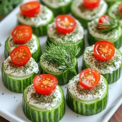 To make Everything Bagel Cucumber Bites, gather these simple ingredients: - 2 large cucumbers - 8 oz cream cheese, softened - 1 tablespoon sour cream - 1 tablespoon lemon juice - 1 teaspoon garlic powder - 1 teaspoon onion powder - 2 tablespoons fresh chives, chopped - 2 tablespoons fresh dill, chopped - 3 tablespoons everything bagel seasoning - Cherry tomatoes, halved (for garnish) Each ingredient plays a key role in flavor and texture. The cucumbers provide a refreshing crunch, while the cream cheese adds creaminess. Sour cream and lemon juice brighten the mix. Garlic and onion powders deepen the flavor. Fresh herbs like chives and dill bring color and freshness. Lastly, everything bagel seasoning ties it all together with its savory blend. For the full recipe, you can check the detailed instructions following this section. - First, wash the cucumbers under cold water. - Next, slice the cucumbers into 1-inch thick rounds. - Finally, dry the slices with a paper towel to remove any moisture. - In a bowl, combine softened cream cheese, sour cream, and seasonings. - Add lemon juice, garlic powder, onion powder, chives, and dill. - Mix until the texture is smooth and creamy. - Use a piping bag or a spoon to dollop the cream cheese mixture onto each cucumber slice. - Generously sprinkle everything bagel seasoning over the cream cheese. - For a pop of color, place a cherry tomato half on top of each cucumber bite. - Arrange the cucumber bites on a platter and chill for 15 minutes. This recipe is simple and offers a fun twist on classic flavors. For the full recipe, check out the detailed instructions provided. Enjoy your tasty snack! To make your cucumber bites look great, slice the cucumbers evenly. Aim for 1-inch thick rounds. Use a sharp knife to make clean cuts. This helps each bite stay sturdy and presents well on the plate. If you have trouble, try using a guide or a ruler. Consistent slices not only look nice, but they also help with even flavor distribution. You can prepare these cucumber bites a few hours in advance. Just follow the recipe, but wait to add the toppings until you're ready to serve. This keeps the cucumbers crisp. After you assemble them, cover the platter with plastic wrap. Chill them in the fridge for up to four hours. This way, flavors blend, and you save time on busy days. Presentation matters! Arrange the cucumber bites in a circle for a stunning display. You can also layer them on a large platter or wooden board. For an extra touch, sprinkle some fresh dill around the bites. Adding halved cherry tomatoes on top of each cucumber adds color and taste. These small details make your snack look gourmet and inviting. {{image_2}} If you need a dairy-free option, use a plant-based cream cheese. Look for brands made from nuts or soy. These alternatives work well in this recipe. You can also try avocado for a creamy texture. Blend ripe avocado with lemon juice and seasonings for a tasty spread. This option keeps your cucumber bites fresh and light. Want to add some heat? You can easily spice up your cucumber bites. Just drizzle hot sauce on top of the cream cheese. You can also sprinkle red pepper flakes. Both options bring a kick to your snack. Adjust the heat level to suit your taste. Start with a little and add more if you like it spicy. Cherry tomatoes are great, but there are many other toppings to try. Thinly sliced radishes add crunch and color. You can also use olives or capers for a briny bite. Fresh herbs like cilantro or parsley give a pop of flavor. Try using smoked salmon for a gourmet touch. Experimenting with different toppings can keep this snack exciting. For more ideas, check out the Full Recipe. To keep your Everything Bagel Cucumber Bites fresh, store them in an airtight container. Place a layer of paper towel at the bottom to absorb moisture. Lay the cucumber bites flat and cover with another paper towel. This method helps prevent sogginess. When stored properly, these cucumber bites last about 2 to 3 days in the refrigerator. After that, they may lose their crispness and flavor. It's best to enjoy them fresh for maximum taste. You can freeze the cream cheese mixture separately, but not the cucumber slices. Freezing the whole bites changes the texture and makes them watery. For best results, prepare and serve them fresh. You can always make the filling ahead of time and assemble later. Check the [Full Recipe] for more details. Yes, you can swap cream cheese for other soft cheeses. Try using goat cheese or ricotta for a new taste. Each cheese brings its own flavor. Goat cheese adds a tangy kick, while ricotta is mild and creamy. If you prefer a lighter option, use Greek yogurt. It still offers creaminess without the fat of cream cheese. Adjust the seasoning to match your cheese choice. To make these cucumber bites gluten-free, check all your ingredients. Most items are naturally gluten-free, including cucumbers and cream cheese. However, some everything bagel seasonings may have gluten. Always read labels before buying. If you can’t find gluten-free seasoning, make your own. Combine sesame seeds, poppy seeds, garlic powder, and onion powder for a tasty mix. This way, you ensure every bite stays gluten-free. These cucumber bites pair well with light snacks and drinks. Try serving them with fresh veggies or a fruit platter. You can also add some deli meats for a heartier snack. For drinks, consider iced tea or sparkling water to keep it light. If you want to impress, serve a nice white wine or a light beer. These choices enhance the flavors of the cucumber bites and make your snack time more fun. This blog post covered delicious Everything Bagel Cucumber Bites. You learned about the tasty ingredients, simple steps, and helpful tips for perfect bites. Remember, you can make them with dairy-free options or spice them up to match your taste. They’re easy to prepare and even better to share. Enjoy serving these treats at your next gathering. They’ll impress your guests and make snack time fun!