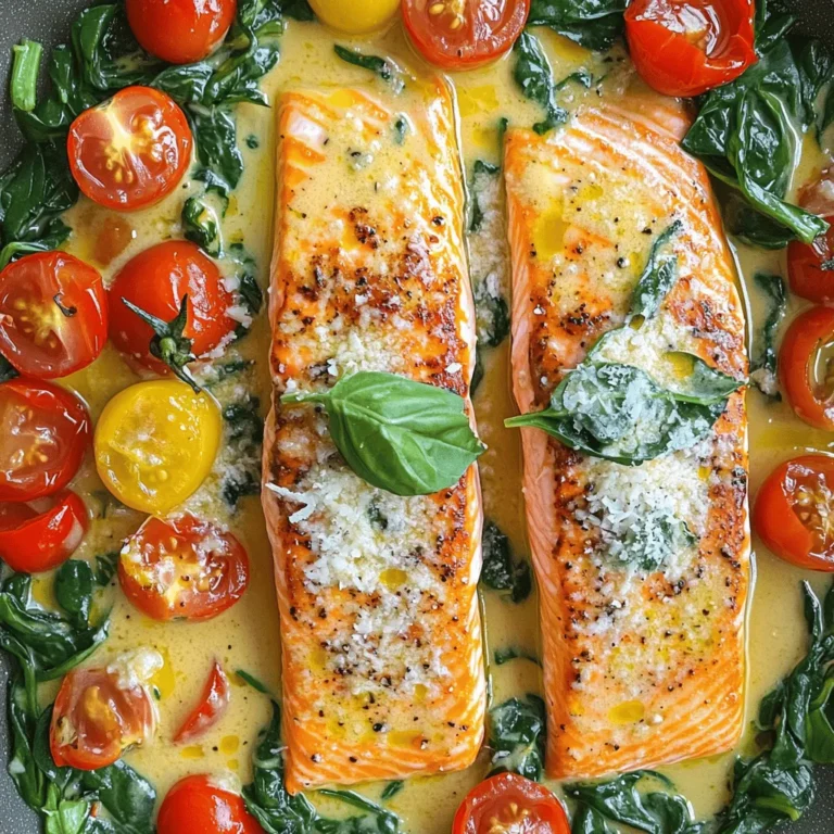 - 4 salmon fillets - 1 cup heavy cream - 1/2 cup grated Parmesan cheese - Salt and pepper, to taste - 1 teaspoon Italian seasoning - 1 teaspoon lemon juice - 3 cloves garlic, minced - 1 cup cherry tomatoes, halved - 1 cup fresh spinach - Fresh basil, for garnish When I make creamy Tuscan salmon, I always start with the main ingredients. The salmon fillets are the star here. They give a rich flavor and a lovely texture. I love using heavy cream for that smooth, creamy sauce. The Parmesan cheese adds a nice, salty kick that pairs well with the salmon. Next, I focus on seasonings and extras. Salt and pepper are key. They enhance all the flavors. Italian seasoning brings in some herbs that truly lift the dish. A little lemon juice adds brightness and balances the creaminess. Lastly, I can't forget about fresh produce. Garlic gives a wonderful aroma as it cooks. The cherry tomatoes burst with sweetness, and the spinach adds color and nutrition. I like to finish with fresh basil for a pop of flavor and freshness. This recipe brings together simple ingredients for a dish that feels special. You can find the full recipe below to guide you through the cooking process. Enjoy every bite! Seasoning the salmon fillets Start by seasoning the salmon fillets with salt and pepper. Use a good amount on both sides. This simple step enhances the flavor. Searing the salmon Heat the olive oil in a large skillet over medium-high heat. When the oil is hot, place the salmon skin-side down. Sear for 4 to 5 minutes until the salmon cooks halfway. Flip the salmon carefully and cook for another 3 to 4 minutes. Remove the salmon from the skillet and set it aside on a plate. Sautéing garlic and tomatoes In the same skillet, add minced garlic. Sauté for about 30 seconds until it smells good. Then, add the halved cherry tomatoes. Cook for 2 to 3 minutes until they soften. Adding spinach and cream Next, stir in the fresh spinach. Cook until it wilts, which takes 1 to 2 minutes. Lower the heat and pour in the heavy cream. Whisk it together with the other ingredients until smooth. Incorporating Parmesan cheese Add the grated Parmesan cheese and Italian seasoning to the sauce. Stir until the cheese melts and the sauce is creamy. Final heating and garnishing Mix in the lemon juice and taste. Adjust the salt and pepper if needed. Return the salmon to the skillet. Spoon the sauce over each piece and let it cook for another minute. Remove from heat and garnish with fresh basil. Enjoy your creamy Tuscan salmon! For the full recipe, check out the details above. To achieve the perfect sear on your salmon, start with a hot skillet. Heat the olive oil until it shimmers. Place the salmon fillets skin-side down gently in the pan. Cook for about 4-5 minutes without moving them. This helps create a nice crust. Flip the salmon carefully and cook for another 3-4 minutes. Use a spatula to avoid breaking the fillets. To avoid overcooking, watch the color of the salmon. When it turns from bright pink to a lighter shade, it's close to done. Remove the salmon when it still looks slightly undercooked. It will finish cooking in the creamy sauce. You can add more vegetables to boost flavor and nutrition. Consider zucchini, bell peppers, or mushrooms. These add color and depth to your dish. For suggested herbs, fresh basil and parsley work well. Thyme and oregano are great choices too. Add them when you mix in the heavy cream. This will enhance the sauce's taste and aroma. For a restaurant-style appearance, use a large white plate. Place the salmon in the center and spoon the sauce around it. This creates a beautiful contrast that looks appealing. Garnishing ideas include fresh basil leaves or a sprinkle of grated Parmesan on top. You can also drizzle a bit of lemon juice for extra freshness. These small touches make your dish look and taste gourmet. For the complete recipe, check out the [Full Recipe]. {{image_2}} You can switch proteins for this recipe. Try chicken or shrimp instead of salmon. For a vegetarian dish, use tofu or chickpeas. These choices still give you a nice texture. If you want a dairy-free sauce, use coconut cream or cashew cream. These options keep the dish creamy without dairy. You can also skip the cheese or try nutritional yeast for a cheesy flavor. Creamy Tuscan salmon pairs well with pasta or rice. Both absorb the sauce wonderfully. You can also serve it with quinoa or a side salad for a fresh touch. For a fun twist, serve it in tacos. Use corn tortillas and top with fresh veggies. You can also make a hearty sandwich, using sourdough or ciabatta bread. Feel free to mix up the herbs and spices. Try adding dill or parsley for a fresh taste. A pinch of red pepper flakes can add a nice kick to the dish. If you prefer a richer flavor, add smoked paprika or cumin. Adjust the sauce to your liking by tasting and modifying as you go. This way, you can create a sauce that matches your preferences. For the full recipe, check out the Creamy Tuscan Salmon. To store your creamy Tuscan salmon leftovers, place them in an airtight container. This keeps the dish fresh and tasty. Store it in the fridge for up to three days. If you want to enjoy it later, make sure to cool it to room temperature before storing. You can freeze creamy Tuscan salmon. However, the cream may change in texture. To freeze, put the salmon in a freezer-safe container. Seal it well to prevent freezer burn. It can stay frozen for up to three months. When you’re ready to eat, take it out and thaw it in the fridge overnight. This prevents bacteria growth and keeps the salmon safe to eat. To keep the creaminess when you reheat, use low heat. The best method is to warm it on the stove. Add a splash of cream or broth to help restore the texture. Stir gently as it heats until warm. You can also microwave it, but do so in short bursts to avoid overheating. For the best results, reheat slowly and enjoy your creamy Tuscan salmon just like the first time. For the full recipe, check out the complete guide! A crisp white wine works best. I recommend Sauvignon Blanc or Pinot Grigio. These wines have bright acidity and freshness. They balance the creamy sauce well. A light red, like Pinot Noir, can also work if you prefer red. Pairing wine enhances the meal's flavors and creates a complete dining experience. Yes, you can prepare creamy Tuscan salmon in advance. Cook the salmon and sauce separately. Store each in the fridge for up to two days. When ready to serve, reheat gently on the stove. Avoid high heat to keep the sauce creamy. This method saves time and ensures a tasty meal. Creamy Tuscan salmon offers health benefits. Salmon is rich in omega-3 fatty acids, great for heart health. The dish also includes fresh spinach and tomatoes, adding nutrients. Keep in mind that heavy cream adds calories. Use it in moderation for a balanced meal. Enjoy this dish as part of a healthy diet. For the full recipe, check the section above. In this blog post, we explored the delicious creamy Tuscan salmon. We covered essential ingredients, step-by-step cooking instructions, and helpful tips. You now know how to sear salmon, make a rich sauce, and enhance flavors. Remember, you can customize this dish with varied ingredients and serving suggestions. Don't hesitate to experiment! Enjoy your cooking and create a meal that impresses everyone. Your culinary adventure starts now!