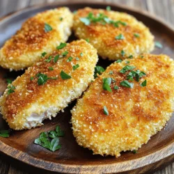 - 4 boneless, skinless chicken breasts - 1 cup grated Parmesan cheese - 1 cup breadcrumbs (preferably panko) For this dish, I always start with fresh chicken breasts. They help keep the cutlets juicy. The grated Parmesan cheese gives a rich, nutty flavor. Panko breadcrumbs add a great crunch. - 2 large eggs - 1 teaspoon garlic powder - 1 teaspoon onion powder I use eggs to bind the breading. Garlic powder and onion powder add depth to the flavor. They make the chicken taste even better. - 1 teaspoon dried Italian herbs (oregano, basil, thyme) - Salt and pepper to taste - Fresh parsley for garnish Dried Italian herbs bring a fresh taste to the dish. I season with salt and pepper to enhance the flavors. Chopped parsley adds color and freshness when serving. For the full recipe, check out the detailed steps above. Each ingredient plays an important role in making this dish a true delight. To start, take your chicken breasts and place them between two sheets of plastic wrap. Use a meat mallet to pound the chicken to about 1/2 inch thick. This helps it cook evenly. After pounding, season both sides of the chicken with salt and pepper. This simple step adds great flavor. Next, you will set up your breading station. Get three shallow dishes. In the first dish, add 1/2 cup of all-purpose flour. In the second dish, whisk together two large eggs, a teaspoon of garlic powder, a teaspoon of onion powder, and a pinch of salt and pepper. In the last dish, mix the grated Parmesan cheese, one cup of breadcrumbs, and a teaspoon of dried Italian herbs. This setup makes breading easy. Now comes the fun part—coating the chicken! Take each piece of chicken and dip it into the flour first. Make sure to shake off any extra flour. Then, dip it into the egg mixture, covering it well. Finally, coat the chicken in the Parmesan breadcrumb mixture. Press down gently so the crumbs stick well. This gives the chicken a nice, crunchy crust. Heat about 1/4 inch of olive oil in a large skillet over medium-high heat. Once the oil is hot, carefully add the breaded chicken cutlets. You may need to work in batches to avoid crowding. Cook each cutlet for about 4-5 minutes on each side. You want them golden brown and cooked through. After frying, transfer the cooked cutlets to a plate lined with paper towels. This helps soak up any extra oil. Let them rest for a few minutes. Finally, plate the chicken cutlets and garnish with freshly chopped parsley. This adds a nice touch and color to your dish. For the full recipe, check back to ensure you've got it all! To get that amazing crust on your chicken cutlets, I have a couple of tips. First, always use panko breadcrumbs. They are lighter and give a nice crunch. Second, add freshly grated Parmesan cheese to your breadcrumb mix. This boosts the flavor and makes each bite extra tasty. You can choose to fry or bake your chicken cutlets. Frying gives a crisp and golden finish, while baking is healthier. If you choose to bake, set your oven to 400°F (204°C) and place the cutlets on a baking sheet. Make sure to flip them halfway through cooking for even browning. For frying, remember to keep the oil hot but not smoking. This helps the cutlets cook evenly and stay juicy. These crunchy chicken cutlets pair well with many sides. Serve them with a fresh salad or over pasta for a complete meal. You can also drizzle some marinara or garlic sauce on top for added flavor. A squeeze of lemon juice right before serving can brighten the dish wonderfully. For a fun twist, try adding a side of roasted veggies for extra nutrition and taste. For the full recipe, check out the detailed instructions in the earlier sections. {{image_2}} You can add fun twists to your Parmesan crusted chicken cutlets by playing with flavors. Try adding spices like paprika or cayenne pepper. This adds a nice kick. You can also use different types of cheese. For example, try using pecorino or mozzarella for a unique taste. Mixing cheeses can create a rich flavor that surprises your taste buds. If you want a lighter meal, consider baking instead of frying. Baking gives you that crunch without the extra oil. You can also use whole wheat breadcrumbs. They add fiber and a nutty flavor. This small change helps make your dish healthier while still being tasty. You don’t have to stick with chicken. You can use plant-based options like tofu or tempeh. They work great with the same coating. If you need gluten-free options, switch to gluten-free breadcrumbs. You can also use almond flour for a nice crunch. These substitutions keep the dish delicious while meeting dietary needs. For detailed steps and measurements, refer to the Full Recipe. To keep your Parmesan crusted chicken cutlets fresh, follow these tips. First, let them cool to room temperature. Then, place them in an airtight container. This helps prevent moisture loss and keeps them tasty. Store them in the fridge. They last about three to four days. If you want to keep them longer, consider freezing. When reheating, choose between the oven or microwave. The oven works best for keeping that crispy texture. Preheat it to 375°F (190°C). Place cutlets on a baking sheet for about 10 to 15 minutes. This ensures they get warm and crisp. If you use the microwave, heat them for short intervals. Start with 30 seconds, check, then heat more if needed. The microwave may not keep them crispy. To freeze your cutlets, wrap each one tightly in plastic wrap. Place them in a freezer bag or container. This prevents freezer burn. They can last for up to three months. When you're ready to eat, thaw them in the fridge overnight. After thawing, reheat them in the oven to regain that crunch. Enjoy your flavorful delight again! For the full recipe, check the earlier section. To make Parmesan crusted chicken cutlets gluten-free, swap traditional breadcrumbs and flour with gluten-free options. Use gluten-free breadcrumbs made from rice or corn. For flour, try almond flour or coconut flour. These alternatives keep the cutlets crispy while being friendly for gluten-free diets. Yes, you can bake them! To bake for the best results, first preheat your oven to 400°F (200°C). Place the breaded cutlets on a baking sheet lined with parchment paper. Spray them lightly with olive oil to help them brown. Bake for about 20-25 minutes, flipping halfway through, until golden brown and cooked through. Many sides pair well with Parmesan crusted chicken cutlets. Consider serving them with: - A fresh garden salad - Steamed green beans or broccoli - Creamy mashed potatoes - A side of pasta with marinara sauce These options add variety and balance to your meal. To keep chicken cutlets juicy, marinate or brine them before cooking. A simple brine of water and salt helps. Soak the chicken for at least 30 minutes. You can also use a marinade with olive oil, lemon juice, and herbs. This adds flavor and moisture, making your cutlets deliciously juicy. In this blog post, we explored the key ingredients and steps to make delicious Parmesan crusted chicken cutlets. I shared tips for achieving a crispy crust and offered healthier cooking methods. You learned about flavorful variations and how to store leftovers. With this easy recipe, you can impress any guest. Enjoy your cooking and feel confident in your skills! Your homemade cutlets will surely be a hit at your next meal.