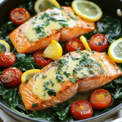 - 4 salmon fillets (6 oz each) - 4 tablespoons unsalted butter - 4 cloves garlic, minced - 1 teaspoon dried thyme - 1 teaspoon smoked paprika - Salt and pepper to taste - 1 lemon, sliced - 2 cups cherry tomatoes, halved - 1 cup fresh spinach - Fresh parsley, chopped for garnish Gathering the right ingredients is key to making this dish shine. I love using fresh salmon fillets. They are packed with flavor and nutrients. Unsalted butter adds richness and helps the garlic shine. Speaking of garlic, using minced garlic gives a strong, tasty aroma. Dried thyme and smoked paprika bring warmth and depth to the dish. Be sure to season the salmon well with salt and pepper. A squeeze of fresh lemon brightens the meal and balances the richness of the butter. Cherry tomatoes add a sweet pop, and fresh spinach makes the dish colorful and healthy. Lastly, chopped parsley gives a fresh finish, making your meal look and taste great. With these ingredients ready, you set the stage for a quick and tasty one-pan meal! - Preheat your oven to 375°F (190°C). - In a large oven-safe skillet, melt 2 tablespoons of butter over medium heat. - Add 4 cloves of minced garlic. Sauté for about 1 minute until it smells great. - Take 4 salmon fillets and season both sides. - Use salt, pepper, 1 teaspoon of dried thyme, and 1 teaspoon of smoked paprika. - Push the garlic to one side. Place the salmon skin-side down in the skillet. - Cook for 3-4 minutes without moving them. - After 4 minutes, carefully flip the salmon. - Add the remaining butter and sliced lemon around the salmon. - Add 2 cups of halved cherry tomatoes. Sprinkle with more salt and pepper. - Transfer the skillet to the oven. Roast for 10-12 minutes. The salmon should flake easily with a fork. - In the last 2 minutes of cooking, add 1 cup of fresh spinach to the skillet. - Allow the spinach to wilt. - Once done, remove the skillet from the oven. - Garnish with chopped parsley before serving. To get flaky salmon, cook it just right. The best temperature is 375°F (190°C). Roast the salmon for 10 to 12 minutes. Check it with a fork; it should flake easily. Overcooking can make it dry, so watch the time closely. You can change up the flavor of your salmon. Try adding fresh dill or oregano. A pinch of cayenne pepper gives a nice kick. You can also use lemon zest for brightness. Experiment with your favorite herbs for a personal touch. Pair your salmon with tasty sides. Roasted asparagus or a fresh salad works well. Serve it with rice or quinoa for a hearty meal. Don't forget a slice of lemon on the side! Fresh parsley adds a nice touch of color on the plate. {{image_2}} You can easily swap salmon for chicken or shrimp. For chicken, use boneless thighs or breasts. Season them the same way as the salmon. Cook until they reach 165°F (75°C). For shrimp, choose large, peeled shrimp. They cook quickly, so add them in the last few minutes of baking. Both options keep the dish tasty and simple. To make this dish vegetarian, replace the salmon with hearty vegetables. Try using firm tofu or portobello mushrooms. Season them like the salmon to pack in flavor. Use the same cooking method. Add more cherry tomatoes and spinach for a robust veggie mix. You can still enjoy that rich garlic butter flavor. Enhancing flavors is easy! Add bell peppers, zucchini, or asparagus for a colorful dish. Toss in fresh herbs like basil or dill for extra zest. If you like heat, sprinkle some red pepper flakes. Experimenting with spices like cumin or coriander can give a unique twist. Each addition makes the meal more exciting and tasty! After your meal, store any leftover salmon in an airtight container. Keep it in the fridge. This way, it stays fresh for up to three days. Make sure the salmon cools down first. You want to avoid steam in the container. If you have cherry tomatoes or spinach left, store them separately. They may get soggy if mixed. To reheat salmon, the best method is using the oven. Preheat your oven to 350°F (175°C). Place the salmon on a baking sheet. Cover it with foil. This helps it stay moist. Heat for about 10 minutes or until warm. You can also use a microwave. Place the salmon on a plate and cover it. Heat for 30 seconds at a time. Check if it’s warm enough. If you want to freeze salmon, wrap each fillet tightly in plastic wrap. Then, place them in a freezer bag. Make sure to remove excess air. Label the bag with the date. Frozen salmon is best used within three months. To thaw, move the salmon to the fridge overnight. This keeps it safe and tasty. You can also thaw it in cold water for quicker results. You should cook salmon in the oven for about 10 to 12 minutes. This timing works well at 375°F (190°C). The salmon will cook through and flake easily when done. For best results, check it at the 10-minute mark. If it looks pink in the center, give it a bit more time. Yes, you can use frozen salmon! Just make sure to thaw it first. You can leave it in the fridge overnight or run it under cold water. After thawing, follow the same steps in the recipe. The cooking time may be a bit longer for frozen fillets. If your salmon is overcooked, it may be dry. To fix this, you can serve it with a sauce or lemon juice. A creamy sauce can add moisture back to the dish. You can also flake the salmon and mix it into a salad or pasta for a tasty meal. Definitely! You can use many other veggies. Broccoli, bell peppers, or zucchini work well. Just make sure to cut them into small pieces. Add them to the pan with the salmon. This way, they will cook evenly and soak up all that yummy garlic butter flavor. This blog post shared a simple, tasty salmon recipe. You learned how to prepare it with fresh ingredients and easy steps. I covered cooking tips to ensure your dish is flaky and flavorful. You discovered variations and how to store leftovers. Remember, cooking can be fun and rewarding. Try different herbs and proteins as you gain confidence. Enjoy delicious meals and share this recipe with friends! Cooking can bring joy and flavor to your day.