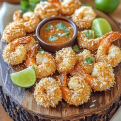 - 1 pound large shrimp, peeled and deveined - 1 cup shredded coconut - 1/2 cup panko breadcrumbs - 1/2 cup all-purpose flour - 2 large eggs - 1 teaspoon garlic powder - 1 teaspoon paprika - Salt and pepper to taste - 1 tablespoon lime juice - Cooking spray In this recipe, you will need fresh shrimp. You can use large shrimp for the best texture. The shredded coconut adds sweetness and crunch. Panko breadcrumbs help create a light and crispy crust. All-purpose flour binds the coating together. Eggs act as the glue, helping the coating stick. Garlic powder and paprika add rich flavor. Don't forget the salt and pepper to taste, and lime juice gives a zesty touch. Lastly, cooking spray helps achieve that golden crust without added oil. If you prefer, you can use sweetened or unsweetened shredded coconut. Sweetened coconut adds a touch of sweetness, while unsweetened keeps it more savory. For those needing gluten-free options, substitute all-purpose flour with almond flour and panko with gluten-free breadcrumbs. If you want a different protein, try using chicken tenders or tofu for a tasty twist. These simple swaps let you enjoy the dish while meeting your needs. To start, you need to clean and devein the shrimp. Use fresh, large shrimp for the best taste. 1. How to clean and devein shrimp: - Rinse the shrimp under cold water. - Use a sharp knife to cut along the back. - Remove the dark vein with the knife or your fingers. 2. Tips on patting shrimp dry: - Use paper towels to pat the shrimp dry. - This helps the coating stick better during cooking. Now, let’s coat the shrimp for that perfect crunch. 1. Step-by-step coating in flour, egg, and coconut mixture: - Set up three shallow dishes. - Place all-purpose flour in the first dish. - Beat the eggs with lime juice in the second dish. - In the third dish, mix shredded coconut, panko breadcrumbs, garlic powder, paprika, salt, and pepper. 2. Importance of pressing the coating: - After coating the shrimp, press the coconut mixture onto it. - This ensures the coating stays put during cooking. Let’s get cooking in the air fryer! 1. Preheating the air fryer: - Set the air fryer to 400°F (200°C). - Preheat for about 5 minutes. 2. Arranging shrimp in the air fryer for optimal cooking: - Lightly spray the basket with cooking spray. - Place the shrimp in a single layer. - Avoid overcrowding; cook in batches if needed. 3. Timing and flipping for even crispiness: - Air fry the shrimp for 6-8 minutes. - Flip them halfway through for even cooking. - Look for a golden brown color and crispy texture. To make your coconut shrimp extra crispy, cooking spray is key. It helps the coating turn golden brown. Lightly spray the shrimp before and after placing them in the air fryer. This small step makes a big difference in crunchiness. The size of your shrimp matters, too. Larger shrimp may need more time to cook. For large shrimp, aim for 8 minutes. For smaller shrimp, 6 minutes works well. Always flip them halfway for even cooking and crispiness. Dipping sauces can elevate your coconut shrimp. Sweet chili sauce adds a nice kick and sweetness. Lime aioli gives a fresh, zesty flavor. Try both to see which you like best! Pair your shrimp with fresh salads or rice. A mango salad adds a tropical touch. Coconut rice complements the shrimp's flavor. You can also serve it with a side of fries for a fun twist. To store leftovers, place shrimp in an airtight container. They will stay fresh in the fridge for 2 to 3 days. For best results, reheat them in the air fryer for 3-5 minutes. This keeps them crispy. If you want to keep them longer, freeze the shrimp. Place them in a freezer bag, and they will last for up to 3 months. When ready, thaw in the fridge and follow the reheating tips. {{image_2}} To make your shrimp spicy, add cayenne pepper or hot sauce to the coating. You can mix about 1 teaspoon of cayenne pepper into the breadcrumb and coconut mixture. This small change adds a nice kick. The heat balances well with the sweetness of the coconut. If you prefer a milder spice, try using a few dashes of hot sauce in the egg wash instead. You can enhance the flavor with different herbs or spices. Try adding fresh cilantro or parsley to the coating for freshness. A teaspoon of cumin or coriander can give your shrimp a warm, earthy tone. You can even experiment with curry powder for an exotic twist. These simple changes can make your dish unique every time you cook. Transform your coconut shrimp into tacos for a fun meal. Start with soft tortillas as your base. Place a few shrimp in each tortilla and top with fresh veggies. Try shredded cabbage, diced mango, or avocado slices. Adding a drizzle of lime juice or a cilantro lime sauce can bring out all those flavors. This variation is great for a quick lunch or dinner with friends. Each serving of crispy air fryer coconut shrimp contains: - Calories: 360 - Protein: 25 grams - Fat: 15 grams - Carbs: 30 grams This dish provides a balanced mix of nutrients. The protein from shrimp supports muscle health. The carbs give you energy, while some fat helps with nutrient absorption. Shrimp is low in calories and high in protein. It offers essential nutrients like iodine, which is good for your thyroid. Shrimp also contains omega-3 fats, which are great for heart health. Shredded coconut adds healthy fats and fiber to your meal. It can help with digestion and keeps you full longer. Coconut also has antioxidants that can support overall health. This recipe includes shrimp, which is a common allergen. If you have a shellfish allergy, consider using chicken or tofu instead. The dish also contains eggs and flour, which can cause issues for some. Use gluten-free flour and breadcrumbs if you need a gluten-free option. Always check labels for allergens. For perfect air-fried shrimp, cook them for 6 to 8 minutes. The right time depends on the size of the shrimp. Always flip them halfway through for even cooking. If they are large, you might need closer to 8 minutes. Yes, you can use frozen shrimp! Just make sure to thaw them first. Place them in cold water for about 15 minutes. Pat them dry before the coating process. Fresh shrimp have a better texture, but frozen works great in a pinch. If your shrimp lack crispiness, check a few things. First, make sure you use enough cooking spray. This helps the coating get that nice crunch. Second, ensure the shrimp are dry before dredging. Lastly, avoid overcrowding the air fryer. This can steam rather than fry your shrimp, leading to a soggy texture. This blog post covers making crispy coconut shrimp step by step. You learned about key ingredients, like shrimp and shredded coconut. You also found tips for substitutions and variations to suit your taste. Perfecting the dredging and air frying techniques ensures a delicious outcome. Finally, I shared serving ideas and how to store leftovers. Enjoy experimenting with flavors and share your results! With these tips, you can create a tasty dish every time. Happy cooking!