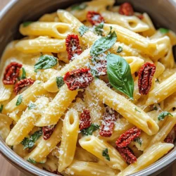 - 12 ounces pasta (penne or fusilli works great) - 1 cup sun-dried tomatoes, packed in oil, drained and chopped - 1 cup fresh basil, roughly chopped - 4 cloves garlic, minced - 2 tablespoons olive oil - 4 cups vegetable broth - 1 cup heavy cream or a dairy-free alternative - 1 teaspoon red pepper flakes (optional, for heat) - ½ cup grated Parmesan cheese or nutritional yeast for a vegan option - 1 teaspoon salt - 1 teaspoon black pepper This recipe shines with its main ingredients. The pasta gives the dish its body. Sun-dried tomatoes add a sweet, tangy flavor. Fresh basil brings a burst of green freshness. In the pantry, garlic and olive oil kick off the cooking with rich aromas. Vegetable broth serves as a flavorful base. For creaminess, you can use heavy cream or a dairy-free option. Seasonings elevate the taste. Red pepper flakes add a nice kick if you want heat. Parmesan cheese or nutritional yeast offers a savory finish. Salt and black pepper round out the dish beautifully. Each ingredient plays a role in making this one-pot pasta a delight. Enjoy the vibrant flavors and simple prep! To start, heat 2 tablespoons of olive oil in a large pot or deep skillet over medium heat. Once the oil is warm, add 4 cloves of minced garlic. Sauté the garlic for about 1 minute until it smells good, but be careful not to burn it. Next, add 1 cup of chopped sun-dried tomatoes. Stir them together for another minute. This step helps blend the flavors and creates a tasty base for your pasta. Now, pour in 4 cups of vegetable broth. Bring the mix to a boil. Then, season with 1 teaspoon of salt, 1 teaspoon of black pepper, and 1 teaspoon of red pepper flakes if you want a bit of heat. Add 12 ounces of your chosen pasta, like penne or fusilli. Stir well to combine everything. Lower the heat to medium-low and cover the pot. Cook for about 10–12 minutes, stirring occasionally. You want the pasta to be al dente and most of the liquid absorbed. Once the pasta is ready, reduce the heat further. Gently fold in 1 cup of heavy cream and ½ cup of grated Parmesan cheese. Stir until everything becomes creamy and well mixed. Finally, add 1 cup of roughly chopped fresh basil. Stir it through the pasta for about one more minute to wilt the basil. Taste the dish and adjust the seasoning if you need to. Then, remove it from the heat and enjoy your delicious pasta! - To cook pasta al dente, follow the package instructions carefully. Check the pasta a minute early to ensure it stays firm. - To prevent burning garlic, keep the heat medium and watch it closely. Stir often for even cooking. - For a beautiful finish, garnish your dish with fresh basil. A drizzle of olive oil adds flavor and a nice sheen. - Serve in bowls, and sprinkle a bit of Parmesan cheese on top for extra taste. - To boost flavors, try adding extra herbs like oregano or thyme. A pinch of smoked paprika can also add depth. - If you like heat, increase the red pepper flakes for a spicier kick. This small change can make a big difference. {{image_2}} To make this dish dairy-free, you can easily swap out the heavy cream and cheese. Use a dairy-free cream, like cashew or coconut cream. For the cheese, try nutritional yeast. It adds a nice cheesy flavor without any dairy. If you want extra protein, you can add chicken, shrimp, or beans. Cook chicken or shrimp in the pot before adding garlic. For beans, mix them in with the pasta. Each option makes the dish heartier and more filling. You can add seasonal vegetables for more color and nutrients. Spinach wilts nicely into the pasta. Zucchini brings a fresh crunch. Just chop them up and toss them in when you add the pasta. This adds flavor and makes the meal healthier. To store leftovers, let the pasta cool first. Place it in a clean, airtight container. Keep it in the fridge for up to three days. This helps keep the flavors fresh. When you’re ready to eat, check for any signs of spoilage. If it smells off or looks strange, it’s best to throw it away. You can freeze this pasta dish too! First, let it cool completely. Then, place it in a freezer-safe bag or container. Make sure to remove as much air as possible. This keeps the pasta from getting freezer burn. You can freeze it for up to three months. Label the bag with the date so you know when to use it. To reheat, use the stove or microwave. If using the stove, add a splash of broth or water to help it heat evenly. Stir often to avoid sticking. For the microwave, place it in a bowl with a lid. Heat in short bursts, stirring in between. This keeps the pasta creamy and tasty. Avoid reheating more than once for the best quality. You can store this pasta in the fridge for about three days. Make sure to keep it in an airtight container. This helps keep the flavors fresh and tasty. If you want to enjoy it later, just reheat it on the stove or in the microwave. Yes, you can prepare this dish ahead of time. Cook the pasta, then let it cool. Place it in the fridge until you're ready to eat. When you're ready, reheat it gently on the stove. Add a little water or broth to keep it moist. If you don’t have sun-dried tomatoes, you can use roasted red peppers or fresh tomatoes. Roasted red peppers give a sweet taste, while fresh tomatoes add brightness. Each option changes the flavor a bit, but they all work well in this dish. This blog post covered how to make One-Pot Sun-Dried Tomato Basil Pasta. We explored main ingredients like pasta, sun-dried tomatoes, and fresh basil. We shared tips on cooking, flavor enhancements, and serving suggestions. You learned about variations for dairy-free options and protein additions. Finally, we discussed proper storage and reheating methods. Cooking can be fun and easy. Enjoy this dish and feel free to make it your own!