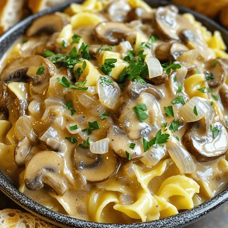 - 1 pound sliced mushrooms (cremini or button) - 1 chopped onion and 3 cloves minced garlic - 2 cups vegetable broth - 1 tablespoon soy sauce - 1 tablespoon Worcestershire sauce - 1 teaspoon dried thyme - 1 teaspoon paprika - 1/2 teaspoon black pepper - 1 cup sour cream (or a dairy-free alternative) - 3 tablespoons cornstarch mixed with 3 tablespoons water - 8 oz egg noodles or gluten-free pasta - Fresh parsley for garnish This dish shines with its rich flavors. The mushrooms are the star, bringing earthiness. I love using cremini or button mushrooms for their great taste. The onion and garlic add depth. They create the perfect base. The vegetable broth gives the dish a warm, savory taste. Soy sauce and Worcestershire sauce add umami. These ingredients make the sauce more robust. Spices play a big role here. Thyme brings a hint of freshness. Paprika adds warmth and a little color. Black pepper gives it a nice kick. Sour cream is key for creaminess. It adds richness that makes each bite delightful. The cornstarch mixture thickens the sauce, giving it a nice texture. Egg noodles or gluten-free pasta are perfect for soaking up the sauce. They create a comforting meal. Don't forget fresh parsley! It adds a pop of color and brightness to the dish. Start by adding the sliced mushrooms, chopped onion, and minced garlic to your slow cooker. Next, pour in the vegetable broth, soy sauce, and Worcestershire sauce. These liquids will give the dish a rich flavor. Then, sprinkle in the dried thyme, paprika, and black pepper. Stir everything together to mix well. This step is key to ensure all the flavors blend nicely. Now, cover the slow cooker. Set it to low for about 4 hours or high for 2 hours. The choice depends on your schedule. While cooking, check the mushrooms for tenderness. They should be soft and full of flavor when done. This is a great time to enjoy the wonderful aroma filling your kitchen. Once the cooking time is up, it’s time to make it creamy. Stir in the sour cream and the cornstarch mixed with water. This will thicken the sauce and make it smooth. Cook on high for an extra 30 minutes. Meanwhile, prepare your egg noodles according to the package directions. After they are cooked, drain them and set aside. Finally, combine the cooked noodles with the mushroom mixture. Stir gently to coat the noodles in the creamy sauce. Enjoy the burst of flavors! To boost flavor, try adding a splash of lemon juice. It adds a nice zing. You can also mix in fresh herbs like thyme or basil. These herbs give a fresh taste. Adjust the salt and pepper to fit your taste. Don't be shy about trying new spices! For creaminess, sour cream is key. You want to mix it well with the sauce. If you want a lighter option, use a dairy-free alternative. Adding a little more cornstarch will help thicken the sauce if needed. When cooking mushrooms, make sure to slice them evenly. This helps them cook at the same rate. Place them in the slow cooker first. The moisture from the mushrooms helps create a rich sauce. For egg noodles, cook them until they are al dente. This means they should be firm, not mushy. Follow the package instructions closely. After cooking, drain them well. This step keeps the dish from becoming watery. Once the sauce is thick, gently stir in the noodles. This mixes everything perfectly. {{image_2}} For those avoiding dairy, you can use cashew cream or coconut yogurt in place of sour cream. Both options give a creamy texture without dairy. Look for unsweetened versions to keep the flavor balanced. If gluten is a concern, opt for gluten-free pasta. Many brands offer tasty alternatives made from rice or quinoa. Ensure the pasta cooks well and holds its shape in the dish. You can boost the taste of your stroganoff with extra ingredients. Adding fresh spinach during the last hour of cooking adds color and nutrients. Different mushrooms, like shiitake or portobello, can bring unique flavors. If you like heat, try a splash of hot sauce or some red pepper flakes. Fresh herbs like basil or chives can also enhance the dish. All of these options let you make the recipe your own! To store your creamy mushroom stroganoff, let it cool first. Place the leftovers in an airtight container. You can keep it in the refrigerator for up to 3 days. Make sure to label the container with the date. This way, you will know when to enjoy it again. When it's time to eat your leftovers, reheat carefully. The best way is to use the stove. Just add a splash of water or broth to the pan. This helps keep the sauce creamy. Stir gently over low heat until warmed through. To avoid mushy noodles, keep them separate if possible. You can reheat the noodles in hot water for a minute. Then, mix them back in with the stroganoff. This way, they stay firm and tasty. Enjoy your meal just like the first time! Can I make this dish vegan-friendly? Yes, you can make this dish vegan. Use a dairy-free sour cream and a vegan Worcestershire sauce. You can also swap the egg noodles for gluten-free pasta. What can I serve with mushroom stroganoff? Mushroom stroganoff goes well with many sides. You can serve it with crusty bread, a fresh salad, or steamed vegetables. These options add crunch and color to your meal. How can I thicken the sauce further? To thicken the sauce, mix more cornstarch with water. Stir this mix into the sauce and cook on high for a few minutes. You can also let it sit for a bit to thicken naturally. Is it possible to freeze mushroom stroganoff? Yes, you can freeze mushroom stroganoff. Let it cool completely, then transfer it to an airtight container. It can last up to three months in the freezer. Just reheat it gently on the stove or in the microwave. This blog post covered how to create a creamy mushroom stroganoff using a slow cooker. We detailed the key ingredients, step-by-step instructions, and tips for enhancing flavor and texture. You can also explore variations for dietary needs and proper storage methods. In conclusion, I hope you find joy in making this dish. It's easy, tasty, and flexible. Experiment with flavors to make it your own. Enjoy your cooking!