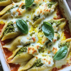 For these tasty stuffed shells, you need: - 20 large pasta shells - 1 cup ricotta cheese - 1 cup fresh basil pesto - 1/2 cup grated Parmesan cheese - 1 cup shredded mozzarella cheese - 1 egg - Salt and pepper to taste - 2 cups marinara sauce - Fresh basil leaves for garnish When cooking, measure each ingredient carefully. Use a kitchen scale for precision. Here are some helpful tips: - Pasta shells: Choose large shells for easy filling. Cook them until they are al dente to avoid mushiness later. - Ricotta cheese: Use whole milk ricotta for a rich flavor. - Pesto: Fresh basil pesto gives the best taste. You can buy it or make your own. - Cheese: Grate Parmesan yourself for better flavor. Pre-grated cheese may have fillers that affect texture. - Egg: The egg binds the filling well. Ensure it's fresh for the best results. - Salt and pepper: Always season to taste. Start with a small amount, then adjust. This meal offers a balanced dose of nutrients. A serving contains: - Calories: Approximately 450 - Protein: 25g - Fat: 20g - Carbohydrates: 45g - Fiber: 3g These shells are filling and provide energy for the day. Enjoy them as a hearty dinner option! Start by preheating your oven to 375°F (190°C). This ensures the shells cook evenly. Next, bring a large pot of salted water to a boil. Add 20 large pasta shells to the pot. Cook them according to the package instructions until they are al dente. This usually takes about 8 to 10 minutes. Once done, drain the shells and let them cool. Cooling helps you handle them easily later. In a mixing bowl, add 1 cup of ricotta cheese. Then, mix in 1 cup of fresh basil pesto. You can use store-bought or homemade pesto. Next, add 1/2 cup of grated Parmesan cheese for extra flavor. Crack in 1 egg to help bind everything together. Season with a pinch of salt and pepper. Stir the mixture until it is smooth and well combined. Spread 1 cup of marinara sauce on the bottom of a baking dish. This adds moisture and flavor to the shells. Take each cooled pasta shell and fill it with about a tablespoon of the ricotta mixture. Place the filled shells seam-side up in the dish. Once all shells are filled, pour the remaining marinara sauce over the top. Sprinkle 1 cup of shredded mozzarella cheese to add a cheesy layer. Drizzle the last 1/2 cup of basil pesto over the top for more flavor. Cover the dish with aluminum foil and bake for 25 minutes. After that, remove the foil and bake for an additional 10 minutes. You want the cheese to be bubbly and golden. Once done, take the dish out of the oven and let it cool for a few minutes. Finish by garnishing with fresh basil leaves before serving. Enjoy your flavorful dinner delight! Cook pasta shells until they are al dente. This means they should be firm but not hard. Always add salt to the boiling water. Salt enhances the pasta's flavor. Follow the time on the package for best results. Once cooked, drain the shells and let them cool. This helps to avoid burns when filling them. Use fresh ingredients for the best taste. Mix ricotta with fresh basil pesto for a punch of flavor. Add grated Parmesan to deepen the taste. A pinch of salt and pepper brings all flavors together. If you like, toss in some garlic powder or crushed red pepper for extra kick. Always taste the filling and adjust as needed. Bake the stuffed shells covered for the first 25 minutes. This keeps them moist and allows the flavors to meld. Remove the foil for the last 10 minutes. This step lets the cheese bubble and turn golden. If the cheese isn’t browning, broil for a minute or two. Just watch closely so it doesn’t burn. Let the dish cool slightly before serving for the best texture. {{image_2}} You can change the filling in stuffed shells to match your taste. Try using spinach and feta for a Greek twist. Mix in cooked ground beef or turkey for a hearty option. If you prefer a vegetarian dish, consider using sautéed mushrooms and zucchini. You can also add herbs like thyme or oregano to boost flavor. If you lack ricotta cheese, try cottage cheese. It offers a similar texture. You can swap fresh basil pesto for sun-dried tomato pesto for a different flavor. For a dairy-free option, use a nut-based cheese. Don’t have Parmesan? Grated Pecorino Romano works well, too. Adjust the seasonings to fit your taste. While marinara sauce is classic, you can try other sauces. Alfredo sauce adds creaminess and richness. A light garlic and olive oil sauce gives a fresh taste. You can also use a homemade tomato sauce made with fresh herbs. Top with fresh basil or parsley for a pop of color. These options make your meal more exciting! After you enjoy your meal, store any leftover stuffed shells in an airtight container. This keeps them fresh for a few days. If you plan to eat them soon, refrigerate. They stay tasty for about 3 to 5 days. If you want to keep them longer, freezing is a good option. To reheat your stuffed shells, preheat the oven to 350°F (175°C). Place the shells in a baking dish. Add a splash of marinara sauce on top to keep them moist. Cover the dish with foil to prevent drying out. Bake for about 20 minutes or until warm. You can also use a microwave, but the oven keeps them crispier. To freeze your stuffed shells, let them cool completely first. Place them in a single layer on a baking sheet. Freeze until firm, then transfer to a freezer-safe bag. Label the bag with the date. They can last up to 3 months in the freezer. When ready to eat, thaw in the fridge overnight and follow reheating instructions. Yes, you can use store-bought pesto. It saves time and still tastes great. Look for a brand with fresh ingredients. You can find it in the pasta or sauce aisle. If you want a quick dinner, store-bought pesto is a good choice. You can use cottage cheese if you prefer. It has a similar texture and flavor. Greek yogurt is another option if you want a tangy taste. Just blend it to make it smooth. Cream cheese also works well if you want a richer filling. Check the cheese on top. It should be bubbly and golden. You can also insert a knife into the center. The filling should feel hot. If the shells are too firm, they need more time. Baking covered helps them cook evenly. In this blog post, we explored how to make tasty Pesto Ricotta Stuffed Shells. We covered the key ingredients, cooking tips, and a full step-by-step guide. You learned how to prepare, assemble, and bake these shells properly. We also shared tips to enhance flavor and texture, plus variations and storage info. Now, you can make this dish with confidence. Enjoy the tasty results and share them with family and friends!