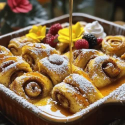 For this tasty dish, gather the following ingredients: - 2 cans of refrigerated cinnamon rolls - 5 large eggs - 1 cup milk (whole or 2%) - 1 teaspoon vanilla extract - 1 teaspoon ground cinnamon - ½ cup maple syrup - 1 tablespoon butter (for greasing the dish) - Optional: powdered sugar for dusting You can swap some ingredients if needed. For example: - Use almond milk or oat milk instead of regular milk for a dairy-free option. - Try brown sugar instead of maple syrup for a deeper flavor. - Use egg substitutes like flaxseed meal for a vegan option. When choosing cinnamon rolls, look for these qualities: - Choose fresh rolls from the bakery or refrigerated section for the best taste. - Check for rolls with plenty of cinnamon and icing; this adds flavor. - Avoid rolls that seem stale or dry. Freshness matters! Using quality ingredients ensures a better outcome in your Cinnamon Roll French Toast Bake. Enjoy the process! Start by preheating your oven to 375°F (190°C). This temperature helps the bake rise and brown nicely. Next, grab a 9x13-inch baking dish and grease it lightly with butter. This step prevents the bake from sticking. Now, open the cans of cinnamon rolls. Cut each roll into quarters. Place these pieces evenly in the greased dish. Make sure they are spread out well for even cooking. In a large mixing bowl, whisk together the eggs, milk, vanilla extract, ground cinnamon, and maple syrup. Mix until everything blends smoothly. Pour this egg mixture over the cinnamon roll pieces. Ensure every piece gets coated to absorb the flavor. Using a fork, press the cinnamon rolls gently into the mixture. This helps them soak up the egg custard. For added sweetness, you can break small pieces of the icing and sprinkle them on top. Place the baking dish in your preheated oven. Bake it for 25-30 minutes. The top should turn a nice golden brown. Set a timer to keep track of your time. To check if it’s done, insert a toothpick into the center of the bake. If it comes out clean, it’s ready. If not, let it bake for a few more minutes. Once it’s done, take it out of the oven and let it cool for about 5 minutes. For serving, dust the top with powdered sugar and drizzle more maple syrup over it. Enjoy your tasty Cinnamon Roll French Toast Bake! You can change the flavor of your bake easily! Try adding nuts like walnuts or pecans. They add crunch and taste. Dried fruits like raisins or cranberries work too. You could even mix in chocolate chips for a sweet touch. If you want a spicier kick, add more ground cinnamon or some nutmeg. For a twist, use flavored syrups, like caramel or hazelnut. One common mistake is not cutting the cinnamon rolls. Cutting them into quarters helps them soak up the egg mix better. Another mistake is skipping the greasing step. If you don’t grease the dish, your bake might stick. Be sure to check your oven temperature too. An oven that’s too hot can burn the top before the inside cooks. Serving your cinnamon roll French toast bake can be fun! Cut it into squares and serve warm. Drizzle with extra maple syrup for sweetness. A dusting of powdered sugar adds a nice touch. For color, add fresh berries or a dollop of whipped cream. This makes your dish look and taste amazing! {{image_2}} You can switch out the cinnamon rolls for other types of bread. Here are some great options: - Brioche: This sweet bread gives a rich taste. - Challah: Its soft texture makes it a favorite. - French bread: This adds a nice crunch. - Sourdough: This gives a tangy twist. - Plain white bread: Easy and always a classic choice. Each bread type brings its flavor. Choose what you love best! Adding more flavors makes this dish even better. Here are some fun ideas: - Fresh fruits: Berries, bananas, or apples add sweetness. - Nuts: Chopped walnuts or pecans add crunch. - Chocolate chips: For a sweet touch, sprinkle these on top. - Coconut flakes: They add a tropical feel. - Yogurt or whipped cream: Top with these for creaminess. Mix and match these options to suit your taste! Syrups and icings can change the whole dish. Try these options: - Honey: A natural sweetener that pairs well. - Caramel sauce: For a rich, sweet taste. - Fruit syrups: Like raspberry or blueberry for a fruity kick. - Cream cheese icing: A thicker, rich topping. - Nut butter: Drizzle peanut or almond butter for a nutty flavor. Explore these choices to find your favorite way to enjoy this bake! After you enjoy your Cinnamon Roll French Toast Bake, store any leftovers in an airtight container. Make sure to cool it down first, then cover it to keep it fresh. You can keep it in the fridge for up to three days. This way, you can enjoy it again without losing its lovely taste. When you're ready to eat the leftovers, you have a few simple options. You can microwave a portion for about 30 seconds to 1 minute. If you prefer, you can also reheat it in the oven. Preheat the oven to 350°F (175°C) and place the bake in for about 10-15 minutes. Cover it with foil to keep it moist while heating. If you want to save some for later, you can freeze it too! Cut the bake into squares and wrap each piece tightly in plastic wrap. Place them in a freezer bag or container. It can last in the freezer for up to three months. To eat, just thaw it in the fridge overnight and then reheat as mentioned above. This makes for an easy and tasty meal option anytime! You can use mashed bananas or applesauce. Use 1/4 cup of either for each egg. This keeps the bake moist and adds a sweet flavor. You can also try flaxseed meal. Mix 1 tablespoon of flaxseed with 2.5 tablespoons of water. Let it sit for a few minutes until it gels. This works well and is healthy too. Yes, you can! Prepare the dish the night before. Just follow the steps but stop before baking. Cover it and store it in the fridge. In the morning, take it out and let it sit for 15 minutes. Then, bake as usual. This saves time and makes mornings easier. To make this dish gluten-free, use gluten-free cinnamon rolls. Many brands offer tasty options now. Check for labels that say "gluten-free." You can also use gluten-free bread if you prefer. Just cut it into cubes and follow the same steps. This way, everyone can enjoy the bake! This blog post covered how to make a tasty Cinnamon Roll French Toast Bake. We talked about picking the best ingredients, clever swaps, and handy tips for great results. I shared step-by-step baking methods and how to check your dish for doneness. Lastly, we explored variations and storage options for leftovers. Enjoy this dish at breakfast or brunch. You can make it fit your taste and share it with friends or family. Happy baking!