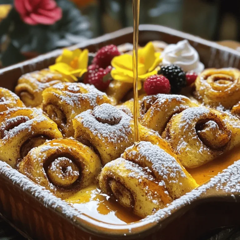 For this tasty dish, gather the following ingredients: - 2 cans of refrigerated cinnamon rolls - 5 large eggs - 1 cup milk (whole or 2%) - 1 teaspoon vanilla extract - 1 teaspoon ground cinnamon - ½ cup maple syrup - 1 tablespoon butter (for greasing the dish) - Optional: powdered sugar for dusting You can swap some ingredients if needed. For example: - Use almond milk or oat milk instead of regular milk for a dairy-free option. - Try brown sugar instead of maple syrup for a deeper flavor. - Use egg substitutes like flaxseed meal for a vegan option. When choosing cinnamon rolls, look for these qualities: - Choose fresh rolls from the bakery or refrigerated section for the best taste. - Check for rolls with plenty of cinnamon and icing; this adds flavor. - Avoid rolls that seem stale or dry. Freshness matters! Using quality ingredients ensures a better outcome in your Cinnamon Roll French Toast Bake. Enjoy the process! Start by preheating your oven to 375°F (190°C). This temperature helps the bake rise and brown nicely. Next, grab a 9x13-inch baking dish and grease it lightly with butter. This step prevents the bake from sticking. Now, open the cans of cinnamon rolls. Cut each roll into quarters. Place these pieces evenly in the greased dish. Make sure they are spread out well for even cooking. In a large mixing bowl, whisk together the eggs, milk, vanilla extract, ground cinnamon, and maple syrup. Mix until everything blends smoothly. Pour this egg mixture over the cinnamon roll pieces. Ensure every piece gets coated to absorb the flavor. Using a fork, press the cinnamon rolls gently into the mixture. This helps them soak up the egg custard. For added sweetness, you can break small pieces of the icing and sprinkle them on top. Place the baking dish in your preheated oven. Bake it for 25-30 minutes. The top should turn a nice golden brown. Set a timer to keep track of your time. To check if it’s done, insert a toothpick into the center of the bake. If it comes out clean, it’s ready. If not, let it bake for a few more minutes. Once it’s done, take it out of the oven and let it cool for about 5 minutes. For serving, dust the top with powdered sugar and drizzle more maple syrup over it. Enjoy your tasty Cinnamon Roll French Toast Bake! You can change the flavor of your bake easily! Try adding nuts like walnuts or pecans. They add crunch and taste. Dried fruits like raisins or cranberries work too. You could even mix in chocolate chips for a sweet touch. If you want a spicier kick, add more ground cinnamon or some nutmeg. For a twist, use flavored syrups, like caramel or hazelnut. One common mistake is not cutting the cinnamon rolls. Cutting them into quarters helps them soak up the egg mix better. Another mistake is skipping the greasing step. If you don’t grease the dish, your bake might stick. Be sure to check your oven temperature too. An oven that’s too hot can burn the top before the inside cooks. Serving your cinnamon roll French toast bake can be fun! Cut it into squares and serve warm. Drizzle with extra maple syrup for sweetness. A dusting of powdered sugar adds a nice touch. For color, add fresh berries or a dollop of whipped cream. This makes your dish look and taste amazing! {{image_2}} You can switch out the cinnamon rolls for other types of bread. Here are some great options: - Brioche: This sweet bread gives a rich taste. - Challah: Its soft texture makes it a favorite. - French bread: This adds a nice crunch. - Sourdough: This gives a tangy twist. - Plain white bread: Easy and always a classic choice. Each bread type brings its flavor. Choose what you love best! Adding more flavors makes this dish even better. Here are some fun ideas: - Fresh fruits: Berries, bananas, or apples add sweetness. - Nuts: Chopped walnuts or pecans add crunch. - Chocolate chips: For a sweet touch, sprinkle these on top. - Coconut flakes: They add a tropical feel. - Yogurt or whipped cream: Top with these for creaminess. Mix and match these options to suit your taste! Syrups and icings can change the whole dish. Try these options: - Honey: A natural sweetener that pairs well. - Caramel sauce: For a rich, sweet taste. - Fruit syrups: Like raspberry or blueberry for a fruity kick. - Cream cheese icing: A thicker, rich topping. - Nut butter: Drizzle peanut or almond butter for a nutty flavor. Explore these choices to find your favorite way to enjoy this bake! After you enjoy your Cinnamon Roll French Toast Bake, store any leftovers in an airtight container. Make sure to cool it down first, then cover it to keep it fresh. You can keep it in the fridge for up to three days. This way, you can enjoy it again without losing its lovely taste. When you're ready to eat the leftovers, you have a few simple options. You can microwave a portion for about 30 seconds to 1 minute. If you prefer, you can also reheat it in the oven. Preheat the oven to 350°F (175°C) and place the bake in for about 10-15 minutes. Cover it with foil to keep it moist while heating. If you want to save some for later, you can freeze it too! Cut the bake into squares and wrap each piece tightly in plastic wrap. Place them in a freezer bag or container. It can last in the freezer for up to three months. To eat, just thaw it in the fridge overnight and then reheat as mentioned above. This makes for an easy and tasty meal option anytime! You can use mashed bananas or applesauce. Use 1/4 cup of either for each egg. This keeps the bake moist and adds a sweet flavor. You can also try flaxseed meal. Mix 1 tablespoon of flaxseed with 2.5 tablespoons of water. Let it sit for a few minutes until it gels. This works well and is healthy too. Yes, you can! Prepare the dish the night before. Just follow the steps but stop before baking. Cover it and store it in the fridge. In the morning, take it out and let it sit for 15 minutes. Then, bake as usual. This saves time and makes mornings easier. To make this dish gluten-free, use gluten-free cinnamon rolls. Many brands offer tasty options now. Check for labels that say "gluten-free." You can also use gluten-free bread if you prefer. Just cut it into cubes and follow the same steps. This way, everyone can enjoy the bake! This blog post covered how to make a tasty Cinnamon Roll French Toast Bake. We talked about picking the best ingredients, clever swaps, and handy tips for great results. I shared step-by-step baking methods and how to check your dish for doneness. Lastly, we explored variations and storage options for leftovers. Enjoy this dish at breakfast or brunch. You can make it fit your taste and share it with friends or family. Happy baking!