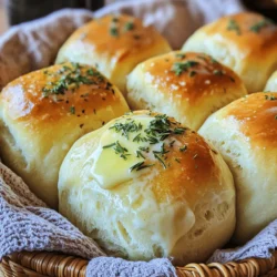 - 4 cups all-purpose flour - 2 tablespoons sugar - 2 teaspoons salt - 2 tablespoons instant yeast - 1 cup warm milk (about 110°F) - 1/2 cup unsalted butter, melted (plus extra for brushing) - 1/4 cup fresh herbs (such as rosemary, thyme, or parsley), finely chopped - 1 large egg - 1/4 teaspoon garlic powder (optional) - 1/4 teaspoon black pepper To make these buttery herb dinner rolls, gather these ingredients first. Each one plays a key role in creating soft, fluffy rolls. The all-purpose flour gives the rolls structure. Sugar adds a touch of sweetness. Salt enhances flavor, while yeast helps them rise. Warm milk activates the yeast. It also makes the dough soft. Butter adds richness, and fresh herbs bring bright, herbal notes. An egg provides moisture and helps bind the dough. Garlic powder and black pepper can add depth, but they are optional. - You can use whole wheat flour instead of all-purpose flour for a healthier option. - For a dairy-free choice, try almond or oat milk. - If you don’t have fresh herbs, dried herbs can work in a pinch, but use less. Using these substitutes can still yield great rolls. Experimenting with different options can lead to unique flavors that suit your taste. 1. Mixing dry ingredients Start with a large bowl. Whisk together 4 cups of all-purpose flour, 2 tablespoons of sugar, 2 teaspoons of salt, 2 tablespoons of instant yeast, 1/4 teaspoon of garlic powder, and 1/4 teaspoon of black pepper. Make sure everything is well mixed. 2. Preparing the wet mixture In a separate bowl, combine 1 cup of warm milk (about 110°F) and 1/2 cup of melted unsalted butter. Then, stir in 1 large egg until mixed well. 3. Combining and kneading dough Gradually pour the wet mixture into the dry mix. Stir until a sticky dough forms. Next, fold in 1/4 cup of finely chopped fresh herbs. Transfer this dough onto a floured surface. Knead it for 5-7 minutes until the dough is smooth and elastic. If it sticks, add a bit more flour. 1. First rise explanation Place the kneaded dough in a lightly greased bowl. Cover it with a clean kitchen towel. Let it rise in a warm spot for about 1 hour or until it doubles in size. 2. Punching down and shaping the dough Once the dough has risen, punch it down to release the air. Divide the dough into 12 equal pieces. Shape each piece into a ball. 3. Second rise details Arrange the dough balls in a greased 9x13 inch baking dish. Leave some space between each roll. Cover again with the towel, allowing them to rise for another 30-45 minutes until puffed. 1. Preparing for baking Preheat your oven to 350°F (175°C). Once the rolls finish rising, brush the tops with melted butter for a nice finish. 2. Brushing with butter Use a pastry brush to coat the tops of the rolls generously with melted butter. This step adds flavor and color. 3. Ideal baking time and temperature Bake in the preheated oven for 20-25 minutes. Watch for a golden brown color on top. Once done, remove from the oven and brush with more butter for an extra shine. Let them cool slightly before serving warm. To make fluffy dinner rolls, start with warm milk. The warmth wakes up the yeast. This helps the rolls rise well. Kneading is key. It develops gluten, which gives the rolls their soft texture. Knead the dough for about 5-7 minutes. It should feel smooth and elastic. If it sticks to your hands, add a bit of flour. For extra flavor, consider adding more herbs. Try basil, chives, or dill. You can also mix in spices like oregano or thyme. Brushing the rolls with garlic butter adds a rich taste. Simply melt butter and mix in garlic powder. Brush it on right before baking. When serving, place the warm rolls in a basket. Line the basket with a nice cloth. This keeps them warm and adds style. For a finishing touch, sprinkle chopped herbs or sea salt on top. These dinner rolls pair well with soups, stews, and salads. They make a great side for any meal. {{image_2}} You can mix many herbs to make these rolls special. For a classic flavor, use rosemary, thyme, or parsley. These herbs add a nice touch to your rolls. You can also try seasonal herbs like basil in summer or sage in fall. Each herb brings its own flavor, so feel free to experiment. Adding cheese can make your rolls even better. Cheddar adds a sharp taste, while feta gives a creamy feel. You can also create sweet rolls for the holidays. Just add some cinnamon and a bit of sugar for a festive twist. These options are great for gatherings or special meals. If you need gluten-free rolls, use a gluten-free flour blend. Make sure the blend has xanthan gum for the best texture. For a vegan option, swap the milk with almond milk and the egg with a flax egg. These changes keep the taste good while fitting different diets. To keep your buttery herb dinner rolls fresh, store them in an airtight container. This helps keep them soft. You can also wrap them in plastic wrap or aluminum foil. Avoid exposing them to air, as this can dry them out. Place the container in a cool, dry spot in your kitchen. If you want to keep them longer, the fridge works too. However, they might dry out a bit. Freezing your rolls is easy. First, let them cool completely. Then, wrap each roll in plastic wrap. After that, place them in a freezer bag. Remove as much air as you can before sealing. When you want to eat them, take out the rolls and let them thaw overnight in the fridge. To reheat, preheat your oven to 350°F (175°C). Heat the rolls for about 10-15 minutes until warm. At room temperature, these rolls stay fresh for about 2 days. If you keep them in the fridge, they last for about a week. For the best taste and texture, enjoy them fresh! If you freeze them, they can last up to 3 months. Always check for any signs of freezer burn before using frozen rolls. How long does it take to make these dinner rolls? Making these rolls takes about 2 hours. This includes prep and rising time. You spend 15 minutes mixing and shaping the dough. The first rise lasts 1 hour. The second rise takes 30-45 minutes. Finally, baking takes 20-25 minutes. Can I make the dough ahead of time? Yes, you can make the dough ahead of time. After the first rise, cover it tightly. You can store it in the fridge for up to 24 hours. Just remember to let it come to room temperature before shaping. What can I do if my rolls are too dense? If your rolls are dense, check a few things. Make sure your yeast is fresh. If it has expired, the rolls may not rise well. Knead the dough enough to develop gluten. Lastly, ensure you let the dough rise fully. What types of herbs work best in the recipe? I love using fresh herbs like rosemary, thyme, and parsley. Each adds a unique flavor. You can mix and match to suit your taste. For a twist, try using fresh basil or dill. We covered the essential ingredients and steps to create fluffy, buttery herb dinner rolls. From mixing the dough to baking, I shared tips to enhance flavor and texture. Remember, fresh herbs and proper kneading make a big difference. You can also adjust the recipe to fit dietary needs. With storage and freezing tips, you can enjoy these rolls anytime. Get ready to impress your family and friends with your baking skills!