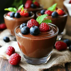 - 1 cup silken tofu, drained - 1/2 cup dark chocolate chips (dairy-free) - 1/4 cup maple syrup - 2 tablespoons cocoa powder - 1 teaspoon vanilla extract - A pinch of sea salt - 1/4 cup almond milk (or any plant-based milk) - Fresh berries and mint leaves for garnish (optional) Silken tofu gives our mousse its smooth and creamy texture. It blends well, making it perfect for this recipe. Dark chocolate chips are key for that rich chocolate flavor. Always choose dairy-free chips to keep it vegan. Maple syrup acts as our sweetener. It adds a deep flavor while keeping it plant-based. Cocoa powder brings in extra chocolate taste and richness. Vanilla extract enhances all the flavors, making them pop. A pinch of sea salt balances the sweetness and rounds out the flavors. Almond milk or any plant-based milk keeps the mousse creamy without dairy. If you're allergic to soy, try using avocado instead of silken tofu. It will still yield a creamy mousse. For those who can’t find dark chocolate chips, use vegan cocoa powder mixed with coconut oil. You can swap maple syrup for agave syrup if you prefer. If you need a nut-free option, use oat milk instead of almond milk. Always check labels to ensure all ingredients are vegan and free from allergens. First, you need dark chocolate chips for this mousse. Place 1/2 cup of the chips in a microwave-safe bowl. Heat them in the microwave for 30 seconds. After that, stir the chocolate. Repeat this until the chocolate is fully melted and smooth. Be careful not to burn it. Set the melted chocolate aside to cool slightly. Now, it’s time to blend everything together. In your blender or food processor, add the drained silken tofu. Next, pour in the melted chocolate, 1/4 cup maple syrup, 2 tablespoons cocoa powder, and 1 teaspoon vanilla extract. Don’t forget the pinch of sea salt and 1/4 cup of almond milk. Blend these ingredients until they are silky and smooth. You may need to stop and scrape down the sides to mix well. Taste the mousse. If you want it sweeter, add more maple syrup or cocoa powder. Once you finish blending, transfer the mousse into small cups or bowls. Cover them with plastic wrap or a lid. Place the mousse in the fridge for 1 to 2 hours. This helps it firm up nicely. When you're ready to serve, take it out and garnish with fresh berries and mint leaves. This adds a lovely touch of color and flavor. Enjoy your rich and smooth vegan chocolate mousse! To get the best mousse, start with silken tofu. Silken tofu gives the mousse a creamy feel. Make sure you drain it well before blending. Melt your dark chocolate slowly to avoid burning. Use a microwave or a double boiler. Blend all ingredients until smooth, scraping down the sides often. This helps mix everything well. The texture should be silky and rich. If it feels too thick, add a splash of almond milk. Taste is key in making a great mousse. The sweetness comes from maple syrup. Start with 1/4 cup, then taste. If you want it sweeter, add more syrup. You can also add more cocoa powder for a deep flavor. Just remember to mix well after each addition. This way, you’ll know exactly how sweet your mousse will be. Presentation makes your mousse even more special. Serve it in clear cups to show off the rich color. Top with fresh berries for a burst of color. Mint leaves add a nice touch too. You can also drizzle some melted chocolate on top. For a fun twist, try adding a layer of crushed cookies at the bottom of the cup. This adds crunch and makes it look fancy! {{image_2}} You can easily change the taste of your vegan chocolate mousse. Try adding a teaspoon of peppermint extract for a fresh kick. A tablespoon of espresso powder gives it a nice coffee flavor. Want something fruity? Use a few tablespoons of pureed berries. This will add a lovely twist to the mousse. Most people think vegan means dairy-free, but there are choices. Silken tofu is a great base, but you can also use avocado for a creamy texture. If you want a nutty flavor, try cashew cream. Both options are smooth and rich, just like silken tofu. How you serve this mousse can make it more fun. Use small cups or fancy glasses for a special touch. You can layer it with crushed cookies or fruit for a dessert parfait. For a fun twist, serve it in mason jars. Top with fresh berries and mint leaves for a bright look. To keep your vegan chocolate mousse fresh, store it in the fridge. Use airtight containers to prevent odors and moisture. You can cover the mousse with plastic wrap if you don't have containers. This method keeps it creamy for a longer time. Always let it cool completely before storing. This ensures it sets well. You can freeze vegan chocolate mousse for later use. Use freezer-safe containers or silicone molds. Divide the mousse into single servings for easy thawing. When ready to enjoy, take it out and let it thaw in the fridge overnight. This helps it retain its smooth texture. Avoid refreezing, as it affects the taste and quality. Vegan chocolate mousse lasts about 3 to 5 days in the fridge. Check for any changes in texture or smell. If it looks or smells off, it’s best to discard it. When frozen, it can last up to 2 months. Remember to label your containers with the date to track freshness. This vegan chocolate mousse is already gluten-free. The main ingredients, like silken tofu and dark chocolate chips, contain no gluten. Always check the label on your chocolate chips to confirm they are gluten-free. Most brands offer safe options. If you use pure cocoa powder, it is gluten-free too. Enjoy this mousse without any worries about gluten! Yes, you can use different sweeteners. Maple syrup is great, but agave syrup or coconut sugar also works well. Just keep in mind that each sweetener has its own taste. You may need to adjust the amount based on how sweet you like your mousse. Taste as you mix, and find your perfect sweetness! You can serve vegan chocolate mousse with many tasty toppings. Fresh berries like strawberries, raspberries, or blueberries add a nice touch. Mint leaves give a fresh flavor and a lovely look. A sprinkle of cocoa powder or crushed nuts also works well. You can even pair it with a scoop of vegan ice cream for extra fun! You have learned about making vegan chocolate mousse. We covered all the key ingredients, with notes on substitutions and allergens. I shared step-by-step instructions, from melting the chocolate to chilling the final dessert. Tips helped you achieve the best texture and sweetness. You now have ideas for variations and smart storage practices. Remember to experiment with flavors and serve it in fun ways. Enjoy your tasty creations and share them with friends!