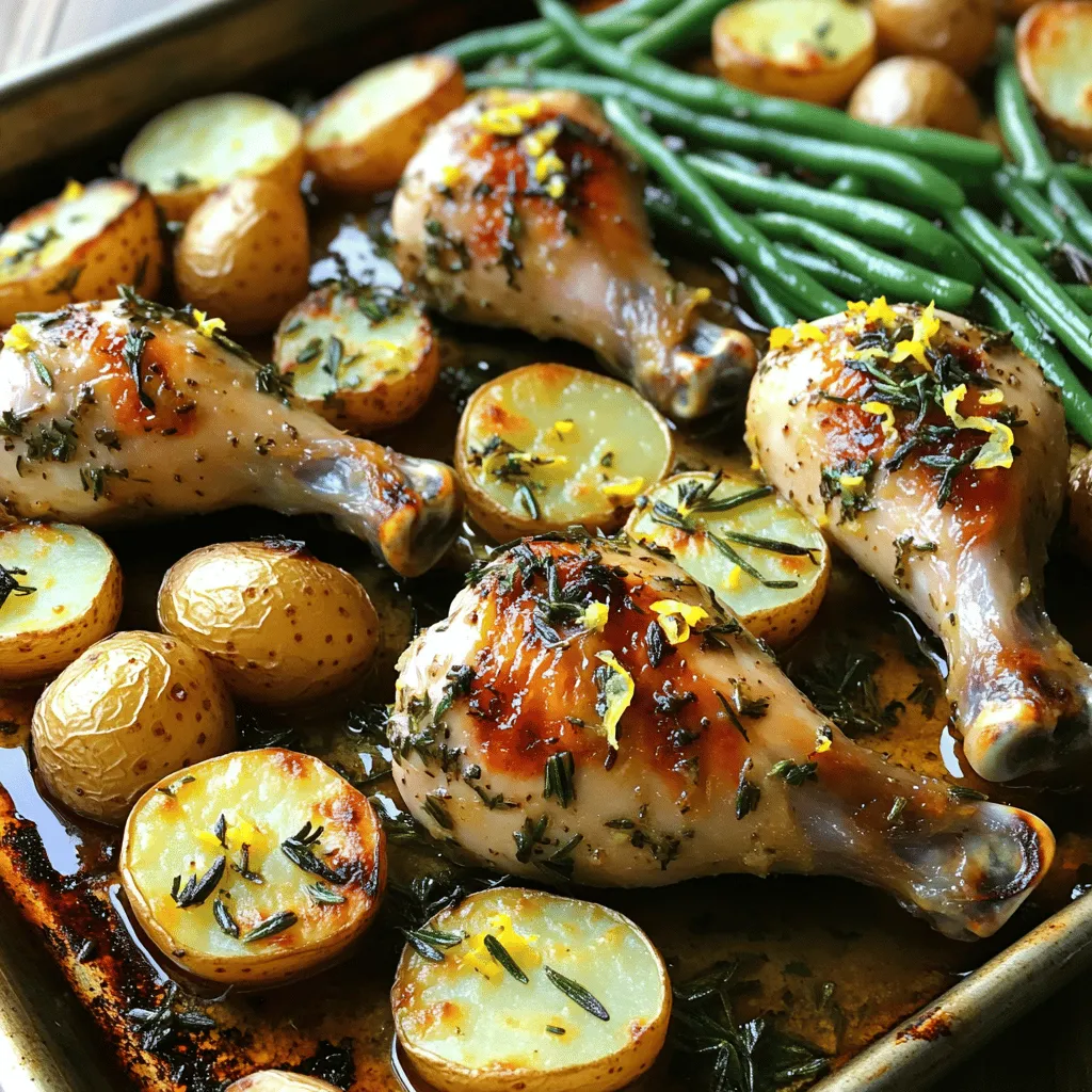 For this dish, you need 8 chicken drumsticks. They are juicy and full of flavor. Choose fresh chicken for the best taste. The skin will turn crispy and golden when roasted. Use 4 cloves of minced garlic for a bold taste. Add 1 tablespoon each of chopped rosemary, thyme, and parsley. These herbs bring life to the chicken. Their aroma fills your kitchen as they cook. You will need 1 pound of halved baby potatoes and 2 cups of trimmed green beans. Potatoes add heartiness, while green beans give a nice crunch. For seasoning, use 1 tablespoon of olive oil, the juice of 1 lemon, salt, and pepper to taste. The lemon juice brightens the dish. For an extra kick, add the zest of 1 lemon at the end. Start by gathering your ingredients. You need chicken drumsticks, garlic, fresh herbs, and olive oil. In a big bowl, mix minced garlic, chopped rosemary, thyme, parsley, olive oil, lemon juice, salt, and pepper. Stir it well. This mix is your marinade. Add the chicken drumsticks to the bowl. Make sure each piece is covered in the marinade. Let it sit for at least 15 minutes. You can also marinate overnight for more flavor. While the chicken marinates, prepare your sheet pan. Grab a large sheet pan and add halved baby potatoes. Drizzle them with olive oil, salt, and pepper. Toss the potatoes around to coat them. This step helps them cook evenly. Spread the potatoes out so they have space. This helps them get crispy. Preheat your oven to 425°F (220°C). Place the marinated chicken drumsticks on the sheet pan with the potatoes. Make sure they are not too crowded. Now, put the pan in the oven and roast for 20 minutes. After that, add trimmed green beans to the pan. Toss everything gently to mix. Return the pan to the oven for another 15 to 20 minutes. Check if the chicken is cooked. The juices should run clear, and the inside should reach 165°F (75°C). Once done, take the pan out and sprinkle lemon zest over the dish. This adds a fresh taste. Let it rest for a few minutes before serving. Enjoy your meal! To make your marinade shine, use fresh herbs. I love using rosemary, thyme, and parsley. They add great flavor to the chicken. Mix the minced garlic with olive oil and lemon juice. This combo brings out the best in the meat. Let the chicken soak in the marinade for at least 15 minutes. If you have more time, marinate it overnight. This makes the chicken taste even better! For crispy skin, space the drumsticks well on the pan. Crowding them can trap steam, making them soggy. Before roasting, pat the skin dry with a paper towel. This helps the skin crisp up nicely. Broil the drumsticks for the last few minutes if you want extra crunch. Just watch closely to avoid burning! Cooking time may vary based on your oven and drumstick size. Start with 20 minutes at 425°F. Then, add the green beans and roast for 15-20 more minutes. Check the chicken with a meat thermometer. It should reach 165°F to be safe. If you have larger drumsticks, add a few extra minutes. Always trust your thermometer for the best results! {{image_2}} You can change the herbs to suit your taste. Try using basil or oregano for a twist. You can also mix in some dill for a fresh taste. Each herb brings its own flavor to the dish. This flexibility lets you enjoy the recipe in new ways. Experiment with dried herbs if fresh ones are not available. Just use less of them since dried herbs are stronger. You can switch out the baby potatoes and green beans for other veggies. Carrots, bell peppers, and zucchini work great. Just cut them into similar sizes for even cooking. Root vegetables like sweet potatoes add natural sweetness. This allows you to use what you have on hand. Mixing in a variety of vegetables makes the dish colorful and tasty. If you like heat, add some red pepper flakes to the marinade. You can also use a spicy sauce like Sriracha. Start with a small amount and taste as you go. This way, you can find the right heat for your palate. For a milder taste, skip the spicy additions. Your garlic herb chicken will still taste amazing without the heat. Store any leftover garlic herb chicken drumsticks in an airtight container. They will stay fresh for up to three days. Place the chicken and veggies in the fridge as soon as they cool down. This helps keep them safe to eat later. Before serving again, check for any off smells or changes in color. To freeze the drumsticks, first let them cool. Place them in a freezer-safe bag or container. Be sure to remove as much air as possible. They can last up to three months in the freezer. When you're ready to eat, thaw them in the fridge overnight. This keeps the texture nice. You can reheat the chicken drumsticks in the oven for best results. Preheat your oven to 350°F (175°C). Place the chicken on a baking sheet and cover it with foil. Heat for about 15-20 minutes or until warm. You can also use a microwave, but the skin won't be as crispy. Just heat for 2-3 minutes, checking to make sure it is hot throughout. Enjoy the flavors! Yes, you can marinate the chicken overnight. This gives the drumsticks a deeper flavor. The longer they sit in the marinade, the better they taste. Just remember to cover the bowl with plastic wrap. This keeps the chicken fresh and full of flavor. You can serve garlic herb chicken drumsticks with many sides. Here are some great options: - Creamy mashed potatoes - Rice pilaf - A fresh green salad - Roasted carrots or zucchini These sides balance well with the chicken's rich taste. They add color and nutrition to your meal. To check if the chicken is fully cooked, use a meat thermometer. Insert it into the thickest part of the drumstick. The temperature should reach 165°F (75°C). You can also cut into the chicken. The juices should run clear, not pink. If they are clear, your chicken is ready to eat. You learned how to make tasty garlic herb chicken drumsticks. We covered all the key steps, from marinating to cooking. You can spice it up with different herbs or veggies. Remember to store leftovers properly for later meals. With these tips, you'll make juicy drumsticks every time. Enjoy your cooking and happy eating!