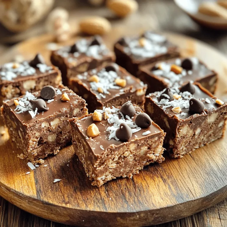 - 1 cup rolled oats - 1 cup natural peanut butter - 1/2 cup honey or maple syrup - 1/2 cup dark chocolate chips - 1/4 cup unsweetened cocoa powder - 1/2 teaspoon vanilla extract - A pinch of salt You can add fun toppings to make these squares even better. Here are some ideas: - Chopped nuts, like almonds or walnuts - Shredded coconut for extra flavor - More chocolate chips for a rich treat These ingredients pack a lot of health benefits. - Rolled oats: They give you fiber and help keep you full. - Natural peanut butter: It has healthy fats and protein for energy. - Honey or maple syrup: These sweeteners provide quick energy and taste great. - Dark chocolate chips: They add antioxidants and a touch of sweetness. - Cocoa powder: It is rich in minerals and brings a deep chocolate flavor. Using these ingredients helps you make a tasty and nutritious snack! Start by gathering your dry ingredients. You need 1 cup of rolled oats, 1/4 cup of unsweetened cocoa powder, and a pinch of salt. Place these in a large mixing bowl. Use a spoon to mix them well. This step is key. It ensures the cocoa powder blends evenly with the oats. This mix adds rich flavor and texture to your squares. Next, we’ll make the peanut butter mixture. In a small saucepan, measure 1 cup of natural peanut butter and 1/2 cup of honey or maple syrup. Heat them over low heat. Stir them together until they become a smooth, warm mixture. Remove it from heat and add 1/2 teaspoon of vanilla extract. This vanilla adds a sweet, fragrant note that lifts the flavors. Now, pour the warm peanut butter mixture into the dry ingredients. Use a spatula or your hands to mix it thoroughly. Ensure everything combines well and forms clumps. Then, fold in 1/2 cup of dark chocolate chips, saving some for topping. Line an 8x8-inch baking pan with parchment paper. Pour the mixture into the pan. Press it down firmly using your hands or a spatula. Make sure to pack it evenly. If you want, sprinkle extra chocolate chips on top. Gently press them into the mixture. Refrigerate for at least 2 hours. This helps the squares set firmly. Once ready, lift them out using the parchment overhang and cut into squares. Enjoy this tasty treat! To get the best texture, use rolled oats. They give a great chewiness. Mix the dry ingredients well. This spreads the cocoa flavor evenly. When you warm the peanut butter, make sure it’s smooth. This helps it blend easily with the dry mix. Press the mixture firmly into the pan. This ensures they hold together well. Refrigerate for at least two hours. This step is key for a firm square. You can switch out honey for maple syrup if you want a vegan option. Almond butter or cashew butter can replace peanut butter for a different taste. If you don’t have dark chocolate chips, you can use milk chocolate. You can also leave them out for a lower sugar option. For a gluten-free version, ensure your oats are certified gluten-free. These small changes can still give you tasty squares. Serve these squares on a nice platter. You can top them with chopped nuts or shredded coconut. This adds nice crunch and flavor. For a fun twist, drizzle melted chocolate over the top before serving. Pair them with a glass of cold milk or a hot cup of coffee. This makes the snack even more delightful. Enjoy these squares as a quick snack, dessert, or even breakfast on the go. {{image_2}} You can easily switch the peanut butter for other nut butters. Almond butter, cashew butter, or sunflower seed butter work great. Each nut butter adds a unique flavor. Almond butter gives a nutty twist, while sunflower seed butter is nut-free and still tasty. To amp up the flavor, try adding spices. A dash of cinnamon adds warmth and depth. You can also use a pinch of sea salt to enhance sweetness. Nutmeg brings a cozy taste, while a hint of cayenne can give a mild kick. Experiment with different spices to find your favorite mix! For a healthier treat, swap honey for agave or maple syrup. These options lower the glycemic index. You can also use gluten-free oats to make the recipe safe for those with gluten issues. If you want fewer sugars, try using mashed bananas or applesauce as a sweetener. They add moisture and natural sweetness without refined sugars. To keep your Chocolate Peanut Butter Oat Squares fresh, store them in an airtight container. This prevents moisture and keeps them from drying out. You can place parchment paper between layers to avoid sticking. Make sure to keep them in a cool, dry spot. These oat squares can last about one week at room temperature. If you store them in the fridge, they can last up to two weeks. Just remember to check for any signs of spoilage, like an off smell or change in texture. If you want to keep them longer, freezing is a great option. Cut the squares and wrap each piece in plastic wrap. Place the wrapped squares in a freezer bag or container. They can last up to three months in the freezer. When you're ready to enjoy them, just take a square out and let it thaw in the fridge or at room temperature. Yes, you can use quick oats. They will make the squares softer. Quick oats absorb more liquid than rolled oats. If you use them, the texture will change slightly. The squares may also set a bit differently. Yes, you can use maple syrup instead of honey. Maple syrup is sweet and works well. It gives a nice flavor while keeping it vegan. You can also try agave syrup for a similar taste. To keep the squares soft, do not over-press them into the pan. Press just enough to hold them together. Make sure to use enough peanut butter and syrup. You can also store them in the fridge for a shorter time. Yes, you can add protein powder. Just mix it in with the dry ingredients. Start with a small amount, like 1/4 cup. This will boost the nutrition without changing the taste much. This blog post covered key ingredients, step-by-step instructions, and helpful tips for making your snack squares. You now know how to choose the best ingredients and achieve the right texture. Variations help you customize flavors based on your taste. Good storage keeps them fresh for longer. Remember, the right choices make a big difference, whether you want to add protein or avoid gluten. Enjoy making these tasty squares that fit your needs!