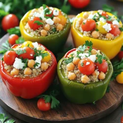 - 4 large bell peppers (any color) - 1 cup quinoa, rinsed - 2 cups vegetable broth - 1 can (15 oz) chickpeas, drained and rinsed - 1 cup cherry tomatoes, halved - 1/2 cup black olives, sliced - 1/2 cup feta cheese, crumbled - 1/4 cup fresh parsley, chopped - 1 teaspoon dried oregano - 1 teaspoon smoked paprika - Salt and pepper to taste - 2 tablespoons olive oil - Juice of 1 lemon These ingredients make a colorful and tasty dish. Each item adds flavor and nutrition. The quinoa acts as a great base, while the peppers hold everything together. When choosing bell peppers, look for bright colors. They should feel firm and heavy in your hands. Avoid any soft spots or wrinkles. The color can vary from red, yellow, orange, or green. Each has a slightly different taste, so pick what you like best. If you do not have quinoa, you can use rice or couscous instead. Chickpeas can be swapped with black beans or lentils. If you want a dairy-free option, skip the feta cheese or use a plant-based version. For added crunch, consider adding nuts or seeds. Start by preheating your oven to 375°F (190°C). Take your bell peppers and cut off the tops. Remove any seeds and membranes inside. This step helps make room for the tasty filling. Lightly coat the outside of each pepper with olive oil. Place them upside down in a baking dish. This helps them cook evenly. In a medium saucepan, pour in 2 cups of vegetable broth and bring it to a boil. Once it boils, add 1 cup of rinsed quinoa. Cover the pot and reduce the heat to a simmer. Let it cook for about 15 minutes. The quinoa will absorb the broth and become fluffy. Check it to make sure all the broth is gone. In a large bowl, mix the cooked quinoa with the following ingredients: - 1 can (15 oz) chickpeas, drained and rinsed - 1 cup cherry tomatoes, halved - 1/2 cup black olives, sliced - 1/2 cup feta cheese, crumbled - 1/4 cup fresh parsley, chopped - 1 teaspoon dried oregano - 1 teaspoon smoked paprika - Salt and pepper to taste - Juice of 1 lemon Stir everything together until it’s well mixed. This mixture is full of flavor and nutrients. Now, spoon this yummy filling into each bell pepper, packing it tightly. Set the stuffed peppers upright in your baking dish. Cover with aluminum foil and bake for 25 minutes. After that, remove the foil and bake for an extra 15-20 minutes. You want the peppers to be tender and a bit charred on top. Once done, take them out and let them cool for a few minutes before serving. To bake the perfect stuffed peppers, start by preheating your oven to 375°F (190°C). Cut the tops off the peppers and remove the seeds. Lightly coat the outside with olive oil. This gives them a nice color and flavor. Place them upside down in a baking dish. This method helps them cook evenly. Using fresh herbs can really boost the taste. I love adding fresh parsley and lemon juice to my filling. Oregano and smoked paprika add depth too. You can also experiment with spices like cumin or chili powder for a kick. Just remember to taste as you go! Serve your stuffed peppers on a large platter for a great look. Garnish with extra chopped parsley and a drizzle of olive oil. Pair them with a simple salad or crusty bread. This makes a full meal that everyone will enjoy. You can even add a side of tzatziki for a refreshing touch. {{image_2}} You can easily make this dish vegan. Swap feta cheese for vegan cheese. Use vegetable broth to keep it plant-based. Chickpeas and quinoa provide great protein. You will still enjoy a tasty meal. Feel free to change up the filling. Try brown rice or farro for a different grain. Add black beans or lentils for more protein. Get creative with vegetables like zucchini or spinach. You can also mix in nuts for crunch. Give your stuffed peppers a global flair. For an Italian twist, add basil and marinara sauce. For a spicy kick, use chorizo and jalapeños. You could even try a Greek version with artichokes and tzatziki. Explore flavors from around the world! After enjoying your Mediterranean quinoa stuffed peppers, store the leftovers in an airtight container. Keep them in the fridge. They will last for about 3 to 4 days. Label the container with the date to keep track. This way, you won’t forget about your tasty meal. When you are ready to eat the leftovers, reheat them for the best taste. Place the stuffed peppers on a baking sheet. Heat your oven to 350°F (175°C). Cover them with aluminum foil to keep them moist. Bake for about 15 to 20 minutes. You can also microwave them. Just place the peppers on a microwave-safe plate. Heat for 1 to 2 minutes or until hot. If you want to save stuffed peppers for later, freezing is a good option. Let the peppers cool completely before freezing. Wrap each pepper tightly in plastic wrap. Then, place them in a freezer bag or container. They can last up to 2 to 3 months in the freezer. When you're ready to eat, thaw them in the fridge overnight. Reheat as mentioned above for a warm and delicious meal. Yes, you can use other grains. Brown rice, farro, or bulgur work well. Each grain adds a unique taste and texture. If you choose brown rice, remember it takes longer to cook. Adjust your cooking time accordingly. Peppers are done when they are tender and slightly charred. You can test them by piercing with a fork. They should feel soft but hold their shape. The filling will also be hot and bubbly, indicating they are ready to eat. You can pair stuffed peppers with a fresh salad. A simple green salad or a Greek salad complements them well. You might also serve them with pita bread or tzatziki sauce. These sides add flavor and balance to your meal. We explored how to make delicious Mediterranean quinoa stuffed peppers. First, I highlighted the key ingredients and offered tips on selecting the best bell peppers. Next, I outlined step-by-step instructions for preparing and cooking. I shared tips for perfect baking and enhancing flavors. We also discussed variations, including vegan options and different fillings. Finally, proper storage and reheating techniques were covered to keep your meal fresh. Enjoy experimenting with this recipe to make it your own!