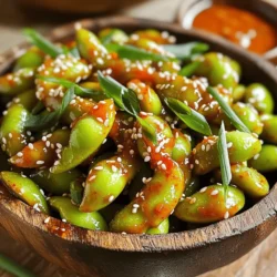 - 2 cups edamame (fresh or frozen) - 3 tablespoons sweet chili sauce - 2 cloves garlic, minced - 1 tablespoon sesame oil - 1 tablespoon soy sauce - 1 teaspoon rice vinegar - 1 teaspoon sesame seeds - Salt, to taste - Green onions, thinly sliced To make Sweet Chili Garlic Edamame, gather these fresh ingredients. Edamame is the star here, giving a nutty flavor and a fun texture. You can use fresh or frozen edamame. Both work great! The sweet chili sauce adds a delicious, sweet touch. Minced garlic brings a strong aroma and flavor that balances the sweetness. Next, we have sesame oil, soy sauce, and rice vinegar. Sesame oil gives a rich, nutty taste. Soy sauce adds savory depth. Rice vinegar brightens the dish with a hint of acidity. For garnishing, sesame seeds add crunch and flair. Salt enhances all the flavors. Green onions bring freshness and color, making this dish pop! These ingredients are easy to find and create a tasty snack or side. Grab them, and let’s move on to making this delicious treat! To start, you need to cook your edamame. If you have frozen edamame, follow the package instructions. For fresh edamame, bring a large pot of salted water to a boil. Add the edamame and cook for about 5 to 7 minutes. You want them tender but not mushy. Once done, drain the edamame and set them aside. Next, let’s whip up the sauce. In a small bowl, combine the sweet chili sauce, minced garlic, sesame oil, soy sauce, and rice vinegar. Use a whisk to mix everything well. This sauce is the star of the dish. The sweet chili sauce gives a nice kick, while the garlic adds depth. Now, it’s time to bring it all together. Heat the sauce in a large skillet over medium heat for about 2 to 3 minutes. Stir it occasionally to keep it from burning. Once hot, add the cooked edamame to the skillet. Toss them in the sauce so they get well coated. Cook for another 2 to 3 minutes. This warms the edamame and lets the flavors meld together. After that, remove the skillet from the heat. Sprinkle sesame seeds and salt to taste. Transfer the edamame to a serving bowl and garnish with sliced green onions. Enjoy your snack! To ensure edamame cooks evenly, follow these steps: - Use a large pot of boiling salted water. This helps the edamame cook fast and even. - If using frozen edamame, follow the package instructions. They usually cook in about 5-7 minutes. - For fresh edamame, check for tenderness after 5 minutes. You want them soft but firm. Avoid overcooking the sauce to keep the flavors bright. - Heat the sauce on medium heat, stirring often. This keeps it from burning or sticking. - Cook only for 2-3 minutes after mixing. The goal is to warm it, not to cook it through. For ideal presentation, serve the edamame in a rustic bowl. - A wooden bowl adds charm and warmth to your dish. - Place extra chili sauce on the side. This gives guests a chance to add more heat. Pair this snack with other dishes for a complete meal. - Serve alongside sushi, rice, or grilled meats. - It also goes well with a fresh salad or a light dip. To add spice, sprinkle chili flakes over the edamame. - This gives a nice kick and extra flavor. - Use just a pinch for a mild heat or more for a bolder taste. You can also incorporate other seasonings for a twist. - Try adding a splash of lime juice for freshness. - A dash of ginger can bring warmth and depth to the dish. {{image_2}} You can switch up the edamame with other beans. Black beans or chickpeas make great choices. They both add a different taste and texture. You can also adjust the sauce. Try adding some lime juice or honey for a twist. You can mix in some sriracha for extra heat. Just be careful not to make it too spicy! If you need a gluten-free option, you can use tamari instead of soy sauce. This keeps the flavor while making it safe for gluten-free diets. For vegans, all the ingredients are already vegan-friendly. Just ensure the sweet chili sauce you choose is plant-based. You can find many brands that meet this need. Incorporate seasonal veggies to change the dish. Fresh corn or bell peppers add color and crunch. You can stir-fry them with the edamame for a lovely mix. Serving the edamame hot is classic, but it’s also tasty cold. A chilled version makes a great summer snack. To keep your Sweet Chili Garlic Edamame fresh, store it in the fridge. Place the edamame in an airtight container. This method keeps moisture in and prevents drying out. Make sure to eat it within 3 days for the best taste. When it's time to enjoy your leftovers, there are easy ways to reheat edamame. You can use a microwave or a skillet for the best results. If you use the microwave, heat it in short bursts. Check every 30 seconds to avoid overcooking. If you prefer a skillet, warm it on medium heat. Stir gently to keep the flavors intact. If you want to save some edamame for later, freezing is a great option. First, let the cooked edamame cool completely. Then, place them in a freezer bag. Squeeze out as much air as you can before sealing. To defrost, leave them in the fridge overnight. You can also warm them in a microwave. This method helps maintain their taste and texture. You can cook edamame in a few ways. If you have frozen edamame, follow the package instructions. Usually, it takes about 5-7 minutes in boiling water. For fresh edamame, bring a large pot of salted water to a boil. Add the pods and cook for 5-7 minutes. They should be tender but not mushy. After cooking, drain the edamame and set them aside. Yes, you can prepare Sweet Chili Garlic Edamame in advance. Cook the edamame and make the sauce. Store them separately in airtight containers in the fridge. You can keep the cooked edamame for up to three days. When ready to serve, heat them together in a skillet for 2-3 minutes. This way, they stay fresh and flavorful. Sweet Chili Garlic Edamame pairs well with many dishes. You can serve it with sushi, rice bowls, or grilled chicken. It also complements a salad or a light soup. For a fun twist, try it as a topping on a noodle dish. This snack can also stand alone as a healthy treat. Enjoy it with friends or at family gatherings! In summary, this post covered the ingredients needed for Sweet Chili Garlic Edamame and gave clear step-by-step instructions for cooking. I shared tips for serving, variations, and how to store leftovers. You can enjoy this dish hot or cold and adapt it to fit various diets. Remember, edamame is a tasty and healthy snack or side. Feel free to get creative with spices or toppings. With these insights, you’re ready to make your dish shine. Enjoy your cooking!